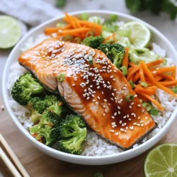 - 2 salmon fillets - 1 cup jasmine rice - 2 cups water or chicken broth - 1 cup broccoli florets - 1 carrot - 1/4 cup soy sauce - 2 tablespoons honey or maple syrup - 1 tablespoon rice vinegar - 1 teaspoon grated ginger - 2 cloves garlic, minced - 1 tablespoon cornstarch mixed with 2 tablespoons water - 1 teaspoon sesame seeds - 2 green onions, sliced - Salt and pepper to taste When I make Teriyaki Salmon Rice Bowls, I love using fresh ingredients. Salmon fillets are my go-to protein. They cook quickly and taste great. Jasmine rice provides a lovely base. It’s fluffy and slightly fragrant. For veggies, I choose broccoli and carrot. They add color and crunch. The sauce is where the magic happens. Soy sauce gives it umami. Honey adds sweetness. Rice vinegar balances the flavors. Grated ginger and minced garlic give it a kick. Cornstarch thickens the sauce just right. Do not forget the garnishes. Sesame seeds add a nutty crunch. Sliced green onions brighten the dish. A pinch of salt and pepper brings everything together. To see how to put it all together, check the Full Recipe. Each step makes the flavors shine. First, heat the sesame oil in a medium pot over medium heat. Add the broccoli florets and the julienned carrot. Sauté them for about 4 to 5 minutes. You want them tender but crisp. Once cooked, set them aside. Next, rinse the jasmine rice under cold water. Keep rinsing until the water runs clear. Then, in a pot, add the rinsed rice and water or chicken broth. Bring this to a boil. After boiling, reduce the heat, cover, and let it simmer for 15 minutes. Make sure the liquid absorbs fully. After that, fluff the rice with a fork and keep it covered while you prepare the salmon. For the teriyaki sauce, combine the soy sauce, honey or maple syrup, rice vinegar, grated ginger, and minced garlic in a small bowl. Mix it well. Pour this mixture into a saucepan and bring it to a simmer. Once it simmers, stir in the cornstarch mixed with water. Cook for 1 to 2 minutes until the sauce thickens. Set this aside as well. Now it's time for the salmon. In a non-stick skillet over medium-high heat, add a little extra sesame oil if you'd like. Season the salmon fillets with salt and pepper. Place them skin-side down in the skillet. Cook for 4 to 5 minutes, then flip them. Continue cooking for another 3 to 4 minutes, until the salmon is fully cooked and flaky. To assemble the bowls, add a scoop of jasmine rice to each bowl. Top each bowl with a salmon fillet, the sautéed broccoli, and carrots. Drizzle the teriyaki sauce generously over everything. Finally, sprinkle sesame seeds and sliced green onions on top. This adds a nice crunch and flavor to your dish. Enjoy your Teriyaki Salmon Rice Bowls! For the full recipe, check the earlier section. To cook salmon right, I recommend using a non-stick skillet or grill. Both methods keep the fish moist and tender. Start with a medium heat and let the salmon cook skin-side down. This helps the skin get crispy. Cook for about 4-5 minutes, then flip it. Cook for another 3-4 minutes until it flakes easily. To avoid overcooking, always watch the color change. Salmon should be a nice pink inside. If you see it turning gray, it’s cooking too much. Remove it from heat as soon as it’s cooked through. For fluffy rice, rinse jasmine rice until the water is clear. This removes extra starch. Use a 1:2 ratio of rice to water. Bring the water to a boil, then cover and lower the heat. Let it simmer for 15 minutes. After that, fluff it with a fork. This keeps the grains separate and light. If you can’t find jasmine rice, try basmati or brown rice. Both work well and have great flavor. Basmati gives a nutty taste, while brown adds a bit more texture. You can make the teriyaki sauce in advance. Store it in a jar in the fridge for up to a week. When you are ready to use it, just reheat it on low heat in a saucepan. If you want a vegan version, swap honey for maple syrup. It gives a similar sweetness. You can also use tamari instead of soy sauce for a gluten-free option. This way, everyone can enjoy the dish! For the full recipe, check the section above. {{image_2}} You can easily swap out the salmon. Try chicken, shrimp, or even beef. Each protein adds a unique taste. Chicken cooks fast and stays juicy. Shrimp brings a sweet, ocean flavor. Beef adds a rich, hearty bite. If you want a meat-free dish, use tofu or tempeh. Tofu soaks up flavors well. Tempeh has a nutty taste and a firmer texture. Both options work great in this bowl. Add veggies like bell peppers or snap peas for even more color and crunch. Want to spice things up? Add sriracha or chili flakes for heat. You can mix it into the sauce or drizzle it on top. For more depth, try adding teriyaki sauce with sesame or peanut sauce. These small changes can elevate your bowl to new heights. To keep your teriyaki salmon rice bowls fresh, follow these steps: - Store leftovers in airtight containers. - Let the food cool before sealing the containers. - Refrigerate within two hours of cooking. - Use the leftovers within 3 to 4 days for best taste. To reheat your rice and salmon, try these methods: - Use the microwave for quick reheating. - Place the rice and salmon on a microwave-safe plate. - Add a splash of water to keep it moist. - Cover with a damp paper towel to lock in steam. - Heat in short bursts of 30 seconds, stirring in between. - For a crispier salmon, use a skillet. - Heat on low, turning the salmon gently to avoid sogginess. If you want to save your teriyaki salmon rice bowls for later, follow these tips: - Cool the bowls completely before freezing. - Use freezer-safe containers or bags. - Label with the date for easy tracking. - Store in the freezer for up to 3 months. - To thaw, place in the fridge overnight. - Reheat as mentioned above for best results. Yes, you can use frozen salmon. Just make sure to thaw it first. Place the salmon in the fridge overnight. If you're short on time, seal it in a plastic bag and submerge it in cold water for about an hour. Once thawed, cook it just like fresh salmon. The cooking time remains the same. You have many options for side dishes. Here are a few ideas: - Steamed edamame - Cucumber salad - Miso soup - Pickled vegetables - Seaweed salad These sides will add freshness and crunch to your meal. To spice up the teriyaki sauce, add red pepper flakes. Start with 1/4 teaspoon for a mild heat. You can increase it based on your taste. Another option is to include sriracha or chili paste. Add about a teaspoon to the sauce for a nice kick. Check the salmon for color and texture. It should turn opaque and flake easily with a fork. The internal temperature should reach 145°F (63°C). If you don’t have a thermometer, just cut into the thickest part. If it looks flaky and light pink, it’s done. Yes, it can be gluten-free! Just use gluten-free soy sauce or tamari instead of regular soy sauce. Also, check any other sauce or broth for gluten. Most other ingredients in this recipe are gluten-free, making it easy to adapt. This blog covers a tasty Teriyaki Salmon Rice Bowl. We discussed the key ingredients, from salmon to broccoli, and sauce details. You learned step-by-step how to prepare, cook, and assemble your bowl. We also shared tips for perfect salmon and rice, plus storage info for leftovers. Remember, you can customize this dish with different proteins or flavors. Enjoy your cooking adventure!