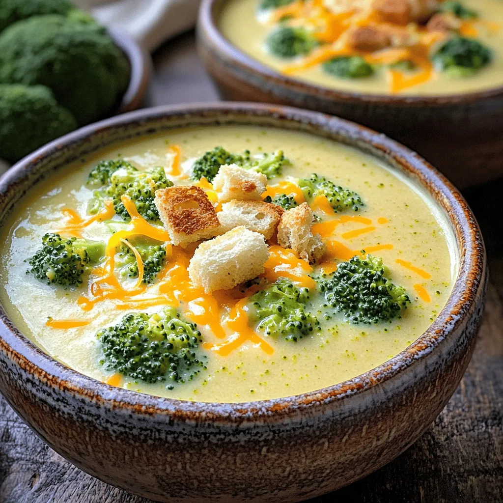 Let's gather our ingredients for the Easy Broccoli Cheddar Soup. Here’s what you need: - 4 cups fresh broccoli florets - 1 medium onion, chopped - 3 cloves garlic, minced - 2 tablespoons butter - 4 cups vegetable broth - 2 cups sharp cheddar cheese, grated - 1 cup heavy cream (or half-and-half for a lighter version) - 1 teaspoon mustard powder - Salt and pepper to taste - Optional: Croutons and extra cheese for topping Each ingredient plays a role. The broccoli gives us a fresh taste. The onion and garlic add rich flavors. Butter helps create a base for our soup. Vegetable broth adds depth. Sharp cheddar cheese brings the creaminess we love! The heavy cream makes it smooth, while mustard powder gives a subtle kick. Don't forget salt and pepper to enhance everything. You can add croutons or extra cheese on top for fun. For the full recipe, check out the details to make this creamy delight. To make easy broccoli cheddar soup, follow these simple steps. - Sauté onion and garlic: Start by melting 2 tablespoons of butter in a large pot over medium heat. Add 1 chopped onion and cook it for about 5 minutes until it turns soft and clear. Then, stir in 3 minced garlic cloves and cook for 1 more minute. This step brings out the great flavors. - Add broccoli and broth: Next, toss in 4 cups of fresh broccoli florets. Pour in 4 cups of vegetable broth. Stir everything well, then bring it to a boil. - Boil and simmer: Once it boils, reduce the heat. Let it simmer for about 15 minutes. This makes the broccoli tender and ready for blending. - Blend the soup: After the broccoli is tender, blend the soup. You can use an immersion blender right in the pot. If you do not have one, carefully transfer it to a regular blender in batches. Blend it until smooth or leave some chunks for texture. - Incorporate cheese and cream: Return the soup to low heat. Now, stir in 1 cup of heavy cream and 2 cups of grated sharp cheddar cheese. Add 1 teaspoon of mustard powder for extra flavor. Mix everything until the cheese melts and the soup is creamy. - Season to taste: Taste your soup. Add salt and pepper to make it just right for you. Adjust these to your liking. - Serve with toppings: Ladle the soup into bowls. Top with croutons and extra cheese if you want a little crunch and more flavor. You can find the full recipe above for more details! - Choosing the right cheese I love using sharp cheddar for this soup. It gives a rich and bold taste. You can also mix in Gruyère for a nutty flavor. Just make sure to shred it fresh for the best melt. - Adjusting the consistency Want a thicker soup? Add more cheese or a little less broth. For a thinner soup, simply add more broth or cream. Blend to your liking; smooth or chunky both work well. - Enhancing flavor with spices Adding spices can elevate your soup. Try a pinch of cayenne for heat or a sprinkle of paprika for depth. Don’t forget salt and pepper to bring out all the flavors. - Make-ahead options You can prepare this soup in advance. Just store it in the fridge for up to three days. Reheat gently on the stove. For a creamy texture, add a splash of cream while warming. Check out the Full Recipe for step-by-step guidance! {{image_2}} Customization brings fun to cooking. You can easily change this broccoli cheddar soup to suit your taste. - Add-ins like carrots or potatoes: Carrots add sweetness and color. Potatoes make the soup heartier. Dice them small for even cooking. - Different cheese options: While sharp cheddar is classic, mix it up! Try gouda for a smoky flavor. Monterey Jack can add a creamy touch. - Vegetarian vs. non-vegetarian versions: Use vegetable broth for vegetarian soup. If you want meat, add cooked chicken or bacon for extra flavor. - Spicy broccoli cheddar: Want some heat? Add a pinch of cayenne or red pepper flakes. You can also toss in jalapeños for a kick. These tweaks let you create your perfect bowl of soup. Get creative and enjoy! For the full recipe, check out the detailed steps above. After you enjoy your soup, store your leftovers well. - Refrigerating the soup: Let the soup cool down. Pour it into a sealed container. It lasts in the fridge for about three days. - Freezing guidelines: If you want to keep it longer, freeze the soup. Use a freezer-safe container. Leave some space at the top for expansion. It can stay frozen for up to three months. - Reheating tips: To reheat, thaw the soup in the fridge overnight. Heat on the stove over low heat. Stir often to avoid burning. If it seems too thick, add a splash of broth or cream to smooth it out. For the full recipe, check out the details above! Can I use frozen broccoli? Yes, you can use frozen broccoli. It is quick and easy. Just add it to the pot. Cook it until tender. Frozen broccoli can save time and still taste great. How can I make it dairy-free? To make this soup dairy-free, swap the heavy cream for coconut milk. Use a dairy-free cheese too. Almond milk works as a lighter option. Adjust the flavor as needed. What to serve with broccoli cheddar soup? Broccoli cheddar soup pairs well with crusty bread or a fresh salad. You can also serve it with grilled cheese. These options add texture and flavor to your meal. How long does the soup last in the fridge? This soup lasts in the fridge for about 3-4 days. Store it in an airtight container. Make sure it cools before putting it away. This helps keep it fresh. Can I make this in a slow cooker? Yes, you can use a slow cooker for this soup. Cook the broccoli, onion, garlic, and broth on low for 4-6 hours. Blend and add cheese and cream before serving. What is the best way to reheat broccoli cheddar soup? Reheat the soup on the stove over low heat. Stir often to prevent sticking. You can also use a microwave. Heat it in short bursts, stirring in between, for even warming. For the full recipe, check out the recipe section above. You learned how to make a tasty broccoli cheddar soup. We covered each step clearly. From the ingredients to the serving tips, this guide helps you create a delicious dish. Remember to try different cheeses and toppings for a fun twist. Storing your leftovers well will keep the soup fresh. With a few simple tricks, you can enjoy it over and over. So grab your pot and enjoy making this easy soup!