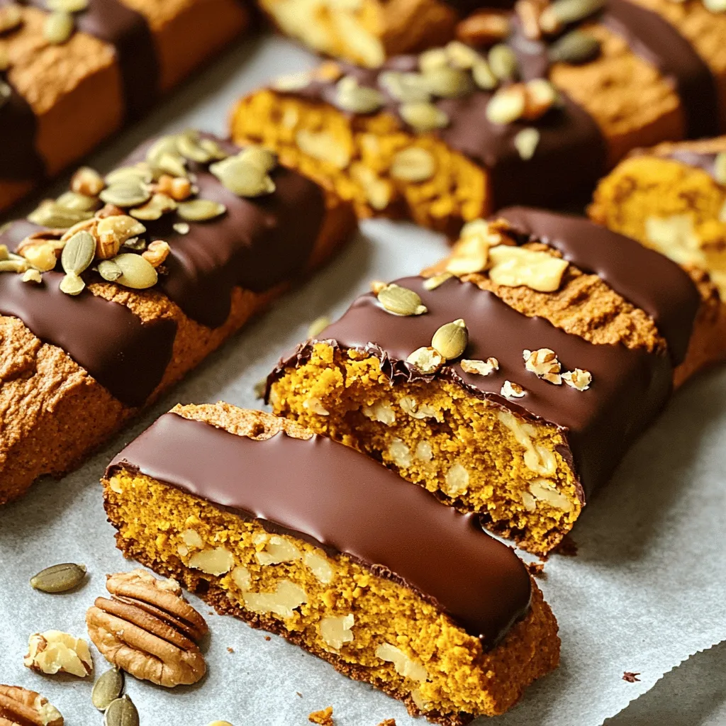 The right ingredients make all the difference in creating tasty Chocolate Dipped Pumpkin Biscotti. Here’s what you need to gather for this scrumptious treat: - 1 cup canned pumpkin puree - ¾ cup sugar - ½ cup vegetable oil - 2 large eggs - 2 teaspoons vanilla extract - 2 ½ cups all-purpose flour - 1 teaspoon baking powder - ½ teaspoon baking soda - 1 teaspoon ground cinnamon - ½ teaspoon ground nutmeg - ¼ teaspoon ground ginger - ½ teaspoon salt - 1 cup semi-sweet chocolate chips - Optional: Chopped nuts or pumpkin seeds for topping Canned pumpkin puree gives the biscotti a rich flavor and moisture. Sugar adds sweetness and helps create a nice crust. The vegetable oil keeps the biscotti tender. Eggs bind everything together and add structure. Vanilla extract brings warmth and depth. All-purpose flour provides the base, while baking powder and baking soda help the dough rise. Ground cinnamon, nutmeg, and ginger create that cozy fall flavor. Salt balances the sweetness. Semi-sweet chocolate chips provide the perfect chocolatey finish. You can add chopped nuts or pumpkin seeds for extra crunch if you like. Each ingredient plays a key role in making these biscotti a delightful treat. For the full recipe, check the details available. Start by preheating your oven to 350°F (175°C). This step is key to ensure even baking. Line a baking sheet with parchment paper. This helps prevent sticking and makes cleanup easy. In a large bowl, combine 1 cup of canned pumpkin puree, ¾ cup of sugar, ½ cup of vegetable oil, 2 large eggs, and 2 teaspoons of vanilla extract. Whisk these ingredients together until smooth. This mixture will bring moisture and flavor to your biscotti. In another bowl, mix 2 ½ cups of all-purpose flour, 1 teaspoon of baking powder, ½ teaspoon of baking soda, 1 teaspoon of ground cinnamon, ½ teaspoon of ground nutmeg, ¼ teaspoon of ground ginger, and ½ teaspoon of salt. Whisk these dry ingredients together. This blend gives the biscotti structure and spice. Gradually add the dry ingredients to the wet mixture. Stir gently until you see no dry flour. Do not overmix! Divide the dough into two equal parts. Shape each half into a log about 12 inches long and 3 inches wide. Place these logs on your prepared baking sheet with space in between. Bake the logs in your preheated oven for 25-30 minutes. They should look golden and firm when done. After baking, let them cool for about 15 minutes. This cooling time makes slicing easier. Once cooled, take a serrated knife and slice each log diagonally into 1-inch thick slices. Arrange the slices cut-side down on the baking sheet. Return them to the oven for another 15-20 minutes. This second bake makes them crisp and delightful. While the biscotti cool, melt 1 cup of semi-sweet chocolate chips. Use a microwave-safe bowl and heat in 30-second bursts, stirring in between. Once smooth, dip one end of each biscotti into the melted chocolate. Let the excess drip off. If you like, sprinkle chopped nuts or pumpkin seeds on top while the chocolate is still wet. Finally, place the dipped biscotti on parchment paper to let the chocolate set. For the full recipe details, check out the [Full Recipe]. To get the right texture, use fresh canned pumpkin puree. This makes your biscotti moist and flavorful. Mix the wet and dry ingredients until just combined. Overmixing can lead to tough biscotti. To achieve crispiness, slice the logs thinly. A serrated knife works best for clean cuts. Bake the sliced biscotti twice for that satisfying crunch. Store your biscotti in an airtight container. This keeps them fresh and tasty. They last up to two weeks at room temperature. You can also freeze them for longer storage. Just place them in a freezer bag, and they will be good for three months. When ready, thaw them at room temperature. Pair these biscotti with coffee or tea. They make a lovely treat for afternoon breaks. You can also gift them to friends. Put them in a pretty box, and they will love the thought. For extra flair, add a ribbon to the box. Enjoy sharing your delicious creation with others! {{image_2}} You can make these biscotti gluten-free! Just swap the all-purpose flour with a gluten-free blend. Look for one that works well in baking. You can use 2 ½ cups of this blend. Make sure it has xanthan gum in it, as it helps with texture. This swap keeps the taste and crunch you love. Want to spice things up? You can add more flavor! Try one teaspoon of pumpkin spice for a warm touch. You might also like to add a splash of almond extract or maple extract for a twist. As for the chocolate, you can use white chocolate or dark chocolate instead of semi-sweet. Each choice gives a new taste to your biscotti. If you need a nut-free version, that's easy! Just skip any nuts or seeds you might want to add on top. You can also use sunflower seeds or pumpkin seeds if you want a crunch without nuts. Look for chocolate that is nut-free, too. Enjoy the same great biscotti without worry! You can get a handy printable recipe card for chocolate dipped pumpkin biscotti. This card helps you keep all your ingredients and steps in one place. You can print it out or save it on your phone. This makes cooking easy and fun! Using the recipe card is simple. First, gather all your ingredients. The card lists everything you need. Next, follow the steps on the card. It gives you clear instructions, so you won’t miss any steps. You can check off each step as you go. This keeps you on track and makes cooking less stressful. Having a printable version offers many benefits. It allows you to save time while cooking. You won’t need to search your phone or computer for the recipe. Plus, you can jot down notes or changes for next time. If you like to cook with friends, a printed card helps everyone see the steps together. It's a fun way to share the joy of cooking! Store your biscotti in an airtight container. This keeps them fresh and crisp. You can also use wax paper between layers to avoid sticking. Biscotti can stay fresh for up to two weeks on the counter. Yes, you can make them ahead of time. Biscotti actually taste better after a day or two. Just store them as mentioned above. This makes them perfect for events or gifts. To make it dairy-free, simply swap the semi-sweet chocolate chips for dairy-free chocolate. You can also use plant-based oil instead of vegetable oil if needed. This keeps the flavor while fitting your diet. You can try white chocolate or even dark chocolate for a twist. Chopped nuts or pumpkin seeds add extra crunch. You could also sprinkle cinnamon sugar on top before baking for added flavor. The first bake takes about 25-30 minutes. After slicing, you will bake them again for 15-20 minutes. This two-step baking makes them crunchy and perfect for dipping. Yes, you can use homemade pumpkin puree or different brands. Just make sure it is pure pumpkin and not a pie filling. The flavor will be just as good, and it gives you options! This guide shares how to make tasty chocolate-dipped pumpkin biscotti. You learned about the key ingredients, step-by-step instructions, and helpful tips for perfect results. I covered variations for gluten-free, nut-free, and different flavors. Use the printable recipe card for easy access. Biscotti are great for sharing or a cozy treat with your favorite drink. Enjoy making this fun recipe and impress your friends with your baking skills!