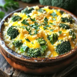 To make Cheesy Broccoli Rice Casserole, gather these ingredients: - 1 cup uncooked brown rice - 2 cups vegetable broth - 3 cups fresh broccoli florets - 1 cup sharp cheddar cheese, shredded - 1 cup cream cheese, softened - 1 cup milk - 1 small onion, finely chopped - 2 cloves garlic, minced - 1 teaspoon onion powder - 1 teaspoon garlic powder - Salt and pepper to taste - ½ teaspoon paprika - 1 cup breadcrumbs (optional, for topping) - 2 tablespoons olive oil Here’s a quick look at the health benefits of some key ingredients: - Brown Rice: This whole grain gives you fiber and energy. It helps keep you full and supports digestion. - Broccoli: Packed with vitamins C and K, broccoli boosts your immune system. It’s also rich in antioxidants that fight disease. - Cheddar Cheese: Offers protein and calcium, which are important for strong bones and muscles. - Cream Cheese: Adds creaminess and flavor. It also provides some fat, which helps absorb vitamins. - Olive Oil: A healthy fat that can help reduce heart disease risk. It has anti-inflammatory properties too. Choosing top-notch ingredients makes a big difference. Here’s how to find the best: - Broccoli: Look for bright green florets. They should be firm and free of yellow spots. - Onions: Pick onions that feel heavy for their size. The skin should be dry and papery. - Cheese: For the best flavor, choose blocks of cheese instead of pre-shredded. Fresh cheese melts better. - Rice: Check the package for whole grain brown rice. It should have no added ingredients. - Olive Oil: Choose extra virgin olive oil for its rich flavor and health benefits. For the complete recipe, refer to the Full Recipe section. To make Cheesy Broccoli Rice Casserole, start by preheating your oven to 350°F (175°C). In a medium saucepan, combine 1 cup of uncooked brown rice with 2 cups of vegetable broth. Bring it to a boil, then lower the heat to simmer. Cover and cook for about 30-35 minutes until the rice is tender and the broth is absorbed. While the rice cooks, heat 2 tablespoons of olive oil in a skillet over medium heat. Add 1 small finely chopped onion and 2 minced garlic cloves. Sauté for around 5 minutes, stirring often. You want the onion to become soft and fragrant. Next, add 3 cups of fresh broccoli florets to the skillet. Cook for an additional 5-7 minutes until the broccoli is tender but still bright green. In a large bowl, mix together the cooked rice, broccoli mixture, 1 cup of softened cream cheese, 1 cup of milk, half of the 1 cup of shredded sharp cheddar cheese, 1 teaspoon of onion powder, 1 teaspoon of garlic powder, ½ teaspoon of paprika, and salt and pepper to taste. Make sure everything is well combined. Transfer the mixture to a greased 9x13-inch baking dish. Spread it evenly. Top with the remaining cheddar cheese. If you want a crunchy topping, sprinkle 1 cup of breadcrumbs on top. Bake the casserole in your preheated oven for about 25-30 minutes. You’ll know it’s done when the cheese is melted, bubbly, and the top is slightly golden. This step is crucial for achieving that perfect cheesy crust. - Cooking Rice: Look for the rice to be fluffy and the broth fully absorbed. - Sautéing Onion and Garlic: Aim for a translucent onion and fragrant scent. - Broccoli Cooking: The florets should remain bright and vibrant. - Final Bake: The cheese should be melted and bubbly with a golden top. These steps will guide you through making a comforting and tasty Cheesy Broccoli Rice Casserole. For the complete recipe, you can refer to the Full Recipe section. To make the best cheesy broccoli rice casserole, follow these tips: - Cook the rice well: Use vegetable broth for added flavor. Make sure it is tender. - Sauté your veggies: This keeps the broccoli bright and tasty. Don't overcook them. - Mix well: Ensure all ingredients blend together for even flavor. - Use fresh cheese: Freshly shredded cheddar melts better than pre-shredded cheese. - Let it cool: Allow your casserole to sit before serving. This helps it set. Many make common errors which can ruin this dish. Here are some to watch for: - Under-cooking rice: It should be tender before mixing. - Too much cream cheese: Stick to one cup for balance. - Skipping seasonings: Use salt, pepper, and paprika to enhance flavors. - Not greasing the pan: This can lead to sticking and mess. - Over-baking: Keep an eye on it. You want bubbly cheese, not burnt edges. If you have dietary needs, consider these swaps: - Brown rice can be replaced with quinoa or cauliflower rice for a lighter option. - Cream cheese can be swapped with a dairy-free cream alternative. - Sharp cheddar can be replaced with mozzarella for a milder taste. - Milk can be replaced with almond or oat milk for a dairy-free version. - Breadcrumbs can be left out or replaced with crushed nuts for crunch. These tips will help you create a delicious and comforting cheesy broccoli rice casserole. For the full recipe, check the recipe section above. {{image_2}} Cheesy Broccoli Rice Casserole shines with cheese. You can use sharp cheddar for a bold taste. If you want something milder, try mozzarella. For a rich flavor, go for gouda. You can also mix cheeses for a fun twist. Consider adding parmesan for a salty kick. Each cheese brings its own flavor. Feel free to experiment based on your taste. Broccoli is great, but many veggies can add nutrition. Cauliflower is a fantastic swap. It has a similar texture and absorbs flavors well. You can also add carrots for sweetness. Spinach brings a nice color and extra vitamins. Peas can add a pop of color and taste. Just remember to adjust cooking times for softer veggies. You can make this dish vegan with simple swaps. Replace cream cheese with cashew cream or tofu. Use almond or oat milk instead of dairy milk. Choose a plant-based cheese for that cheesy goodness. For broth, use vegetable broth to keep it vegan. These changes keep the flavor while fitting a vegan diet. Enjoy a tasty dish that everyone can love! Once you finish your cheesy broccoli rice casserole, let it cool to room temp. This helps keep moisture in. Use an airtight container to store your leftovers. Make sure to seal it well to avoid any air getting in. Label the container with the date to track how long it stays fresh. To reheat, preheat your oven to 350°F (175°C). Place the leftover casserole in an oven-safe dish. Cover it with foil to keep it moist. Heat for about 20-25 minutes or until it’s warmed through. You can also use a microwave for quick reheating. Just add a splash of milk to keep it creamy. If you want to keep your casserole longer, freezing is a great option. Allow it to cool completely. Then, cut it into serving sizes. Wrap each piece in plastic wrap, then place them in a freezer bag. This keeps the casserole fresh for up to three months. When you’re ready to eat, thaw it in the fridge overnight before reheating. Enjoy your warm and cheesy dish anytime! For the full recipe, check the link above. To reheat your casserole, set the oven to 350°F (175°C). Place the casserole in an oven-safe dish. Cover it with foil to keep it moist. Heat for about 20 minutes or until warmed through. You can also use a microwave. Place a serving in a bowl and heat for 1-2 minutes. Stir halfway for even warming. Yes, you can prepare this casserole ahead of time. Simply follow the recipe, then cover and refrigerate it before baking. You can make it up to a day in advance. When ready to bake, remove it from the fridge. Let it sit for about 30 minutes at room temperature. This helps it cook evenly. Then, follow the baking instructions. To make this casserole gluten-free, use gluten-free breadcrumbs or skip the topping altogether. Ensure that the cream cheese and any other packaged ingredients are gluten-free. Always check labels for hidden gluten in products. Using brown rice is a great gluten-free base, so you are already on the right track. Enjoy a tasty, safe meal! In this post, we've covered the key ingredients for Cheesy Broccoli Rice Casserole. You learned about nutritional facts, cooking steps, and ways to avoid mistakes. We discussed variations, storage tips, and answered common questions. Now, you have all the tools to make this dish your own. Enjoy making it special for your every meal. Happy cooking!