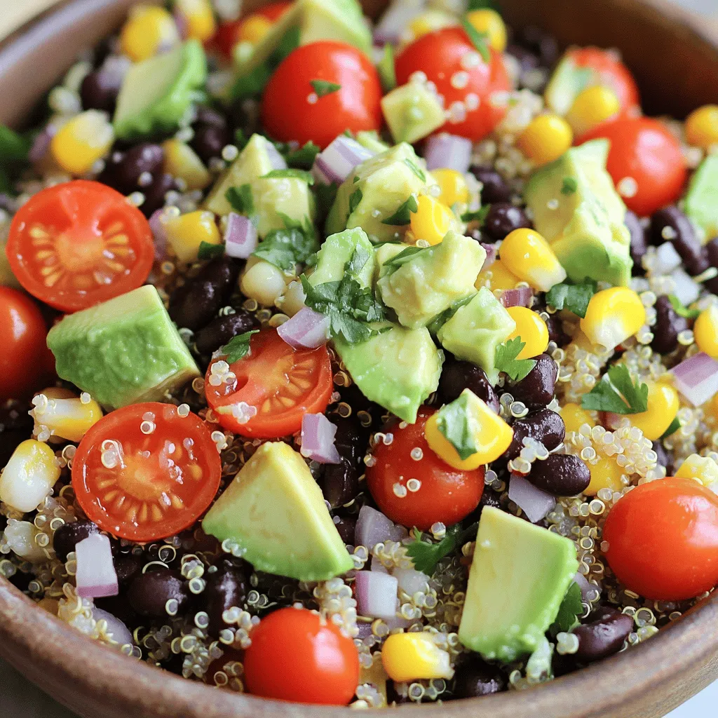 - 1 cup quinoa, rinsed - 2 cups vegetable broth - 1 can (15 oz) black beans, drained and rinsed - 1 cup cherry tomatoes, halved - 1 red bell pepper, diced - 1 cup corn kernels (fresh or frozen) - 1 avocado, diced - ½ red onion, finely chopped - ¼ cup fresh cilantro, chopped - Juice of 2 limes - 3 tablespoons olive oil - 1 teaspoon cumin - 1 teaspoon chili powder - Salt and pepper to taste Gather these fresh ingredients before you start. Each adds a unique taste. Quinoa serves as the base. It’s nutty and full of protein. The vegetable broth gives it extra flavor. Black beans add fiber and texture. Cherry tomatoes bring sweetness and color. The red bell pepper adds crunch and a sweet taste. Corn gives a nice pop in every bite. Avocado makes the salad creamy and rich. Red onion adds a sharp bite. Fresh cilantro brings a bright note. Lime juice and olive oil create a zesty dressing. Cumin and chili powder add warmth and spice. Salt and pepper bring everything together. This mix makes a salad that’s fresh and exciting. For the full recipe, see the details above. To cook quinoa, start by rinsing one cup of quinoa under cold water. This helps remove any bitter taste. Next, add the rinsed quinoa to a medium saucepan with two cups of vegetable broth. Bring the mixture to a boil over medium-high heat. Once it boils, lower the heat, cover the pot, and let it simmer for about 15 minutes. The quinoa will absorb the broth and become fluffy. After cooking, remove it from heat and let it cool. While the quinoa is cooking, grab a large bowl. In this bowl, combine one can of black beans, one cup of halved cherry tomatoes, one diced red bell pepper, one cup of corn kernels, one diced avocado, half a finely chopped red onion, and a quarter cup of chopped fresh cilantro. These ingredients add color and flavor to your salad. Mix them gently to avoid mashing the avocado. Now it’s time to make the dressing. In a small bowl, whisk together the juice of two limes, three tablespoons of olive oil, one teaspoon of cumin, one teaspoon of chili powder, and a pinch of salt and pepper. This dressing gives the salad a zesty kick. Adjust the seasoning to your liking. If you enjoy extra tang, add more lime juice. Once the quinoa has cooled, fluff it with a fork. Add the quinoa to the bowl with the vegetables. Pour the dressing over the top and gently toss everything together. Be careful not to crush the veggies. Taste the salad and adjust the seasoning if needed. You can serve it right away or let it chill in the fridge for 30 minutes. This allows the flavors to blend beautifully. For the full recipe, check out the Zesty Southwest Quinoa Salad instructions. To make quinoa fluffy, start by rinsing it. This removes the bitter coating called saponin. Next, use vegetable broth instead of water. It adds flavor. When cooking, bring it to a boil first. Once boiling, lower the heat. Cover the pot and let it simmer for 15 minutes. After that, let it sit off the heat. This extra resting time helps achieve the perfect texture. Finally, fluff the quinoa with a fork before mixing it with other ingredients. You can change the salad's flavor by trying different dressings. A simple mix of lime juice, olive oil, and spices works great. But you can add honey for sweetness or garlic for a stronger taste. If you want a kick, add hot sauce. You can also swap the lime juice for lemon juice. Each option gives the salad a unique twist. Don’t hesitate to experiment with flavors that you enjoy. For serving, present the salad in a large bowl. This makes it easy for everyone to help themselves. You can also serve it in individual bowls for a nice touch. Garnish with extra cilantro or lime wedges for color and flair. If you let it chill in the fridge for 30 minutes, the flavors will blend better. This salad looks great on a picnic table or at a dinner party. Remember, a beautiful presentation makes every dish more appealing. For the full recipe, check out the Zesty Southwest Quinoa Salad. {{image_2}} You can make your Southwest Quinoa Salad even heartier by adding protein. Grilled chicken is a great choice. It adds a nice grill flavor and pairs well with the spices. Shrimp is another tasty option. Just grill or sauté them until they are pink and tender. If you want a plant-based choice, tofu works well. You can cube the tofu and pan-fry it for a nice texture. Each protein will change the dish and keep it exciting. Using seasonal vegetables can elevate your salad. In summer, add fresh zucchini or bell peppers for a crunch. Corn is sweet and juicy in summer, so toss in extra kernels. In fall, consider roasted butternut squash for warmth. You can even add kale or spinach in winter for more greens. Seasonal veggies not only taste better but also make your meal more colorful and fun. You can easily adjust this salad for different diets. For a vegetarian option, it’s already perfect! If you need it vegan, skip the honey in any dressing you add. To make it gluten-free, check your vegetable broth to ensure it has no gluten. This salad is adaptable and can fit many needs. Enjoy making it your own! Southwest quinoa salad stays fresh in the fridge for about 3 to 5 days. Store it in an airtight container to keep it tasty. I like to add the avocado right before serving. This way, it stays green and delicious. If you mix it in too early, it can brown quickly. You can freeze southwest quinoa salad, but it may change texture. The vegetables might become mushy when thawed. If you plan to freeze it, leave out the avocado and add it later. Freeze in a sealed bag or container. The salad will be good for about 2 to 3 months. To reheat, place the salad in a microwave-safe bowl. Heat for about 1 to 2 minutes. Stir halfway through to warm it evenly. You can also eat it cold; it still tastes great! If you want, add a splash of lime juice for extra flavor after reheating. To make quinoa taste better, start by rinsing it well. Rinsing removes the bitter coating called saponin. Next, cook it in vegetable broth instead of water. This adds rich flavor. You can also sauté quinoa in olive oil for a nutty taste before adding liquid. Adding herbs and spices, like cumin or garlic, boosts the flavor even more. Yes, you can use other grains in this salad. Brown rice, farro, or couscous are great options. Each grain brings a unique taste and texture. Just remember to adjust cooking times based on the grain you choose. Absolutely! This salad is perfect for meal prep. You can make it ahead and store it in the fridge. It keeps well for about three to five days. The flavors blend beautifully over time. You can easily pack it for lunch or enjoy it for dinner. For the full recipe, check out the Zesty Southwest Quinoa Salad recipe. This blog post covered everything you need to know to make a yummy Southwest quinoa salad. We went over the ingredients, step-by-step instructions, and useful tips. I shared ways to add protein, seasonal veggies, and options for dietary needs. Remember, you can tweak this recipe to fit your taste. This salad is fresh, healthy, and great for meal prep. Enjoy making it and share it with friends for a crowd-pleasing dish!