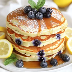 - 1 cup ricotta cheese - 2 large eggs - 1/4 cup milk - 1/4 cup sugar - Zest of 1 lemon The main ingredients create a rich and creamy base for these pancakes. Ricotta cheese adds moisture and a slight tang. Using fresh eggs gives the pancakes structure, while milk thins the batter just right. Sugar sweetens them perfectly, and lemon zest brightens the flavor. - 1 cup all-purpose flour - 1 tablespoon baking powder - 1/2 teaspoon salt The dry ingredients are essential. Flour gives the pancakes their shape. Baking powder helps them rise and become fluffy. Salt enhances all the flavors and balances the sweetness. - 1 cup fresh blueberries - Butter or oil for cooking - Maple syrup for serving Blueberries add bursts of flavor and color. They are juicy and sweet, making each bite delightful. Butter or oil helps cook the pancakes evenly and adds richness. Maple syrup is the perfect finish, bringing a warm sweetness to each stack. You can find the full recipe for these delicious pancakes to guide your cooking adventure! - In a mixing bowl, combine ricotta, eggs, milk, sugar, lemon zest, and lemon juice. - Whisk until smooth and creamy. - In another bowl, mix flour, baking powder, and salt. - Gradually add the dry mix to the wet mix. - Stir gently until the batter is just combined. - Be careful not to overmix; a few lumps are okay. - Gently fold in fresh blueberries. - Preheat your skillet or griddle over medium heat. - Lightly grease it with butter or oil. - Pour about 1/4 cup of batter for each pancake. - Cook until bubbles form on top. - Flip the pancake and cook for another 2-3 minutes. - Look for a golden-brown color before removing. - Repeat with the remaining batter, greasing as needed. - Stack pancakes high on a plate. - Garnish with extra blueberries on top. - Drizzle with warm maple syrup for sweetness. - Enjoy your Lemon Blueberry Ricotta Pancakes! - For a pretty touch, dust with powdered sugar. - Add lemon slices or mint for freshness. If you want the full details on making this delicious breakfast treat, check out the Full Recipe. To make your pancakes fluffy, avoid overmixing the batter. Mix just until you see no dry flour. The batter should be lumpy, not smooth. For skillet temperature, heat it over medium. A hot skillet cooks the outside well while keeping the inside soft. Adding vanilla extract can brighten the flavor of your pancakes. Just a teaspoon will do. You can also try using different berries. Raspberries or strawberries can add a unique twist. Mix and match to find your favorite berry blend! Stack your pancakes high for a stunning display. A tall stack looks inviting. Dust with powdered sugar for a sweet touch. You can also garnish with fresh fruits or herbs. Lemon slices or mint leaves add color and freshness. {{image_2}} You can make these pancakes gluten-free. Use almond flour or oat flour instead of all-purpose flour. Both options work well and keep the pancakes fluffy. For a dairy-free choice, use tofu or cashew cream instead of ricotta. Just blend them until smooth for a similar texture. Want to spice things up? Add a pinch of cinnamon or nutmeg to the batter. These spices bring warmth and depth to the dish. You can also mix in lemon curd for a zesty kick. It adds a nice tartness that pairs perfectly with blueberries. Get creative with how you serve them! Try making pancake breakfast sandwiches using your favorite ingredients. Layer the pancakes with cooked bacon or fresh fruit. You can also serve them with yogurt or whipped cream on the side. This adds creaminess and balance to the meal. Enjoy your Lemon Blueberry Ricotta Pancakes in new and fun ways! For the full recipe, check out the details above. To keep your lemon blueberry ricotta pancakes fresh, store them in the fridge. First, let them cool completely. Then, place the pancakes in a single layer between sheets of parchment paper. This method prevents sticking. After that, transfer them to an airtight container. Use a container that fits your pancakes without squishing them. To reheat pancakes without drying them out, use a microwave or a skillet. If you choose the microwave, place a damp paper towel over the pancakes. Heat them for about 20-30 seconds. This keeps them moist. If you prefer a skillet, warm it on low heat. Add a touch of butter and heat the pancakes until warm, about 1-2 minutes on each side. This gives a lovely crispness. If you want to save pancakes for later, freezing is a great option. Stack the cooled pancakes with parchment paper in between. Place them in a freezer-safe bag or container. Squeeze out as much air as possible. To thaw, take them out and leave them in the fridge overnight. You can also use a microwave for quick defrosting. After thawing, reheat them using your preferred method. Enjoy your pancakes anytime! For the full recipe, check out the main article. Yes, you can use frozen blueberries. They work well in pancakes. However, keep these tips in mind: - Thaw the blueberries first to avoid excess moisture. - Pat them dry with a paper towel. - Fold them gently into the batter to prevent breaking. Using frozen blueberries can be a great option when fresh ones are not available. Just remember, they may tint your batter a bit more than fresh berries. You can tell pancakes are done by looking for these signs: - Bubbles form on the surface of the batter. - The edges look set and a bit dry. - They turn a nice golden brown when flipped. Cook them for about 2-3 minutes on each side. If you’re unsure, a toothpick can help. Insert it in the center. If it comes out clean, the pancakes are ready. Yes, making the batter ahead of time is easy. Here are some tips: - Mix all the wet and dry ingredients, but do not fold in the blueberries yet. - Store the batter in the fridge for up to 24 hours. - When ready to cook, gently fold in the blueberries. This way, you can enjoy a quick breakfast without much fuss. Just remember, the batter might thicken, so you can add a splash of milk if needed. For the full recipe, check out the complete guide. In this post, I shared how to make delicious blueberry pancakes. You learned about key ingredients like ricotta, eggs, and fresh blueberries. I detailed step-by-step instructions for mixing and cooking. You gained tips for perfect pancakes and creative variations. These pancakes are easy and fun to make. Enjoy them fresh or store them for later. Feel free to try different flavors. Making pancakes can bring joy to your mornings every time!