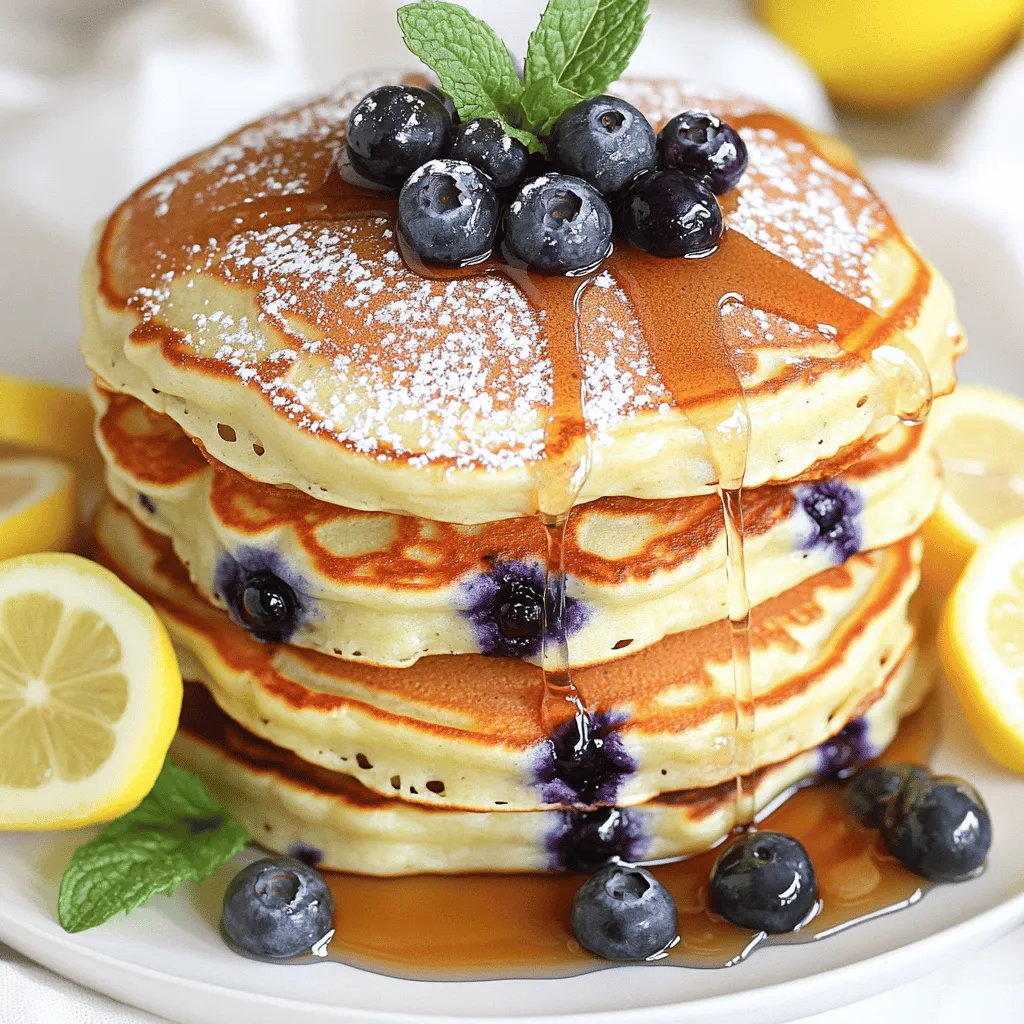 - 1 cup ricotta cheese - 2 large eggs - ¼ cup milk - ¼ cup sugar - Zest of 1 lemon The main ingredients create a rich and creamy base for these pancakes. Ricotta cheese adds moisture and a slight tang. Using fresh eggs gives the pancakes structure, while milk thins the batter just right. Sugar sweetens them perfectly, and lemon zest brightens the flavor. - 1 cup all-purpose flour - 1 tablespoon baking powder - ½ teaspoon salt The dry ingredients are essential. Flour gives the pancakes their shape. Baking powder helps them rise and become fluffy. Salt enhances all the flavors and balances the sweetness. - 1 cup fresh blueberries - Butter or oil for cooking - Maple syrup for serving Blueberries add bursts of flavor and color. They are juicy and sweet, making each bite delightful. Butter or oil helps cook the pancakes evenly and adds richness. Maple syrup is the perfect finish, bringing a warm sweetness to each stack. You can find the full recipe for these delicious pancakes to guide your cooking adventure! - In a mixing bowl, combine ricotta, eggs, milk, sugar, lemon zest, and lemon juice. - Whisk until smooth and creamy. - In another bowl, mix flour, baking powder, and salt. - Gradually add the dry mix to the wet mix. - Stir gently until the batter is just combined. - Be careful not to overmix; a few lumps are okay. - Gently fold in fresh blueberries. - Preheat your skillet or griddle over medium heat. - Lightly grease it with butter or oil. - Pour about ¼ cup of batter for each pancake. - Cook until bubbles form on top. - Flip the pancake and cook for another 2-3 minutes. - Look for a golden-brown color before removing. - Repeat with the remaining batter, greasing as needed. - Stack pancakes high on a plate. - Garnish with extra blueberries on top. - Drizzle with warm maple syrup for sweetness. - Enjoy your Lemon Blueberry Ricotta Pancakes! - For a pretty touch, dust with powdered sugar. - Add lemon slices or mint for freshness. If you want the full details on making this delicious breakfast treat, check out the Full Recipe. To make your pancakes fluffy, avoid overmixing the batter. Mix just until you see no dry flour. The batter should be lumpy, not smooth. For skillet temperature, heat it over medium. A hot skillet cooks the outside well while keeping the inside soft. Adding vanilla extract can brighten the flavor of your pancakes. Just a teaspoon will do. You can also try using different berries. Raspberries or strawberries can add a unique twist. Mix and match to find your favorite berry blend! Stack your pancakes high for a stunning display. A tall stack looks inviting. Dust with powdered sugar for a sweet touch. You can also garnish with fresh fruits or herbs. Lemon slices or mint leaves add color and freshness. {{image_2}} You can make these pancakes gluten-free. Use almond flour or oat flour instead of all-purpose flour. Both options work well and keep the pancakes fluffy. For a dairy-free choice, use tofu or cashew cream instead of ricotta. Just blend them until smooth for a similar texture. Want to spice things up? Add a pinch of cinnamon or nutmeg to the batter. These spices bring warmth and depth to the dish. You can also mix in lemon curd for a zesty kick. It adds a nice tartness that pairs perfectly with blueberries. Get creative with how you serve them! Try making pancake breakfast sandwiches using your favorite ingredients. Layer the pancakes with cooked bacon or fresh fruit. You can also serve them with yogurt or whipped cream on the side. This adds creaminess and balance to the meal. Enjoy your Lemon Blueberry Ricotta Pancakes in new and fun ways! For the full recipe, check out the details above. To keep your lemon blueberry ricotta pancakes fresh, store them in the fridge. First, let them cool completely. Then, place the pancakes in a single layer between sheets of parchment paper. This method prevents sticking. After that, transfer them to an airtight container. Use a container that fits your pancakes without squishing them. To reheat pancakes without drying them out, use a microwave or a skillet. If you choose the microwave, place a damp paper towel over the pancakes. Heat them for about 20-30 seconds. This keeps them moist. If you prefer a skillet, warm it on low heat. Add a touch of butter and heat the pancakes until warm, about 1-2 minutes on each side. This gives a lovely crispness. If you want to save pancakes for later, freezing is a great option. Stack the cooled pancakes with parchment paper in between. Place them in a freezer-safe bag or container. Squeeze out as much air as possible. To thaw, take them out and leave them in the fridge overnight. You can also use a microwave for quick defrosting. After thawing, reheat them using your preferred method. Enjoy your pancakes anytime! For the full recipe, check out the main article. Yes, you can use frozen blueberries. They work well in pancakes. However, keep these tips in mind: - Thaw the blueberries first to avoid excess moisture. - Pat them dry with a paper towel. - Fold them gently into the batter to prevent breaking. Using frozen blueberries can be a great option when fresh ones are not available. Just remember, they may tint your batter a bit more than fresh berries. You can tell pancakes are done by looking for these signs: - Bubbles form on the surface of the batter. - The edges look set and a bit dry. - They turn a nice golden brown when flipped. Cook them for about 2-3 minutes on each side. If you’re unsure, a toothpick can help. Insert it in the center. If it comes out clean, the pancakes are ready. Yes, making the batter ahead of time is easy. Here are some tips: - Mix all the wet and dry ingredients, but do not fold in the blueberries yet. - Store the batter in the fridge for up to 24 hours. - When ready to cook, gently fold in the blueberries. This way, you can enjoy a quick breakfast without much fuss. Just remember, the batter might thicken, so you can add a splash of milk if needed. For the full recipe, check out the complete guide. In this post, I shared how to make delicious blueberry pancakes. You learned about key ingredients like ricotta, eggs, and fresh blueberries. I detailed step-by-step instructions for mixing and cooking. You gained tips for perfect pancakes and creative variations. These pancakes are easy and fun to make. Enjoy them fresh or store them for later. Feel free to try different flavors. Making pancakes can bring joy to your mornings every time!
