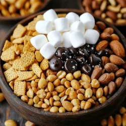 - 1 cup graham cracker pieces - 1 cup mini marshmallows - 1 cup semi-sweet chocolate chips The base of your S'mores Trail Mix is simple but key. First, grab your graham cracker pieces. They give that classic S'mores taste. Next, you need mini marshmallows. These soft treats add sweetness and fun. Finally, add semi-sweet chocolate chips for that rich flavor. This combination is the heart of your mix. - 1/2 cup milk chocolate-covered almonds - 1/2 cup roasted peanuts - 1/4 cup mini chocolate cookies (like Teddy Grahams or similar) You can get creative with optional ingredients. Milk chocolate-covered almonds give a nice crunch and extra sweetness. Roasted peanuts add a salty touch and protein. Mini chocolate cookies, like Teddy Grahams, add more fun and texture. Feel free to mix and match to find your perfect blend! - 1/4 teaspoon sea salt (for sprinkling) - Suggestions for additional toppings or mix-ins A sprinkle of sea salt enhances the sweet flavors. It brings out the taste of chocolate and marshmallows. You can also think about adding dried fruits like cranberries or banana chips. These can add a chewy texture and more flavor. Don't hesitate to let your taste buds lead the way! If you want the full recipe, check it out. When making S'mores Trail Mix, start by measuring the ingredients carefully. This ensures every bite has the right balance of flavors. For the graham crackers, break them into small pieces. You can use your hands or a rolling pin to crush them. Just be gentle, so they don't turn to dust. Next, gather the mini marshmallows and chocolate chips. These add sweetness and creaminess. Having everything ready makes mixing easier. Now, it’s time to combine the ingredients. In a large bowl, add the graham cracker pieces, mini marshmallows, semi-sweet chocolate chips, milk chocolate-covered almonds, roasted peanuts, and mini chocolate cookies. Stir gently to mix everything well. You want an even distribution of flavors. Taste the mix. If you want it sweeter, add more chocolate chips. Adjust the texture to your liking. Maybe you want more crunch from nuts or more chewiness from marshmallows. The choice is yours! You can serve your S'mores Trail Mix right away. It’s perfect for movie nights or outdoor picnics. If you make a big batch, store it in an airtight container. This keeps it fresh for later. For a fun display, use clear jars to show off the colorful mix. Adding a sprinkle of sea salt on top enhances the flavors. Kids love to help serve this tasty snack, making it a fun family treat. For the full recipe, check out the details above! For freshness, use airtight containers. Glass jars or plastic bins work well. I prefer glass jars because they keep the mix crunchy. You can store S'mores Trail Mix for up to two weeks. Just make sure to keep it in a cool, dry place. To make it safer for kids, swap mini marshmallows for yogurt-covered raisins. This keeps the sweetness but adds nutrition. Kids can also help by mixing the ingredients. Let them choose their favorite nuts or swap chocolate chips for dried fruit. For easy packing, use small resealable bags. These are perfect for lunch boxes or road trips. S'mores Trail Mix is great for picnics, playdates, or movie nights. It’s a fun snack that everyone loves. {{image_2}} To make S'mores Trail Mix fit your diet, you can swap ingredients. If you need gluten-free options, use gluten-free graham crackers. These crackers taste great and keep the same crunchy texture. For those who follow a vegan diet, there are many choices. Look for vegan marshmallows made from plant-based ingredients. You can also find dark chocolate or dairy-free chocolate chips. These swaps keep the fun of S'mores while meeting your dietary needs. You can change the flavor of your S'mores Trail Mix by adding nuts or dried fruits. Try walnuts or pecans for a rich taste. Dried cranberries or apricots add a sweet and tangy twist. Each mix can be unique to your taste. Flavored chocolate chips are another fun option. Look for mint, caramel, or even peanut butter chips. These can add an exciting layer to the classic mix. Mixing in these flavors invites new adventures in snacking. Adding local ingredients can give your S'mores Trail Mix a special touch. If you live near the coast, think about sea-salted nuts or local honey. These ingredients can bring a fresh taste to the mix. You can also play with textures based on cultural snacks. For a crunchy twist, try adding puffed rice or corn snacks. These can make your trail mix interesting and fun to eat. Every bite can surprise you with a new flavor or texture. When you want a quick treat, store-bought S'mores Trail Mix can be a lifesaver. I often recommend brands like Trail House and Nature Valley. They offer a good balance of flavors and textures. Look for mixes that have real graham cracker pieces, mini marshmallows, and quality chocolate. A great mix should also avoid too many artificial ingredients. Let’s talk about calories and sugar. Homemade S'mores Trail Mix can be healthier than store-bought options. A typical homemade mix has around 150 calories per serving. Store-bought varieties might have more sugar. Check the labels for protein content too. Many store-bought mixes have less protein. This can make a big difference if you want a filling snack. I read many reviews on popular brands. Most customers love the sweet and crunchy mix. They enjoy the blend of chocolate and marshmallows. Common themes show that people want fresh ingredients. They also prefer mixes without too many fillers. Overall, user reviews help guide you to the best options. To make S'mores Trail Mix gluten-free, swap regular graham crackers for gluten-free ones. Many brands offer great options that taste just as good. Use certified gluten-free chocolate chips too. Be sure to check labels on all your snacks. This way, you can enjoy the mix without worry. Yes, you can use any type of chocolate you like! Dark chocolate adds a rich flavor. White chocolate offers a creamy touch. You can even mix different chocolates together for a fun twist. Try using chocolate-covered pretzels for a salty-sweet vibe. The choices are endless! To keep S'mores Trail Mix fresh, store it in an airtight container. Glass jars work well, or use plastic bags with no air inside. Keep it in a cool, dry place, away from heat. This method helps the mix stay tasty for up to two weeks. S'mores Trail Mix is perfect for many events! It’s great for camping trips, movie nights, or school parties. Serve it at birthday celebrations or family gatherings. Kids love it as a snack after school. It’s a fun treat for any occasion! Yes, S'mores Trail Mix is kid-friendly! Just make sure to use safe ingredients. Opt for mini marshmallows and smaller nuts to avoid choking. You can even let kids help mix it. They’ll enjoy the process and love eating their creation! S'mores Trail Mix is simple and fun to make. We covered the must-have ingredients, steps for preparation, and tips for storage and enjoyment. You can personalize it to fit dietary needs or taste. Whether you're at home or on the go, this mix is a great snack. Enjoy making it with your kids or sharing it at your next gathering. Let your creativity shine with different flavors and ingredients. S'mores Trail Mix is more than just a treat; it’s an experience!