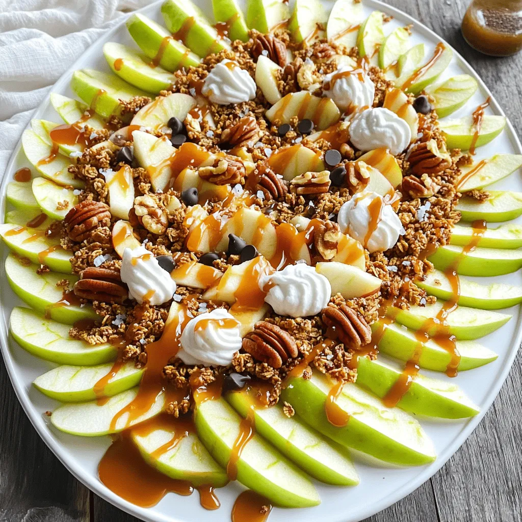 To make delicious caramel apple nachos, gather these simple ingredients: - 2 large apples (Fuji or Granny Smith recommended) - 1 cup granola - ½ cup caramel sauce - ¼ cup chopped nuts (walnuts or pecans) - ¼ cup mini chocolate chips - ¼ teaspoon ground cinnamon - Sea salt (optional) - Whipped cream (optional) These ingredients come together to create a sweet treat that feels special and fun. The apples provide a crisp base, while the caramel sauce adds a rich sweetness. Granola gives it a nice crunch, and the nuts and chocolate chips add extra flavor. You can also sprinkle sea salt for a delightful contrast. If you're feeling extra indulgent, whipped cream makes a lovely finishing touch. For the full recipe, check out the complete directions on how to assemble this fun dessert. - First, wash and dry the apples well. - Core the apples and slice them into thin wedges. When choosing apples, I like using Fuji or Granny Smith. They add the perfect sweet and tart balance. Leaving the skin on gives a nice crunch and bright color. - Next, arrange the apple slices on a large platter. - Evenly sprinkle granola over the apple slices. I use a sheet of parchment paper for easy cleanup. This also makes it fun for serving. Make sure the granola is spread nicely, so every bite has some crunch. - Now, drizzle caramel sauce over the apples. - Scatter chopped nuts and mini chocolate chips on top. - Finally, sprinkle ground cinnamon and sea salt. The caramel adds a sweet, sticky touch. Nuts and chocolate make every bite exciting. The cinnamon and sea salt bring out all the flavors. - If you want, drizzle whipped cream on top. - Serve the nachos right away for the best taste. These nachos are best enjoyed fresh. The warm caramel and crunchy toppings make every bite a delight! For the full recipe, check out the earlier section. For the best caramel apple nachos, I suggest using Fuji or Granny Smith apples. These apples are crisp and sweet, giving a nice contrast to the caramel. The skin adds extra flavor and texture. It also helps keep the apple slices fresh longer. To make your nachos look amazing, arrange the toppings carefully. Start with the apple slices in a circle. Then sprinkle the granola evenly. Add the nuts and chocolate chips on top. Use colorful ingredients like bright apples or dark chocolate to create a feast for the eyes. If you want a lighter treat, try a lower-calorie caramel sauce. You can also swap out granola for nuts or seeds. Use unsweetened coconut flakes for a fun twist. These healthy options still taste great and keep the fun alive. {{image_2}} Incorporating seasonal fruits adds fun to your caramel apple nachos. For fall, try using pears or pomegranates. In spring, strawberries and blueberries work great. You can also use festive toppings for holidays. For Halloween, add orange sprinkles or candy corn. For Christmas, use crushed peppermint or red and green candies. You can mix flavors to make your nachos unique. Adding peanut butter or chocolate sauce can enhance the taste. Drizzle a bit of peanut butter over the top for a nutty kick. You can also use different toppings like shredded coconut or dried fruits. These options add texture and fun to each bite. Making your nachos fit different diets is easy. Use gluten-free granola for those avoiding gluten. There are many tasty brands to choose from. For vegan adaptations, swap the caramel sauce for a plant-based version. You can even use agave syrup as a sweet alternative. These small changes ensure everyone can enjoy this treat. To keep your caramel apple nachos fresh, store them properly. Use an airtight container. Place a layer of parchment paper between the nachos and the lid. This helps keep them from getting soggy. Store in the fridge for up to two days. Reheating nachos can be tricky. You want to keep them crunchy. Preheat your oven to 350°F (175°C). Spread the nachos on a baking sheet. Heat for about 5-10 minutes. Check often to avoid burning. You can also use a toaster oven for a smaller batch. Can you freeze caramel apple nachos? I recommend against it. The apples can turn mushy. If you must freeze, prepare the apples and toppings separately. Store apples in a freezer bag. Keep toppings in another container. When ready to eat, thaw and assemble fresh. For caramel apple nachos, I recommend using Fuji or Granny Smith apples. These varieties provide the perfect balance of sweet and tart flavors. Fuji apples are crisp and juicy, making every bite refreshing. Granny Smith apples add a tart zing that contrasts well with the sweet toppings. Yes, you can make simple caramel sauce at home! Here’s a quick recipe: - Ingredients: - 1 cup granulated sugar - 6 tablespoons unsalted butter - ½ cup heavy cream - Instructions: 1. In a saucepan, heat the sugar over medium heat. Stir until it melts and turns golden brown. 2. Add the butter and stir until melted. 3. Slowly add the cream while stirring. Cook until smooth. 4. Let it cool before drizzling on your nachos. Caramel apple nachos are best enjoyed fresh. They can last in the fridge for about 1-2 days if stored in an airtight container. Look for the apples to become brown or mushy. If the caramel hardens too much, it may lose its creamy texture. Absolutely! You can customize toppings based on dietary needs. Here are some ideas: - For nut allergies: Skip the nuts altogether or use seeds like pumpkin seeds. - For gluten-free diets: Choose gluten-free granola. - For vegan diets: Use dairy-free chocolate chips and coconut cream as a topping. Explore these options to make your caramel apple nachos delicious and safe for everyone! For the full recipe, check out the section above. Caramel apple nachos are easy and fun to make. You learned about the best apples, how to assemble toppings, and tips for healthier choices. Personalize your dish with seasonal fruits or different toppings. Store extras correctly to enjoy later. I hope you feel inspired to create your own version! These nachos are a tasty treat for any occasion. Have fun experimenting with flavors and toppings. Enjoy your delicious creation!