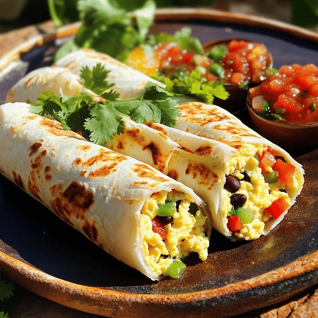 To make Easy Breakfast Burritos, gather these ingredients: - 4 large flour tortillas - 6 large eggs - 1 cup shredded cheese (cheddar or a Mexican blend) - 1 cup cooked black beans (canned or homemade) - 1 small red bell pepper, diced - 1 small green bell pepper, diced - 1 small onion, diced - 1 teaspoon olive oil - 1 teaspoon ground cumin - 1 teaspoon garlic powder - Salt and pepper to taste - Fresh cilantro, chopped (for garnish) - Salsa or hot sauce (for serving) You can mix it up with some fun add-ins. Here are a few ideas: - Cooked sausage or bacon for a meaty bite - Spinach or kale for a healthy twist - Avocado for creamy richness - Jalapeños for heat - Different types of cheese like pepper jack or feta Each serving of these Easy Breakfast Burritos gives you: - Calories: Approximately 320 - Protein: 18g - Carbohydrates: 30g - Fat: 15g - Fiber: 6g This makes them a filling start to your day! Start by heating olive oil in a large skillet over medium heat. Add diced onion and bell peppers. Sauté them for about five minutes. You want them soft but still bright. This step adds flavor and color to your burrito. The sweet smell will fill your kitchen. In a bowl, whisk six eggs. Add ground cumin, garlic powder, salt, and pepper. Mix it all well. Pour the egg mixture into the skillet with the veggies. Stir gently as the eggs cook. You want them fluffy and just set. This takes about three to four minutes. Adding cheese makes everything creamier and tastier. Warm your tortillas in a dry skillet for thirty seconds on each side. This makes them easy to roll. To wrap, place a scoop of the egg and bean mix in the center. Fold the sides over the filling, then roll from the bottom up. Make it snug but not too tight. If you like, grill the wrapped burritos for a crispy finish. Enjoy your meal! You can find the full recipe above. To make breakfast burritos easy, prep ingredients ahead. Chop bell peppers and onion the night before. Store them in the fridge. You can also cook the black beans ahead of time. This way, you save time in the morning. If you want, scramble the eggs and mix them with spices. Store this in the fridge too. When morning comes, all you need to do is warm everything up and assemble. To keep your burritos warm, wrap them in foil. This keeps the heat in and makes them easy to serve. Place them in a warm oven set to low. You can also use a slow cooker on warm. This way, your guests enjoy a hot breakfast. If you're serving a crowd, consider stacking the burritos in a covered dish. This helps them stay warm longer. For added flavor, try these simple swaps. Use different cheeses like pepper jack for a kick. Add fresh herbs like cilantro or green onions for brightness. You can also mix in spices like smoked paprika or chili powder. If you like heat, add jalapeños or hot sauce. These small changes make a big difference in taste. Feel free to explore and find what you love best! {{image_2}} For a tasty vegetarian breakfast burrito, swap the eggs with tofu. Tofu scrambles well and takes on flavors easily. Use spices like turmeric and paprika for more color and taste. Add in more veggies, like spinach or mushrooms, to boost nutrition. You can also mix in some avocado for creaminess. This makes your burrito rich and delicious. If you want to add meat, try cooked sausage or bacon. Ground turkey or chicken works well too. Just cook the meat first, then mix it with the eggs and veggies. You can also use leftover cooked meats for quick meals. This adds protein and makes the burrito more filling. For a gluten-free option, use corn tortillas instead of flour. They hold up well and taste great. If you’re looking for low-carb, try lettuce wraps. Just fill large lettuce leaves with your egg mixture and roll them up. This keeps the flavors but cuts carbs. You can still enjoy a great breakfast without the extra calories. These ideas let you customize your burrito to fit your taste. I hope you find them fun to try! For the full details of the basic recipe, check out the Full Recipe section. You can store leftover burritos in a few simple steps. First, let them cool to room temperature. Then, wrap each burrito tightly in plastic wrap or aluminum foil. This keeps them fresh. Place the wrapped burritos in an airtight container. They will last in the fridge for up to three days. If you want them to last longer, freezing is a great option. Reheat your burritos for the best taste. You can use a microwave or an oven. If you use the microwave, unwrap the burrito and place it on a plate. Heat it for about 1-2 minutes, or until warm. For a better texture, use the oven. Preheat it to 350°F (175°C). Wrap the burrito in foil and heat for about 15-20 minutes. This keeps the outside crispy and the inside warm. Freezing your breakfast burritos is easy and smart. After wrapping them, place the burritos in a freezer bag. Make sure to remove as much air as possible. Label the bag with the date, so you know when you made them. They will stay good for up to three months. When you are ready to eat, just thaw them overnight in the fridge. Then, reheat using the methods I shared. Enjoy your tasty breakfast anytime! For the full recipe, check out my Morning Sunshine Breakfast Burritos. You can use tofu or chickpea flour. Both options work great in breakfast burritos. Tofu gives a similar texture when scrambled. Use firm tofu for best results. Chickpea flour needs water to make a batter. Cook it just like scrambled eggs. To make vegan breakfast burritos, skip the eggs and use tofu or chickpea flour. Add more veggies, like spinach or mushrooms, for texture and taste. Use vegan cheese or skip cheese altogether for a lighter option. Warm your tortillas before wrapping. This makes them soft and pliable. You can heat them in a pan for about 30 seconds on each side. If they still tear, try thicker tortillas for better durability. For the full recipe, check out the Morning Sunshine Breakfast Burritos. Breakfast burritos are simple and fun. We covered ingredients, cooking steps, and storage tips. You can tweak your burritos with add-ins or try fun variations. Meal prep keeps mornings stress-free. In the end, breakfast burritos offer great taste and lots of options. Enjoy making them your way!
