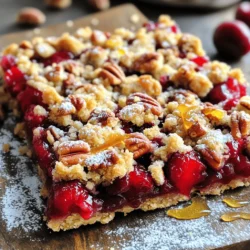 - 2 cups fresh or frozen cherries, pitted and halved - 1 cup pecans, chopped - 1 cup rolled oats - 1 cup all-purpose flour - 1/2 cup brown sugar - 1/2 cup granulated sugar - 1/2 cup unsalted butter, melted - 1 teaspoon vanilla extract - 1/2 teaspoon baking powder - 1/4 teaspoon salt When you gather your ingredients, focus on freshness. Fresh cherries bring a lovely tartness. If you use frozen cherries, make sure to thaw and drain them. Chopped pecans add a nice crunch and rich flavor. You will need rolled oats for a hearty base. All-purpose flour binds the mix and helps hold the bars together. Brown sugar adds depth, while granulated sugar gives sweetness. Use unsalted butter for better control of flavors. Adding vanilla extract enhances the overall taste. Baking powder helps the bars rise slightly, while salt balances the sweetness. If you want the full recipe, check the instructions to make these tasty treats. Each ingredient plays a role in creating the perfect balance. Enjoy the process of measuring and mixing. It makes the final product even better! To make the best Cherry Pecan Crumble Bars, start by preheating your oven to 350°F (175°C). This temperature gives your bars a nice golden color. Next, grease a 9x9 inch baking dish with cooking spray, or line it with parchment paper. This helps with easy removal later. Now, let’s marinate the cherries. Take the pitted and halved cherries and place them in a medium bowl. Add 2 tablespoons of granulated sugar and a pinch of salt. Mix them well and let them sit for a bit. This marination boosts the cherry flavor and makes them juicy. While the cherries sit, combine your dry and wet ingredients for the crumble mixture. In a large bowl, mix together rolled oats, all-purpose flour, brown sugar, the remaining granulated sugar, baking powder, and salt. Once mixed, pour in the melted butter and vanilla extract. Use a fork or your fingers to combine everything until it looks like coarse crumbs. Finally, stir in the chopped pecans for that nice crunch. Now it's time to construct the crust layer. Take about two-thirds of your crumble mixture and press it into the bottom of your prepared baking dish. This will form a solid base for your bars. Next, spread the marinated cherries evenly over the crust. Make sure to cover the entire surface so each bite has cherry goodness. Finally, sprinkle the rest of the crumble mixture on top. This will form a delicious topping that bakes to a nice crisp. Place the baking dish in your preheated oven. Bake for 30-35 minutes. You’ll know the bars are done when the topping looks golden brown and the cherries are bubbling. This is the moment you’ve waited for! Once baked, remove the dish from the oven. Let the bars cool completely in the dish before cutting them into squares. This cooling time helps them set properly. For the full recipe, check out the details above and enjoy your Cherry Pecan Crumble Bars! To get that perfect crumb, you want it to feel just right. You need small, pea-sized pieces in your mixture. If it’s too fine, it won’t have that nice crunch. I find that using cold butter helps a lot. Cold butter creates a flaky texture. Simply cut the butter into the dry mix. Use a pastry cutter or your fingers. This method makes your crumble rich and tasty. Want to add some extra flavor? Try using spices like cinnamon or nutmeg. Just a pinch can change everything. You can also mix in different nuts. Almonds or walnuts can add a new twist. I love how these flavors blend with the cherries. They create a warm and inviting taste that everyone enjoys. Serving Cherry Pecan Crumble Bars is easy and fun. You can serve them warm or at room temperature. They taste great drizzled with honey or maple syrup. A scoop of vanilla ice cream makes them even better. Whipped cream is another tasty option. Garnish with extra pecans and a sprinkle of powdered sugar for a nice look. These simple touches elevate your dessert and make it special. For the full recipe, check out the detailed steps! {{image_2}} You can easily change the fruits in this recipe. If you love blueberries, swap them for cherries. Apples also work well. They add a nice crunch and sweetness. For a gluten-free version, choose almond flour or coconut flour. These flours give a unique taste. You might need to adjust the amount of sugar since these flours can be sweeter. Want to make it vegan? Just replace the butter with coconut oil or vegan butter. This keeps the bars rich and tasty. Use maple syrup or coconut sugar instead of regular sugar. These options blend well and keep the sweetness you desire. You can change the flavors based on the season. In summer, add mixed berries like raspberries and strawberries. They add a fresh twist. For fall, sprinkle in some cinnamon or nutmeg. These spices bring warmth and a cozy feel to your treats. Each variation makes the Cherry Pecan Crumble Bars exciting and new. To keep your Cherry Pecan Crumble Bars fresh, use an airtight container. This will help maintain moisture and flavor. Store them at room temperature, away from direct sunlight. If it’s warm, you may want to place them in the fridge. Just make sure to let them come back to room temp before serving. Freezing these bars is simple and effective. First, wrap each bar in plastic wrap. Then, place them in a freezer-safe bag or container. They will stay fresh for up to three months. When you're ready to enjoy, take them out and let them thaw in the fridge overnight. You can also warm them in the oven for a few minutes to bring back that fresh-baked taste. Once baked, Cherry Pecan Crumble Bars last for about five days at room temperature. If stored in the fridge, they can last up to a week. Watch for signs of spoilage, like a sour smell or mold. If they start to look dry or hard, it's time to toss them. For the best taste, eat them fresh! You can use fresh or frozen cherries. Each type has its perks. Fresh cherries taste bright and sweet. They add a juicy burst. Frozen cherries are great too. They save time and can be just as tasty. When using frozen, thaw them first. Drain excess juice to avoid sogginess. Yes, you can prepare these bars ahead of time. I suggest making them a day in advance. This allows the flavors to meld and deepen. Store them in an airtight container. Keep them at room temperature for up to three days. For longer storage, place them in the fridge. Each bar contains about 150 calories. You get around 7 grams of fat and 10 grams of sugar. The nuts and fruit provide healthy fats and fiber. These bars are a good treat without too much guilt. Absolutely! These bars are perfect for parties. Make them a few days ahead. Store them in a cool place. Cut them into pieces just before serving. To impress guests, serve with a scoop of ice cream. In this post, we covered how to make Cherry Pecan Crumble Bars. You learned the ingredients you need and how to prepare, assemble, and bake them. We discussed tips for the best texture, flavor options, and storage methods. You can easily adapt the recipe for diet needs and seasonal fruits. These bars are simple and fun to make. With these steps, you can enjoy a tasty treat anytime. Happy baking!