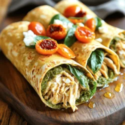 To make delicious pesto chicken wraps, gather these main ingredients: - 2 cups cooked chicken breast, shredded - 1/2 cup basil pesto - 4 whole wheat tortillas - 1 cup baby spinach - 1/2 cup cherry tomatoes, halved - 1/4 cup feta cheese, crumbled - 1/4 cup sun-dried tomatoes, sliced - 2 tablespoons olive oil - Salt and pepper to taste These ingredients blend well together. The chicken provides protein, while pesto adds flavor. Whole wheat tortillas wrap it all up nicely. You can add more ingredients for extra flavor or nutrition. Consider these optional add-ins: - Avocado slices for creaminess - Red onion for crunch - Bell peppers for sweetness - Cucumbers for freshness - Extra herbs like cilantro or parsley Feel free to mix and match. Each addition will create a unique twist. Pesto chicken wraps are tasty and packed with nutrients. Here’s a rough breakdown per wrap: - Calories: 300 - Protein: 25g - Carbohydrates: 30g - Fiber: 5g - Fat: 12g These wraps offer a good balance of protein and carbs. They make a wholesome meal and keep you satisfied. For the full recipe, check out the details above. To start, take 2 cups of cooked chicken breast and shred it into small pieces. In a mixing bowl, add 1/2 cup of basil pesto to the shredded chicken. Mix well until the chicken is fully coated with the pesto. This step gives the chicken a rich flavor and makes it juicy. Next, grab a whole wheat tortilla and lay it flat on a clean surface. Place a generous amount of the pesto chicken mixture in the center. On top of the chicken, add a handful of baby spinach, some halved cherry tomatoes, crumbled feta cheese, and sliced sun-dried tomatoes. These ingredients add freshness and a burst of flavor. Season with salt and pepper to taste. Now, fold in the sides of the tortilla. Roll it tightly from the bottom up to keep the filling secure. Repeat this process for the rest of the tortillas. Heat 2 tablespoons of olive oil in a skillet over medium heat. Once the oil is hot, place the wraps seam side down in the skillet. Cook for about 2-3 minutes on each side until they turn golden brown and crispy. This step creates a nice crunch on the outside while keeping the inside warm. After cooking, remove the wraps from the skillet and let them cool slightly. Slice them in half to serve. Enjoy your delicious Pesto Chicken Wraps! For the complete recipe, check out the full recipe above. To make a great wrap, start with fresh ingredients. Use soft, warm tortillas for easy rolling. Spread your filling in the center, leaving space at the edges. This helps you fold the sides in without spilling. Practice makes perfect, so don’t worry if your first wrap isn’t perfect. For a crispy wrap, heat your skillet before adding the wraps. Use medium heat and add olive oil for a nice golden color. Cook each side for about 2-3 minutes. Watch carefully so they don’t burn. You want a crunchy outside and warm filling inside. This gives your wraps a great texture. A non-stick skillet is best for cooking wraps. It helps prevent sticking and makes cleanup easy. Use a spatula to flip the wraps gently. A cutting board and a sharp knife are great for slicing your wraps. If you like to meal prep, consider using airtight containers for storage. For the full recipe, check out the Pesto Chicken Wraps with a Twist! {{image_2}} If you want a veggie version, swap the chicken for chickpeas or lentils. Both options pack protein and offer great texture. You can also use roasted veggies, like zucchini or bell peppers, for added flavor. Try a mix of spinach, arugula, and roasted red peppers for a fresh touch. This way, you keep the taste appealing while enjoying a meat-free meal. Tortillas come in many styles. Whole wheat gives a nutty flavor, but you can try spinach or tomato tortillas for fun colors and tastes. Gluten-free tortillas are also available for those with dietary needs. Corn tortillas can add a nice crunch if you prefer something a bit different. Choose what fits your taste and diet, and enjoy the wraps your way! Add your favorite spices to the pesto chicken mix for extra kick. Cumin and smoked paprika work well together. You can also drizzle some balsamic glaze on the finished wrap for a tangy touch. Hot sauce lovers can spice things up with a few drops. Don't be afraid to experiment with different flavors. Each twist can make your pesto chicken wraps unique and delicious! To keep your leftover wraps fresh, wrap each one tightly in plastic wrap. Place them in an airtight container. This will prevent moisture from making the wraps soggy. Store them in the fridge for up to three days. If you want to eat them later, freezing is a great option. When you are ready to eat the wraps, you can reheat them easily. For the best taste, use a skillet. Heat it over medium heat and add a little olive oil. Place the wrap in the skillet and cook for about two to three minutes on each side. This will make the wrap warm and crispy. You can also use a microwave. Just place the wrap on a microwave-safe plate and heat for about one minute. If you want to freeze your wraps, it’s simple. Wrap each pesto chicken wrap in plastic wrap. Then, place them in a freezer bag. Be sure to remove as much air as possible before sealing. You can freeze them for up to three months. When you are ready to eat, thaw them in the fridge overnight before reheating. This keeps the flavors fresh and delicious. To reheat pesto chicken wraps, I suggest using an oven or skillet. Preheat your oven to 350°F (175°C). Wrap each pesto chicken wrap in aluminum foil. Heat them for about 10-15 minutes or until warm. If using a skillet, place the wraps seam side down. Cook on medium heat for 2-3 minutes on each side. This way, the wraps stay crispy and tasty. Yes, you can use rotisserie chicken! It makes the prep quick and easy. Just shred the chicken and mix it with the basil pesto. This adds great flavor and saves time. Plus, rotisserie chicken is juicy and tender, perfect for these wraps. You can serve many sides with pesto chicken wraps. Here are some ideas: - A fresh garden salad with lemon vinaigrette - Sweet potato fries for a crunchy side - Roasted vegetables for added nutrients - A bowl of soup, like tomato or minestrone These options add balance and flavor to your meal! For the full recipe, check out the detailed instructions above. This blog post covered how to make tasty pesto chicken wraps. You learned about the main ingredients, optional add-ins, and nutritional facts. The step-by-step guide showed how to prepare, assemble, and cook the wraps. Tips helped you make the wraps crispy and delicious. You also discovered variations and storage tips to keep your wraps fresh. Try new flavors and fillings for fun twists. Enjoy your cooking and sharing these wraps!