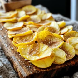 - 2 large apples (preferably Fuji or Honeycrisp) - 2 teaspoons ground cinnamon - 1 tablespoon sugar (or coconut sugar) - 1 tablespoon lemon juice - Pinch of salt To craft the perfect cinnamon apple chips, you need just a few simple ingredients. The apples are the star of the show. I recommend using Fuji or Honeycrisp because they have a nice balance of sweetness and tartness. The ground cinnamon adds that warm, cozy flavor we all love. Sugar enhances the sweetness, but you can swap it for coconut sugar if you want a healthier option. A splash of lemon juice keeps the apples from browning, while a pinch of salt brings out all the flavors. - Additional spices (nutmeg, cloves) - Sweeteners (honey or maple syrup) If you want to take your chips to the next level, you can add other spices like nutmeg or cloves. They can give your apple chips a unique twist. You might also try drizzling honey or maple syrup on your apples for extra sweetness. These optional ingredients let you customize the flavors to fit your taste. The best part? You can mix and match to find your favorite combination! First, preheat your oven to 200°F (95°C). This low heat helps the chips dry out slowly. Next, line a baking sheet with parchment paper. This keeps the chips from sticking. Now, wash two large apples. I like using Fuji or Honeycrisp for their sweetness. Core the apples and slice them thinly. Aim for slices about 1/8 inch thick. A mandoline slicer makes this task easy. In a large bowl, mix 1 tablespoon of lemon juice with the apple slices. This step helps stop the apples from turning brown. Make sure all slices are coated well. In a small bowl, combine 2 teaspoons of ground cinnamon, 1 tablespoon of sugar, and a pinch of salt. This mixture adds flavor to the apples. Sprinkle the cinnamon mix evenly over the apple slices. Toss gently to coat every slice. Now, arrange the apple slices on your baking sheet. Lay them in a single layer without overlapping. This helps them bake evenly. Bake the slices for about 1.5 to 2 hours. Flip the apple slices halfway through. Keep a close eye on them. They should turn crisp and slightly golden. Once they are done, remove the chips from the oven. Let them cool on the baking sheet for about 10 minutes. They will crisp up more as they cool. Enjoy your Cinnamon Apple Chips! For the full recipe, check the earlier section. To get those perfect, crispy apple chips, you must slice the apples very thin. Aim for about 1/8 inch thick. A mandoline slicer is great for this. Thin slices bake evenly, allowing moisture to escape. Flipping the apple slices halfway through baking is also key. This helps them crisp up on both sides, so don’t skip it! Lemon juice plays a big role in keeping your apple slices fresh. Coat the slices in lemon juice right after slicing. This stops browning and keeps the color bright. If you don’t have lemon juice, try vinegar or even a saltwater soak. These methods also work well to prevent browning. You can make this snack even healthier. Use coconut sugar instead of regular sugar. Coconut sugar has a lower glycemic index and adds a nice flavor. Also, opt for organic apples when possible. They are grown without harmful pesticides and taste better. This small change makes your snack even better for you. For the full recipe, check out the earlier section! {{image_2}} You can change the flavor of your cinnamon apple chips. Adding nutmeg gives a warm spice. Vanilla adds a nice sweetness. For a spicy kick, try cayenne pepper. Just a pinch will do. These flavors make your snack special. You have choices when cooking. Baked cinnamon apple chips are simple and classic. You can also use an air fryer for a faster option. Air-frying makes them crisp in less time. Dehydrated apple chips are another choice. They take longer but offer a chewy texture. I love to experiment with all these methods. Choosing the right apple is key for flavor. Fuji and Honeycrisp are my favorites. They are sweet and crisp. You can also try tart apples like Granny Smith. Tart apples give a nice balance to the sweetness. Mix and match to find your favorite! To keep your cinnamon apple chips fresh, use an airtight container. This prevents moisture from making them soft. Glass jars or plastic containers work well. Always let the chips cool completely before storing. If you don’t, steam can form inside the container and ruin the crispiness. Cinnamon apple chips can last up to a week when stored properly. For best flavor, eat them within the first few days. To check for spoilage, look for any signs of moisture or a change in smell. If they feel soft or chewy, they are no longer fresh. If your chips lose their crunch, don’t worry! You can easily re-crisp them. Preheat your oven to 200°F (95°C) again. Spread the chips in a single layer on a baking sheet. Bake for about 10 to 15 minutes. For an air fryer, set it to 300°F (150°C) and cook for about 5 minutes. This method brings back their tasty crunch! To make cinnamon apple chips at home, you need just a few steps. Start by preheating your oven to 200°F (95°C). Prepare a baking sheet with parchment paper. Wash and core two large apples, then slice them very thinly, about 1/8 inch thick. A mandoline slicer helps with this. In a bowl, mix lemon juice with the apple slices to coat them well. This step stops browning. In another bowl, combine cinnamon, sugar, and a pinch of salt. Sprinkle this mix on the apples and toss gently. Lay the apple slices on the baking sheet in a single layer, avoiding any overlap. Bake for about 1.5 to 2 hours, flipping them halfway through. They are done when they are crisp and slightly golden. Let them cool on the baking sheet for 10 minutes, then store them in an airtight container. For the full recipe, check out the details above. Both cinnamon and apples offer great health benefits. Apples are high in fiber and vitamin C. They help with digestion and boost your immune system. Eating apples may lower the risk of heart disease and improve gut health. Cinnamon helps regulate blood sugar levels. It has anti-inflammatory and antioxidant properties. This spice can also enhance brain function. Combining these two ingredients makes a tasty and healthy snack that is good for you. You can find pre-made cinnamon apple chips at many grocery stores. Look for them in the snack aisle or the health food section. Brands like Bare and Stacy's often sell these chips. Whole Foods and Trader Joe's usually carry their own versions too. If you prefer online shopping, Amazon has a wide variety of options. Always check the ingredients to ensure they meet your dietary needs. Making cinnamon apple chips is simple. You need just a few ingredients and easy steps. Choose fresh apples, add spices, and bake until crisp. Remember to slice apples thinly for the best results. In conclusion, enjoy experimenting with flavors and methods. Try different apple types and sweeteners. Store your chips properly to keep them fresh. With these tips, you can create delicious, healthy snacks at home. Happy baking!