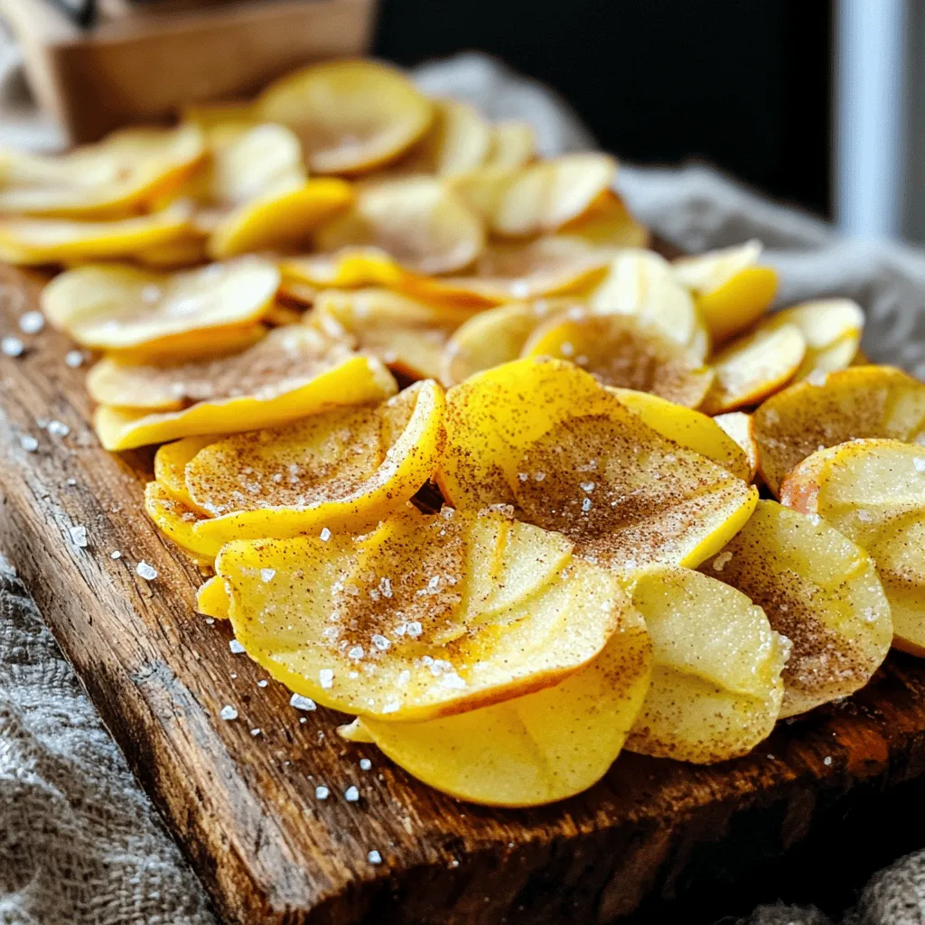 - 2 large apples (preferably Fuji or Honeycrisp) - 2 teaspoons ground cinnamon - 1 tablespoon sugar (or coconut sugar) - 1 tablespoon lemon juice - Pinch of salt To craft the perfect cinnamon apple chips, you need just a few simple ingredients. The apples are the star of the show. I recommend using Fuji or Honeycrisp because they have a nice balance of sweetness and tartness. The ground cinnamon adds that warm, cozy flavor we all love. Sugar enhances the sweetness, but you can swap it for coconut sugar if you want a healthier option. A splash of lemon juice keeps the apples from browning, while a pinch of salt brings out all the flavors. - Additional spices (nutmeg, cloves) - Sweeteners (honey or maple syrup) If you want to take your chips to the next level, you can add other spices like nutmeg or cloves. They can give your apple chips a unique twist. You might also try drizzling honey or maple syrup on your apples for extra sweetness. These optional ingredients let you customize the flavors to fit your taste. The best part? You can mix and match to find your favorite combination! First, preheat your oven to 200°F (95°C). This low heat helps the chips dry out slowly. Next, line a baking sheet with parchment paper. This keeps the chips from sticking. Now, wash two large apples. I like using Fuji or Honeycrisp for their sweetness. Core the apples and slice them thinly. Aim for slices about ⅛ inch thick. A mandoline slicer makes this task easy. In a large bowl, mix 1 tablespoon of lemon juice with the apple slices. This step helps stop the apples from turning brown. Make sure all slices are coated well. In a small bowl, combine 2 teaspoons of ground cinnamon, 1 tablespoon of sugar, and a pinch of salt. This mixture adds flavor to the apples. Sprinkle the cinnamon mix evenly over the apple slices. Toss gently to coat every slice. Now, arrange the apple slices on your baking sheet. Lay them in a single layer without overlapping. This helps them bake evenly. Bake the slices for about 1.5 to 2 hours. Flip the apple slices halfway through. Keep a close eye on them. They should turn crisp and slightly golden. Once they are done, remove the chips from the oven. Let them cool on the baking sheet for about 10 minutes. They will crisp up more as they cool. Enjoy your Cinnamon Apple Chips! For the full recipe, check the earlier section. To get those perfect, crispy apple chips, you must slice the apples very thin. Aim for about ⅛ inch thick. A mandoline slicer is great for this. Thin slices bake evenly, allowing moisture to escape. Flipping the apple slices halfway through baking is also key. This helps them crisp up on both sides, so don’t skip it! Lemon juice plays a big role in keeping your apple slices fresh. Coat the slices in lemon juice right after slicing. This stops browning and keeps the color bright. If you don’t have lemon juice, try vinegar or even a saltwater soak. These methods also work well to prevent browning. You can make this snack even healthier. Use coconut sugar instead of regular sugar. Coconut sugar has a lower glycemic index and adds a nice flavor. Also, opt for organic apples when possible. They are grown without harmful pesticides and taste better. This small change makes your snack even better for you. For the full recipe, check out the earlier section! {{image_2}} You can change the flavor of your cinnamon apple chips. Adding nutmeg gives a warm spice. Vanilla adds a nice sweetness. For a spicy kick, try cayenne pepper. Just a pinch will do. These flavors make your snack special. You have choices when cooking. Baked cinnamon apple chips are simple and classic. You can also use an air fryer for a faster option. Air-frying makes them crisp in less time. Dehydrated apple chips are another choice. They take longer but offer a chewy texture. I love to experiment with all these methods. Choosing the right apple is key for flavor. Fuji and Honeycrisp are my favorites. They are sweet and crisp. You can also try tart apples like Granny Smith. Tart apples give a nice balance to the sweetness. Mix and match to find your favorite! To keep your cinnamon apple chips fresh, use an airtight container. This prevents moisture from making them soft. Glass jars or plastic containers work well. Always let the chips cool completely before storing. If you don’t, steam can form inside the container and ruin the crispiness. Cinnamon apple chips can last up to a week when stored properly. For best flavor, eat them within the first few days. To check for spoilage, look for any signs of moisture or a change in smell. If they feel soft or chewy, they are no longer fresh. If your chips lose their crunch, don’t worry! You can easily re-crisp them. Preheat your oven to 200°F (95°C) again. Spread the chips in a single layer on a baking sheet. Bake for about 10 to 15 minutes. For an air fryer, set it to 300°F (150°C) and cook for about 5 minutes. This method brings back their tasty crunch! To make cinnamon apple chips at home, you need just a few steps. Start by preheating your oven to 200°F (95°C). Prepare a baking sheet with parchment paper. Wash and core two large apples, then slice them very thinly, about ⅛ inch thick. A mandoline slicer helps with this. In a bowl, mix lemon juice with the apple slices to coat them well. This step stops browning. In another bowl, combine cinnamon, sugar, and a pinch of salt. Sprinkle this mix on the apples and toss gently. Lay the apple slices on the baking sheet in a single layer, avoiding any overlap. Bake for about 1.5 to 2 hours, flipping them halfway through. They are done when they are crisp and slightly golden. Let them cool on the baking sheet for 10 minutes, then store them in an airtight container. For the full recipe, check out the details above. Both cinnamon and apples offer great health benefits. Apples are high in fiber and vitamin C. They help with digestion and boost your immune system. Eating apples may lower the risk of heart disease and improve gut health. Cinnamon helps regulate blood sugar levels. It has anti-inflammatory and antioxidant properties. This spice can also enhance brain function. Combining these two ingredients makes a tasty and healthy snack that is good for you. You can find pre-made cinnamon apple chips at many grocery stores. Look for them in the snack aisle or the health food section. Brands like Bare and Stacy's often sell these chips. Whole Foods and Trader Joe's usually carry their own versions too. If you prefer online shopping, Amazon has a wide variety of options. Always check the ingredients to ensure they meet your dietary needs. Making cinnamon apple chips is simple. You need just a few ingredients and easy steps. Choose fresh apples, add spices, and bake until crisp. Remember to slice apples thinly for the best results. In conclusion, enjoy experimenting with flavors and methods. Try different apple types and sweeteners. Store your chips properly to keep them fresh. With these tips, you can create delicious, healthy snacks at home. Happy baking!
