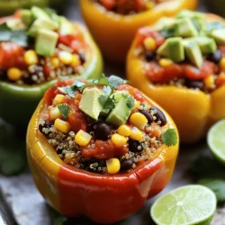 - 4 large bell peppers (any color) - 1 cup quinoa, rinsed - 1 can (15 oz) black beans, drained and rinsed - 1 cup corn (fresh, frozen, or canned) - 1 cup diced tomatoes (fresh or canned) - Spices: 1 teaspoon smoked paprika, 1 teaspoon cumin, 1 teaspoon garlic powder - Salt and pepper to taste - 1/4 cup fresh cilantro, chopped - 1 avocado, diced (for topping) - Lime wedges (for garnish) You can use any color bell pepper for a fun look. I love using red, yellow, and green peppers. They taste sweet and add color. Rinse the quinoa well to remove any bitter flavors. Black beans pack a protein punch and make this dish hearty. You can use fresh, frozen, or canned corn. This adds sweetness and texture to the mix. Diced tomatoes give a juicy burst in every bite. Spices like smoked paprika and cumin provide warmth and depth. Feel free to play with these spices to find your perfect blend. For toppings, add salt and pepper to taste. Fresh cilantro brightens it up. Diced avocado adds creaminess and a nice touch. Lime wedges offer a zesty finish. Check out the Full Recipe for all the steps to make these Vegan Stuffed Bell Peppers! - Preheat the oven to 375°F (190°C). - Cut the tops off the bell peppers and remove seeds and membranes. Place the peppers upright in a baking dish. - Bring vegetable broth to a boil. - Add rinsed quinoa, reduce heat, cover, and simmer for about 15 minutes. Check if all the liquid is absorbed. This step is key for fluffy quinoa. - In a large bowl, mix cooked quinoa with black beans, corn, diced tomatoes, spices, salt, and pepper. - Spoon the mixture into prepared bell peppers. Make sure to pack the filling tightly for the best results. - Cover the baking dish with foil and bake for 25-30 minutes. This helps the peppers become tender. - Remove foil and bake an additional 10 minutes for a charred finish. This adds great flavor and texture. Now, you have a vibrant and healthy dish ready to enjoy! For the detailed recipe, check out the Full Recipe. To get the best results, make sure your quinoa is fully cooked before mixing it with other ingredients. This step is key for a fluffy texture. After cooking, let it sit for a few minutes to absorb any extra liquid. When filling the peppers, pack the mixture tightly. This helps avoid spillage during baking. Each pepper should hold its shape and filling nicely. You can enhance the flavor of your stuffed peppers by adding more spices. Try using chili powder for a bit of heat, or thyme for an earthy note. I often substitute lime juice for a fresh burst in the filling. The tangy flavor really elevates the dish and adds brightness. These stuffed peppers shine when served with a side salad. A fresh green salad can balance the meal nicely. You can also add a dollop of vegan sour cream on top for creaminess. For drinks, pair the meal with iced tea or lemonade. These refreshing beverages can complement the flavors well and add a fun touch to your dining experience. {{image_2}} You can change the filling to match your taste. Swap quinoa for brown rice or lentils for a different texture. Each option brings its own unique flavor. You can also add more veggies. Try zucchini, spinach, or mushrooms in the mix. They bring freshness and color to the dish. Get creative with flavors from around the world. For a Mediterranean twist, add olives and vegan feta cheese. This gives your peppers a salty bite. If you crave Mexican food, include taco seasoning in the filling. Top with salsa for a zesty kick. Both options change the whole vibe of the dish. Want gluten-free meals? Check that all products are certified gluten-free. This way, you can enjoy them without worry. For a high-protein option, add extra beans or legumes. This boosts the protein content and makes the meal more filling. You can make these stuffed peppers fit any diet! Store any leftovers in an airtight container. You can keep them in the refrigerator for up to 3 days. This way, you can enjoy the meal again. Just make sure the lid seals well to lock in freshness. To save the stuffed peppers for later, freeze them in a freezer-safe container. They will last up to 3 months. When you're ready to eat them, just thaw them in the fridge overnight. This keeps the taste and texture nice. For the best results, reheat the stuffed peppers in the oven at 350°F (175°C). This method warms them evenly. If you’re short on time, you can use the microwave. Heat until they are hot all the way through. Enjoy your delicious meal again! Yes, feel free to use mini bell peppers or even jalapeños for a spicier option. Mini peppers make great bite-sized treats. Jalapeños add heat and flavor. Add minced jalapeños or hot sauce to the filling for an extra kick. This gives your dish a bold taste. You can adjust the spice level to suit your taste. Yes, you can prepare the peppers and filling a day in advance and bake when ready. Just store them in the fridge. This makes meal prep easier and saves time. Brown rice, couscous, or farro are great alternatives for the stuffing. Each option adds a unique flavor and texture. Experiment to find your favorite. Yes, this dish is rich in fiber, protein, and essential vitamins, making it a nutritious choice. They are low in fat and high in nutrients. It’s a great way to eat healthy. See the Full Recipe for detailed instructions and nutritional information. Stuffed bell peppers are easy and fun to make. You start with fresh ingredients like bell peppers, quinoa, and black beans. Then, you mix those with tomatoes and spices. After baking them, you can top with cilantro or avocado. This dish is not only tasty but also healthy. You can change up the recipe to fit your taste. Try different spices or fillings. Remember, these peppers store well for a few days or even in the freezer. Enjoy experimenting with this recipe and make it your own!