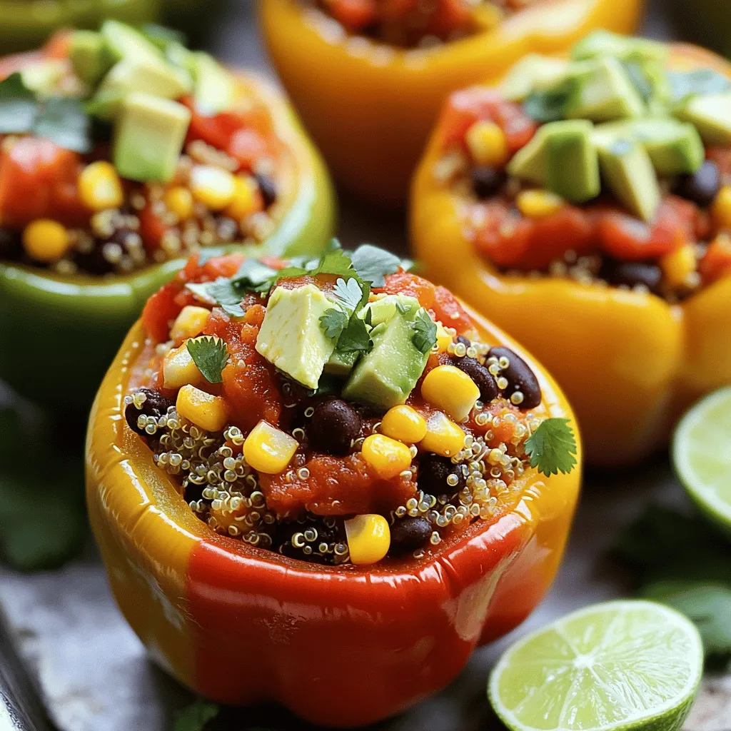 - 4 large bell peppers (any color) - 1 cup quinoa, rinsed - 1 can (15 oz) black beans, drained and rinsed - 1 cup corn (fresh, frozen, or canned) - 1 cup diced tomatoes (fresh or canned) - Spices: 1 teaspoon smoked paprika, 1 teaspoon cumin, 1 teaspoon garlic powder - Salt and pepper to taste - ¼ cup fresh cilantro, chopped - 1 avocado, diced (for topping) - Lime wedges (for garnish) You can use any color bell pepper for a fun look. I love using red, yellow, and green peppers. They taste sweet and add color. Rinse the quinoa well to remove any bitter flavors. Black beans pack a protein punch and make this dish hearty. You can use fresh, frozen, or canned corn. This adds sweetness and texture to the mix. Diced tomatoes give a juicy burst in every bite. Spices like smoked paprika and cumin provide warmth and depth. Feel free to play with these spices to find your perfect blend. For toppings, add salt and pepper to taste. Fresh cilantro brightens it up. Diced avocado adds creaminess and a nice touch. Lime wedges offer a zesty finish. Check out the Full Recipe for all the steps to make these Vegan Stuffed Bell Peppers! - Preheat the oven to 375°F (190°C). - Cut the tops off the bell peppers and remove seeds and membranes. Place the peppers upright in a baking dish. - Bring vegetable broth to a boil. - Add rinsed quinoa, reduce heat, cover, and simmer for about 15 minutes. Check if all the liquid is absorbed. This step is key for fluffy quinoa. - In a large bowl, mix cooked quinoa with black beans, corn, diced tomatoes, spices, salt, and pepper. - Spoon the mixture into prepared bell peppers. Make sure to pack the filling tightly for the best results. - Cover the baking dish with foil and bake for 25-30 minutes. This helps the peppers become tender. - Remove foil and bake an additional 10 minutes for a charred finish. This adds great flavor and texture. Now, you have a vibrant and healthy dish ready to enjoy! For the detailed recipe, check out the Full Recipe. To get the best results, make sure your quinoa is fully cooked before mixing it with other ingredients. This step is key for a fluffy texture. After cooking, let it sit for a few minutes to absorb any extra liquid. When filling the peppers, pack the mixture tightly. This helps avoid spillage during baking. Each pepper should hold its shape and filling nicely. You can enhance the flavor of your stuffed peppers by adding more spices. Try using chili powder for a bit of heat, or thyme for an earthy note. I often substitute lime juice for a fresh burst in the filling. The tangy flavor really elevates the dish and adds brightness. These stuffed peppers shine when served with a side salad. A fresh green salad can balance the meal nicely. You can also add a dollop of vegan sour cream on top for creaminess. For drinks, pair the meal with iced tea or lemonade. These refreshing beverages can complement the flavors well and add a fun touch to your dining experience. {{image_2}} You can change the filling to match your taste. Swap quinoa for brown rice or lentils for a different texture. Each option brings its own unique flavor. You can also add more veggies. Try zucchini, spinach, or mushrooms in the mix. They bring freshness and color to the dish. Get creative with flavors from around the world. For a Mediterranean twist, add olives and vegan feta cheese. This gives your peppers a salty bite. If you crave Mexican food, include taco seasoning in the filling. Top with salsa for a zesty kick. Both options change the whole vibe of the dish. Want gluten-free meals? Check that all products are certified gluten-free. This way, you can enjoy them without worry. For a high-protein option, add extra beans or legumes. This boosts the protein content and makes the meal more filling. You can make these stuffed peppers fit any diet! Store any leftovers in an airtight container. You can keep them in the refrigerator for up to 3 days. This way, you can enjoy the meal again. Just make sure the lid seals well to lock in freshness. To save the stuffed peppers for later, freeze them in a freezer-safe container. They will last up to 3 months. When you're ready to eat them, just thaw them in the fridge overnight. This keeps the taste and texture nice. For the best results, reheat the stuffed peppers in the oven at 350°F (175°C). This method warms them evenly. If you’re short on time, you can use the microwave. Heat until they are hot all the way through. Enjoy your delicious meal again! Yes, feel free to use mini bell peppers or even jalapeños for a spicier option. Mini peppers make great bite-sized treats. Jalapeños add heat and flavor. Add minced jalapeños or hot sauce to the filling for an extra kick. This gives your dish a bold taste. You can adjust the spice level to suit your taste. Yes, you can prepare the peppers and filling a day in advance and bake when ready. Just store them in the fridge. This makes meal prep easier and saves time. Brown rice, couscous, or farro are great alternatives for the stuffing. Each option adds a unique flavor and texture. Experiment to find your favorite. Yes, this dish is rich in fiber, protein, and essential vitamins, making it a nutritious choice. They are low in fat and high in nutrients. It’s a great way to eat healthy. See the Full Recipe for detailed instructions and nutritional information. Stuffed bell peppers are easy and fun to make. You start with fresh ingredients like bell peppers, quinoa, and black beans. Then, you mix those with tomatoes and spices. After baking them, you can top with cilantro or avocado. This dish is not only tasty but also healthy. You can change up the recipe to fit your taste. Try different spices or fillings. Remember, these peppers store well for a few days or even in the freezer. Enjoy experimenting with this recipe and make it your own!