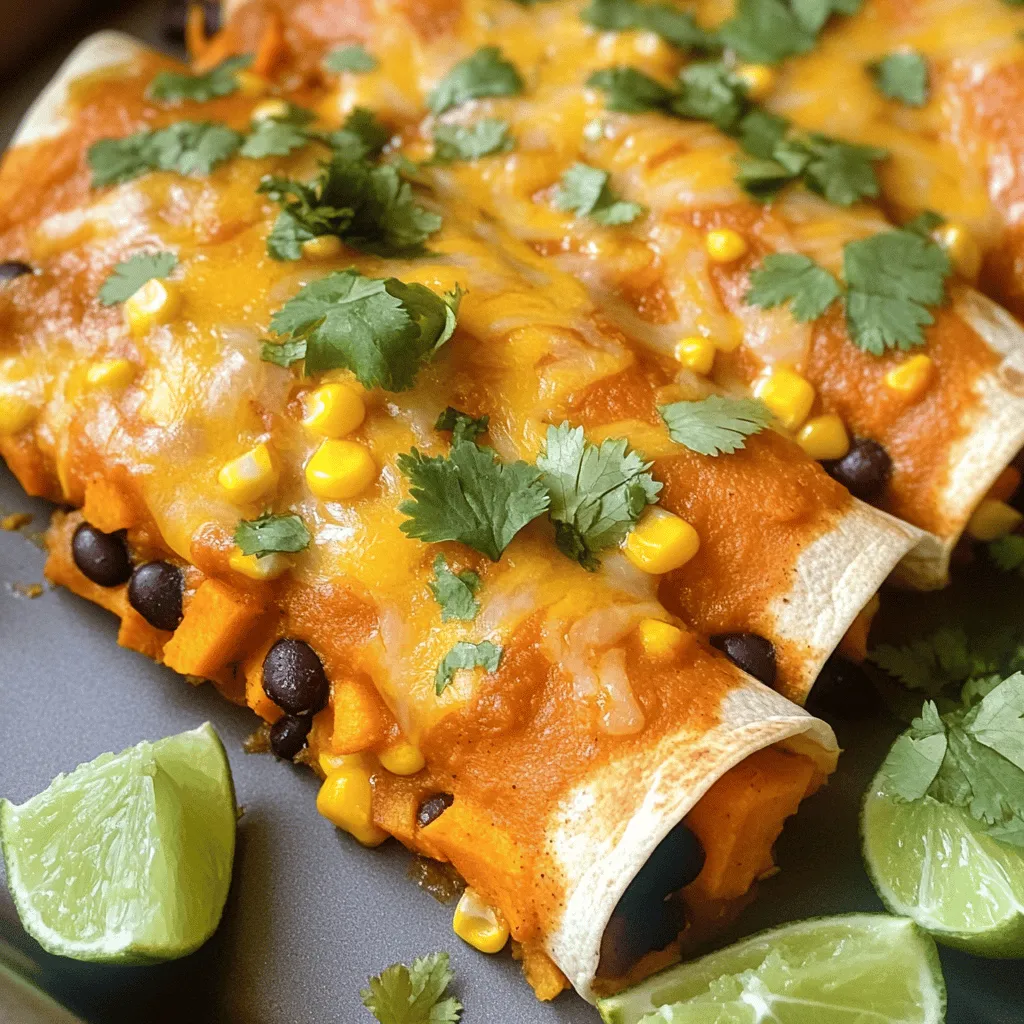 To make savory sweet potato and black bean enchiladas, gather these simple ingredients: - 2 medium sweet potatoes, peeled and diced - 1 can (15 oz) black beans, rinsed and drained - 1 cup corn kernels (fresh or frozen) - 1 teaspoon ground cumin - 1 teaspoon chili powder - ½ teaspoon smoked paprika - Salt and pepper to taste - 8-10 corn tortillas - 2 cups enchilada sauce (store-bought or homemade) - 1 cup shredded cheese (cheddar, Monterey Jack, or vegan cheese) - Fresh cilantro, chopped (for garnish) - Lime wedges (for serving) These ingredients bring together great flavors and textures. Sweet potatoes add creaminess, while black beans provide protein. Corn gives a nice crunch, and spices bring warmth. You can find many options for enchilada sauce. I often make my own, but store-bought works well too. Feel free to customize the cheese based on your taste. If you want to keep it plant-based, use vegan cheese. Fresh cilantro and lime wedges make the dish pop. They add freshness and brightness to each bite. Check out the Full Recipe for detailed steps on how to put these ingredients together into a delicious meal! - Preheat the oven to 375°F (190°C). - In a medium pot, boil water. Add the diced sweet potatoes. Cook for about 10-15 minutes until they are soft. Drain and mash them slightly. - In a large bowl, mix the mashed sweet potatoes with black beans, corn, cumin, chili powder, smoked paprika, salt, and pepper. Combine well. - Take a corn tortilla. Add about 2-3 tablespoons of the sweet potato mixture in the middle. Roll it tightly. Place the rolled tortilla seam-side down in a baking dish. Repeat with the rest of the tortillas and filling. - Spread a thin layer of enchilada sauce (about ½ cup) on the bottom of a 9x13 inch baking dish. This keeps the tortillas from sticking. - Once all the enchiladas are in the dish, pour the rest of the enchilada sauce on top. Make sure to cover all the tortillas. Sprinkle shredded cheese on top. - Cover the dish with foil to stop the cheese from burning. Bake for 20 minutes. Remove the foil and bake for another 10-15 minutes until the cheese is melted and bubbly. - Take it out of the oven. Let it cool for a few minutes before serving. For the full recipe, check out the details above. Enjoy your tasty enchiladas! - How to perfectly mash sweet potatoes Start with peeled and diced sweet potatoes. Boil them in water for 10 to 15 minutes. Check for fork-tenderness. Drain and mash until smooth. A potato masher works great for this task. For extra flavor, mix in a pinch of salt. - Ensuring tortillas don't tear during assembly Warm your corn tortillas before using them. Heat them in a dry pan for about 30 seconds on each side. This softens them and makes them easier to roll without breaking. If you have a microwave, wrap them in a damp paper towel and heat for about 20 seconds. - Ideal garnishes for enchiladas Fresh cilantro adds a bright flavor. Squeeze lime juice over the top for zest. You can also use diced avocado for creaminess. A dollop of sour cream or yogurt adds richness too. - Pairings such as salads or sides A simple green salad goes well with enchiladas. You can use mixed greens, cherry tomatoes, and a light dressing. Roasted veggies or a side of Mexican rice also make tasty companions. - Recommendations for the best enchilada sauce Look for enchilada sauce with natural ingredients. A good sauce should have a rich flavor. If you want to try making your own, blend tomatoes, chili powder, and garlic for a fresh taste. - Choosing fresh versus frozen corn Fresh corn is sweet and crunchy. If it's not in season, frozen corn is a great option. It’s picked at peak freshness and retains flavor. Just be sure to thaw and drain it before adding to the dish. {{image_2}} If you want gluten-free options, use corn tortillas. They taste great and hold up well. For those who need a dairy-free choice, vegan cheese works well. Brands like Daiya or Follow Your Heart melt nicely and add flavor. Want more spice? Add jalapeños to the filling. They give a nice kick. You can also swap out black beans for other beans like pinto or kidney. Each type brings its own taste and texture, so feel free to experiment. You can mix in other veggies for extra nutrition. Spinach or bell peppers add color and flavor. Think about what is in season for the best taste. Using seasonal veggies makes your dish fresh and vibrant. Try this with your sweet potato and black bean enchiladas for a fun twist. For the full recipe, check out the [Full Recipe]. To keep your enchiladas fresh, store leftovers in an airtight container. This helps prevent drying out. Use a glass or plastic container with a tight lid. Make sure to let the enchiladas cool before sealing. They can last up to three days in the fridge. If you want to save some for later, freezing works well. Here’s how: 1. Allow the enchiladas to cool completely. 2. Wrap each enchilada tightly in plastic wrap. 3. Place them in a freezer-safe bag or container. 4. Label the bag with the date. You can freeze them for up to three months. When you are ready to eat, thaw them in the fridge overnight before reheating. To reheat without losing texture, use the oven. Preheat it to 350°F (175°C). Place the enchiladas in a baking dish. Cover them with foil to keep them moist. Heat for about 20 minutes. For a quick option, you can microwave them. Place a damp paper towel over the enchiladas. Heat for 1-2 minutes, checking often. To keep your enchiladas fresh, avoid reheating multiple times. This can make them dry. Enjoy your delicious Sweet Potato and Black Bean Enchiladas from the Full Recipe! How long do Sweet Potato and Black Bean Enchiladas last in the fridge? These enchiladas last about 3 to 5 days in the fridge. Make sure to store them in an airtight container. This keeps them fresh and tasty. Can I make enchiladas ahead of time? Yes, you can prepare them a day before. Just assemble the enchiladas and cover them with sauce. Store them in the fridge overnight. When ready, bake them as directed. What can I substitute for cheese? You can use vegan cheese or nutritional yeast. Both add a nice flavor. You could also skip cheese entirely if you prefer a lighter dish. Are Sweet Potato and Black Bean Enchiladas gluten-free? Yes, if you use gluten-free corn tortillas, these enchiladas are gluten-free. Always check the package to ensure the tortillas meet gluten-free standards. For a complete cooking guide, check out the Full Recipe. In this blog post, we explored how to make delicious Sweet Potato and Black Bean Enchiladas. You learned about the key ingredients, from sweet potatoes to cheese, and went through easy steps to prepare, fill, and bake your enchiladas. We shared useful tips for serving and storing. These enchiladas offer great taste and flexibility. You can customize them to fit your diet or preferences. Enjoy making and sharing this dish with friends and family!