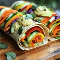 - 4 large whole wheat tortillas - 1 cup red bell pepper, thinly sliced - 1 cup yellow bell pepper, thinly sliced - 1 cup cucumber, julienned - 1 cup carrot, grated - 1 cup purple cabbage, shredded - 1 avocado, sliced - 1 cup hummus (any flavor) - 1 tablespoon lemon juice - Salt and pepper to taste - Fresh cilantro or parsley, for garnish Each ingredient in these wraps serves a purpose. Whole wheat tortillas provide fiber and energy. Red and yellow bell peppers add vitamin C, which helps boost your immune system. Cucumbers add hydration. Carrots bring in beta-carotene for your eyes. Purple cabbage is rich in antioxidants. Avocado contributes healthy fats for heart health, while hummus adds protein and flavor. Lemon juice helps improve digestion and keeps the avocado fresh. Finally, herbs like cilantro or parsley can add even more nutrients. I prefer using fresh veggies for the best taste and crunch. Fresh ingredients also have more nutrients. However, frozen veggies can be a great option when fresh ones aren't available. Just make sure to thaw and drain them well. This will help keep your wraps from getting soggy. You can also use frozen hummus if you are in a pinch. Just let it thaw before spreading it on the tortilla. First, we need to prepare the veggies. Slice the red and yellow bell peppers into thin strips. Next, julienne the cucumber into long, thin pieces. Grate the carrot using a box grater. Finally, shred the purple cabbage. This colorful mix will make your wraps pop! Now, let’s layer our veggies. Start with a large whole wheat tortilla on a flat surface. Spread a thick layer of hummus across the tortilla. Leave about an inch from the edges. Next, lay the red bell pepper strips first. Follow with the yellow bell pepper, cucumber, grated carrot, and shredded cabbage. Place the avocado slices on top. This rainbow pattern looks great and tastes amazing! Wrapping your veggie creation is simple. Begin at the edge closest to you. Fold it over the filling and press down gently. Roll it away from you, tucking in the sides as you go. This keeps everything secure inside. Once wrapped, use a sharp knife to cut it in half. Repeat this for the other tortillas. Enjoy your Rainbow Veggie Wraps fresh or store them for later! For the full recipe, check [Full Recipe]. To keep your veggies fresh, store them in a cool, dry place. Wrap cut veggies in a damp paper towel. This helps them stay crisp. Use airtight containers for sliced veggies. You can also add a little lemon juice to prevent browning. Keeping them separate until you are ready to use them helps too. Hummus adds creaminess to rainbow veggie wraps. For a twist, try roasted red pepper hummus. It pairs well with sweet bell peppers. You can also use garlic hummus for a zing. If you like spice, go for spicy hummus. Each flavor can change the wrap's taste, making it fun to explore. You can easily change these wraps to fit your diet. If you want a low-carb option, use large lettuce leaves instead of tortillas. For a protein boost, add grilled chicken, tofu, or beans. If you are vegan, stick with plant-based proteins. Discuss your preferences to make the wraps your own. For the full recipe, follow the steps outlined above for a delightful meal that fits your needs! {{image_2}} You can swap tortillas for lettuce or rice paper. Lettuce wraps give a crisp bite. Use large leaves like romaine or butter lettuce. They are low in carbs and add a fresh taste. Rice paper adds a fun twist. Just soak it in warm water until soft. Then, wrap your veggies inside. Both options are light and tasty. Adding protein makes your wrap more filling. Grilled chicken is a great choice. It adds flavor and keeps it hearty. You can also use tofu for a plant-based option. Just press it to remove excess water, then grill or sauté. Beans are another easy option. Black beans or chickpeas boost fiber and protein. Mix them in with your veggies for a satisfying meal. Using seasonal veggies can enhance your wrap. In spring, try adding radishes or snap peas for crunch. Summer brings zucchini or cherry tomatoes for sweetness. In fall, roasted sweet potatoes or butternut squash offer warmth. Winter veggies like kale or Brussels sprouts can add depth. Choose what's fresh for the best flavor. Each season brings new colors and tastes to your wraps. For the full recipe, check out the original instructions and ingredient list. To store leftover wraps, wrap them tightly in plastic wrap. You can also use aluminum foil. Place them in an airtight container. This keeps them fresh and prevents drying out. If you have cut wraps, store each half in separate containers. When prepping these wraps, make all the veggies ahead. Keep them in separate containers. This way, you can mix and match your wraps each day. You can also prepare the hummus in bulk. Use different flavors to change it up. Making wraps this way saves time and keeps things fun. Fresh veggies last about 3 to 5 days in the fridge. Make sure they are dry before storing. Hummus can last about a week in the fridge. If you buy store-bought, check the label for dates. Whole wheat tortillas stay fresh for about 2 weeks if sealed well. Always check for any signs of spoilage before using. The best way to prevent avocado from browning is to use lemon juice. The acid in lemon juice slows down the oxidation process. I mix the sliced avocado with a tablespoon of lemon juice. This keeps it fresh and bright. Add a pinch of salt and pepper for taste. Always cut the avocado right before you use it for the best results. Yes, you can use many different sauces instead of hummus. Try using tzatziki, guacamole, or a yogurt-based sauce. Each sauce adds a unique flavor to the wraps. You can even use a spicy sauce if you want a kick. Just make sure the sauce spreads easily on the tortilla. To make these wraps spicier, you can add spicy sauces. Hot sauce or sriracha works great. You can also add sliced jalapeños for a fresh kick. Another option is to mix some chili powder into your hummus or sauce. Adjust the spice level to match your taste. Enjoy the heat! Rainbow veggie wraps are a fun and healthy meal. We covered the key ingredients, their benefits, and how to keep them fresh. You can layer the veggies for a pretty look and choose your favorite sauces. There are many ways to customize your wrap with different proteins and vegetables. In the end, these wraps are flexible and easy to make. With the right tips, you can enjoy fresh meals all week long. So, get creative and enjoy your tasty, colorful wraps!