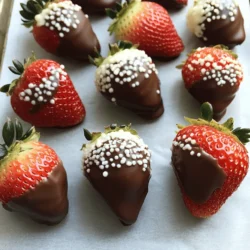 To make chocolate dipped strawberries, you'll need a few simple items. Here’s a quick list: - 1 pound fresh strawberries, rinsed and dried - 8 ounces dark chocolate (70% cocoa or more), chopped - 4 ounces white chocolate, chopped (optional for drizzling) - 1 teaspoon coconut oil (optional, for smoothness) - Sea salt or crushed nuts (for topping, optional) These ingredients create a treat that is both sweet and satisfying. Fresh strawberries are the star here. Choose strawberries that are ripe and firm for the best flavor. You can get creative with your chocolate dipped strawberries! Here are some fun options: - Milk chocolate instead of dark chocolate - Colored sprinkles for a festive touch - Chopped nuts like almonds or pecans - Drizzle of caramel or peanut butter These additions can enhance your dessert's look and taste. Don't hesitate to mix and match! Quality matters when it comes to chocolate. Choose chocolate with a high cocoa content. This ensures rich flavor and smooth texture. For strawberries, freshness is key. Look for bright, shiny, and firm berries. Avoid any with soft spots or blemishes. The better your ingredients, the better your treat will be! Start with fresh strawberries. Rinse them gently under cold water. Make sure they are completely dry. Any water will make the chocolate slide off. Use a paper towel to pat them dry. Hold the strawberries by the green stems. This keeps your hands clean while dipping. Take 8 ounces of dark chocolate and chop it into small pieces. Place the chocolate in a microwave-safe bowl. If you want smoother chocolate, add 1 teaspoon of coconut oil. Microwave the bowl for 20 seconds. Stir the chocolate, then repeat until it melts. Be careful not to overheat the chocolate. It should be smooth and glossy. Hold a strawberry by the stem. Dip it into the melted chocolate. Make sure to coat it well. Swirl it gently to remove extra chocolate. Let the excess chocolate drip back into the bowl. Place the dipped strawberry on a baking sheet lined with parchment paper. Leave some space between each berry. This prevents them from sticking together. If you want, melt 4 ounces of white chocolate in a separate bowl. Use the same method as with dark chocolate. Once melted, take a fork or piping bag. Drizzle the white chocolate over the dipped strawberries. For extra flair, sprinkle some sea salt or crushed nuts on top. This adds flavor and texture. Let the chocolate set in the fridge for about 30 minutes. You can find the full recipe for these tasty treats above. When making chocolate dipped strawberries, avoid these common errors: - Wet Strawberries: Make sure your strawberries are completely dry. Any water will ruin the chocolate coat. - Wrong Chocolate: Use high-quality chocolate. Cheap chocolate can taste waxy and won't melt well. - Too Much Chocolate: If you dip too deep, it can get messy. Keep the dip just to the berry. Chocolate is sensitive to temperature. Here’s what to keep in mind: - Room Temperature: Chocolate should melt smoothly at room temperature. - Humidity: High humidity can cause chocolate to sweat. Try to work in a dry space to avoid this. Follow these tips for perfect dipping and chilling: - Dip Quickly: Dip your strawberries quickly to avoid the chocolate hardening before you finish. - Chill Properly: After dipping, place the strawberries on parchment paper. Chill them for about 30 minutes for a firm coat. - Decorate After Dipping: If you want to add toppings, do it right after dipping. This helps them stick well. For more detailed steps, check out the Full Recipe. Enjoy your delicious treats! {{image_2}} You can make white chocolate dipped strawberries for a sweet twist. The process is similar. Start with fresh strawberries. Melt the white chocolate just like the dark chocolate. Dip each strawberry into the white chocolate. Let the excess drip off. Place them on parchment paper to cool. This gives a creamy taste that pairs well with the berry's tartness. Toppings can make your strawberries even more fun! After dipping in chocolate, sprinkle on crushed nuts, sprinkles, or sea salt. Almonds or pistachios add a nice crunch. Colorful sprinkles bring joy to any plate. You can mix and match to find your favorite topping. This way, each bite is a surprise. Want to try something new? Add flavors to your chocolate! You can mix in a few drops of peppermint or orange extract. This adds a fresh taste to the chocolate. Another idea is to drizzle with caramel or ganache. These flavors create a unique treat that is sure to impress. Be bold and get creative with your chocolate dipped strawberries! To keep your chocolate dipped strawberries fresh, place them in a single layer. Use an airtight container for storage. If you stack them, the chocolate may get damaged. Keep them in the refrigerator to maintain their taste and texture. For the best flavor, eat your chocolate dipped strawberries within 24 hours. If you want to keep them longer, avoid washing them until you're ready to eat. Moisture can cause the chocolate to lose its shine and become sticky. You can also place a paper towel in the container. This helps absorb excess moisture. Chocolate dipped strawberries are perfect for special events. Serve them at parties, weddings, or date nights. Arrange them on a platter for a beautiful display. You can also drizzle them with white chocolate for a lovely touch. Consider pairing them with a glass of champagne or a scoop of vanilla ice cream for a delightful treat. For the full recipe, check out the details above. Chocolate dipped strawberries last about 24 hours in the fridge. After that, they may get soggy. To keep them fresh, store them in an airtight container. Yes, you can use milk chocolate. It will give a sweeter flavor. Dark chocolate adds a nice balance with its rich taste. The best chocolate for dipping is dark chocolate with 70% cocoa or more. It melts well and coats smoothly. You can also use high-quality milk or white chocolate. You can make them up to a day in advance. Just keep them in the fridge. Avoid making them too far ahead, as they taste best fresh. You can find pre-made chocolate dipped strawberries at many grocery stores or bakeries. Some gourmet shops also sell them. Check the fresh produce or dessert section for the best options. For a delicious treat, try the Full Recipe for decadent chocolate dipped strawberries! Chocolate dipped strawberries are simple yet impressive. We covered the essential and optional ingredients, key steps for perfect dipping, and tips to avoid common mistakes. Remember to choose quality ingredients for better taste. You can mix it up with variations like white chocolate or fun toppings. Proper storage keeps them fresh and tasty. With these ideas and tips, you can create delightful treats for any occasion. Enjoy making your own chocolate dipped strawberries! They’re sure to impress everyone who tries them.