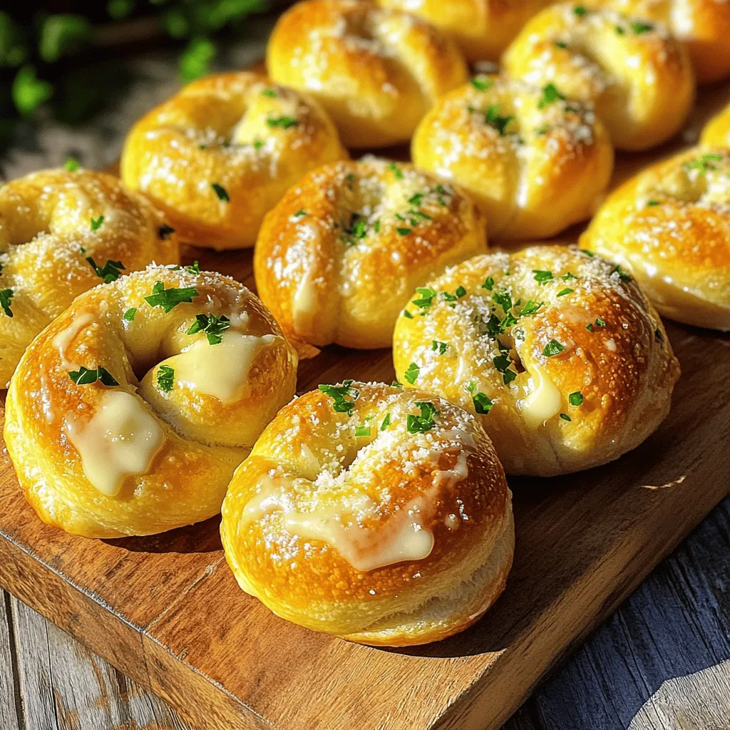 - 1 pound pizza dough (store-bought or homemade) - ⅓ cup unsalted butter, melted - 4 cloves garlic, minced - 1 tablespoon fresh parsley, chopped - 1 teaspoon garlic powder - ½ teaspoon salt - ¼ teaspoon black pepper - Grated Parmesan cheese for topping (optional) Buttery garlic knots start with simple ingredients. You can use pizza dough from the store or make your own at home. The dough is the base of this recipe. It gives your knots their soft and chewy texture. Next, we need unsalted butter. This adds richness. It melts into the knots, making them taste divine. Garlic is key here, too. We’ll use minced garlic and garlic powder for a flavor that bursts in your mouth. Fresh parsley brings a nice touch of color and a slight freshness. Salt and black pepper round out the flavors. They help make everything taste balanced. If you want to elevate your knots, consider adding grated Parmesan cheese on top. This adds a salty kick and extra depth. These ingredients come together to create a dish that is not just tasty but also fun to make. You will love how quickly you can whip these up for any occasion. For the full recipe, check out the details above. 1. Preheat your oven and prepare the baking sheet. Start by setting your oven to 375°F (190°C). While that warms up, grab a baking sheet and line it with parchment paper. This keeps the knots from sticking and makes cleanup easy. 2. Cut the pizza dough into equal pieces. Take your pizza dough, either store-bought or homemade, and place it on a floured surface. Use a knife or a dough cutter to slice the dough into 12 equal pieces. This ensures all knots bake evenly. 3. Shape each piece into a long rope and knot it. Roll each piece into a long rope, about 8 inches long. Once you have your rope, twist it into a knot. To do this, fold the ends back through the middle. Place each knot on the prepared baking sheet, giving them some space. 1. Mix melted butter and seasonings in a bowl. In a small bowl, combine ⅓ cup of melted unsalted butter, 4 minced garlic cloves, 1 tablespoon of chopped fresh parsley, 1 teaspoon of garlic powder, ½ teaspoon of salt, and ¼ teaspoon of black pepper. Stir well until everything blends together. 2. Brush the garlic butter mixture over the knots. Take a pastry brush and generously coat each knot with the garlic butter mixture. Save some for brushing after baking to keep that buttery flavor strong. 1. Bake until golden brown and cooked through. Place the baking sheet in the preheated oven. Bake for 15 to 20 minutes, or until the knots turn a lovely golden brown. 2. Apply remaining garlic butter after baking. Once the knots are done, pull them from the oven. Immediately brush the remaining garlic butter over the hot knots. This adds more flavor and keeps them moist. Enjoy these buttery garlic knots warm, and don’t forget to check out the Full Recipe for more details! To get the best texture for your buttery garlic knots, start with room-temperature dough. Cold dough does not stretch well. Knead it lightly before cutting to help it rise. This step makes the knots soft and fluffy. For even cooking, place the knots about an inch apart on the baking sheet. This distance allows heat to circulate around each knot. Rotate the baking sheet halfway through baking. This ensures every knot bakes evenly and gets that perfect golden color. You can add herbs and spices to boost flavor. Fresh thyme or rosemary pairs nicely with garlic. Just mix these herbs into the garlic butter for a tasty twist. If you want a spicy kick, consider adding red pepper flakes to the mix. Cheese options can add richness to the knots. Grated Parmesan is a classic choice. You can sprinkle it on top right after baking. For a creamier option, try adding mozzarella into the knot before baking. This creates a gooey surprise in every bite. For the full recipe, check out the [Full Recipe]. {{image_2}} You can make your garlic knots even tastier by using fresh herbs. Try adding basil, thyme, or rosemary to the garlic butter mix. Each herb brings its own flavor and aroma, making the knots unique. You can also use Italian seasoning blends. They often contain a mix of dried herbs like oregano, thyme, and basil. These blends add depth to your knots and enhance their savory profile. For cheese lovers, cheese-stuffed knots are a must-try. Simply add mozzarella or cheddar cheese into the dough before knotting. As they bake, the cheese melts and creates a gooey center that is delightful. You can serve these knots with marinara sauce for dipping. This pairing adds a fun twist and complements the garlic flavor. Enjoying these twists with friends or family makes them even better. Check out the Full Recipe for detailed instructions and tips! To keep your buttery garlic knots fresh, follow these simple steps: - Cool them: Let the knots cool to room temperature before storing. - Use an airtight container: Place the knots in an airtight container. This helps keep them soft and prevents them from drying out. - Refrigerate or freeze: If you plan to eat them soon, store them in the fridge. For longer storage, freeze them. Just make sure to separate layers with parchment paper. Reheating your garlic knots can bring back their yummy taste. Here’s how to do it best: - Oven: Preheat your oven to 350°F (175°C). Place the knots on a baking sheet. Bake for about 10 minutes. This keeps them crisp on the outside. - Microwave: For a faster option, use the microwave. Place a damp paper towel over the knots and heat for 15-20 seconds. This helps retain moisture but may make them softer. - Tips for texture: If you want to keep the knots crunchy, always prefer the oven. The microwave is quick but can make them a bit chewy. For the full recipe, check out the detailed steps and ingredients listed earlier. Can I use a different type of dough? Yes, you can use other dough types. Try biscuit dough or bread dough. Each type gives a unique flavor and texture. Experiment to find your favorite. How can I make these gluten-free? To make gluten-free garlic knots, use gluten-free pizza dough. Many stores sell ready-made options. You can also make your own using gluten-free flour blends. What can I serve with buttery garlic knots? Buttery garlic knots pair well with marinara sauce, fresh salads, or soups. They also make a great side for pasta dishes. What to do if knots don’t rise properly? If your knots don’t rise, check the yeast. It may be old or inactive. Warm temperatures help dough rise. Try placing it in a warm spot to encourage rising. How to fix an overly greasy appearance? If your knots look too greasy, reduce the butter next time. Brush them lightly with the garlic butter mixture. Let them drain on paper towels after baking to absorb extra grease. Buttery garlic knots are simple and delicious. We covered the key ingredients and easy steps to make them. I shared tips on perfecting the texture and enhancing the flavor with herbs and cheese. Plus, I explained how to store and reheat leftovers. Whether you want to try variations or troubleshoot issues, you now have the knowledge to make these tasty knots. Enjoy making them for any meal or snack!