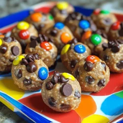 - 1 cup rolled oats - ½ cup creamy peanut butter - ⅓ cup honey or maple syrup - ¼ cup mini chocolate chips - ¼ cup M&M's or colorful chocolate candies - ¼ cup ground flaxseed - ½ teaspoon vanilla extract - A pinch of sea salt The ingredients for No Bake Monster Cookie Energy Bites are simple and easy to find. Each one plays a key role in flavor and texture. These energy bites are not just tasty; they pack a punch of nutrition. Each bite has about 100 calories. The breakdown is around 3 grams of protein, 4 grams of fat, and 15 grams of carbs. They give you energy without the sugar crash. When selecting oats, use rolled oats. They give the best texture. Instant oats can make the bites too mushy. For peanut butter, choose a creamy type. Natural peanut butter is best. Check for added sugars or oils. A clean peanut butter will keep your bites healthy and tasty. For the full recipe, check the earlier section. Make these energy bites today! Mixing dry ingredients Start by gathering your dry ingredients. In a large mixing bowl, combine: - 1 cup rolled oats - ¼ cup ground flaxseed - A pinch of sea salt Mix these ingredients well. This step ensures that the oats and flaxseed blend evenly. Preparing wet ingredients Next, grab another bowl. Whisk together: - ½ cup creamy peanut butter - ⅓ cup honey or maple syrup - ½ teaspoon vanilla extract Mix these until smooth. It should look creamy and well combined. Mixing wet and dry ingredients together Now, pour the wet mixture over the dry ingredients. Stir them together until fully combined. You want every bit of dry mix to absorb the wet ingredients. Incorporating chocolate chips and M&M's Once combined, gently fold in: - ¼ cup mini chocolate chips - ¼ cup M&M's or colorful chocolate candies Mix until you see the chocolate evenly spread throughout. Tips for shaping the bites Take a tablespoon-sized portion of the mixture. Roll it into a ball using your hands. If it’s too sticky, wet your hands with a little water. This will help shape the bites easier. How to store before refrigeration Place the rolled energy bites on a parchment-lined baking sheet or plate. This prevents them from sticking. You can then refrigerate them for at least 30 minutes. This cooling time helps them firm up. Enjoy making these No Bake Monster Cookie Energy Bites! For the complete recipe, check the Full Recipe section. To keep your energy bites from being too sticky, use cooled hands. Wet your hands with water before rolling. This simple trick makes it easier to form perfect balls. You can also adjust the recipe. If your mixture feels too wet, add more oats or flaxseed. If it's too dry, mix in a bit more peanut butter or syrup. Finding the right texture is key to a great bite. For gatherings, serve your energy bites in a bright bowl. A colorful platter adds fun and cheer. You might even sprinkle extra chocolate chips or M&M's on top for flair. These bites pair well with milk, coffee, or fruit juice. They make a great snack for kids and adults alike. If you want a nut-free option, use sunflower seed butter instead of peanut butter. It has a nice flavor and works well in this recipe. For sweeteners, try agave syrup or maple syrup if you prefer. Each sweetener brings a unique taste, so feel free to experiment. Using different options can lead to delicious results! You can find the Full Recipe for more details and steps on making these tasty bites. {{image_2}} You can change up the flavor of your energy bites easily. Try using different nut butters, like almond or cashew. This adds a unique taste. You can also mix in spices like cinnamon for warmth. Just a pinch can change the whole bite. Mix-ins are fun and flexible. Add dried fruits like raisins or cranberries for sweetness. You can also toss in seeds like chia or pumpkin for crunch. For chocolate lovers, use dark or white chocolate chips instead of mini ones. Each choice gives a new twist to the bites. Want to make these bites gluten-free? Use certified gluten-free oats. This small change makes them safe for those with gluten issues. If you're vegan, swap honey with maple syrup. You can also choose a nut butter that fits your diet. These simple swaps keep everyone happy. For the full recipe, check the details above. Enjoy crafting your energy bites! To keep your energy bites fresh, use an airtight container. A glass jar or a plastic food storage container works well. Store them in the fridge for the best taste and texture. They will stay fresh for up to one week. If you see them getting too soft, just pop them back in the fridge. You can freeze energy bites for longer storage. Place them in a single layer on a baking sheet. Freeze for about one hour. After they are firm, transfer them to a freezer-safe bag or container. They can last up to three months in the freezer. When you want to enjoy them, take out the bites and let them thaw in the fridge. This helps keep their flavor and texture. You can also eat them straight from the freezer if you like a chill! For more detailed steps, check the Full Recipe. No bake energy bites can last about one week in the fridge. Store them in an airtight container to keep them fresh. For longer storage, you can freeze them. They will stay tasty for up to three months in the freezer. Just remember to thaw them in the fridge before eating. Yes, you can easily make these energy bites nut-free. Use sun butter or soy nut butter instead of peanut butter. These options taste great and keep the bites creamy. Always check for allergies when serving to others. You can customize the flavors in many fun ways. Try adding different nut butters, like almond or cashew. You can also mix in spices like cinnamon or cocoa powder. Use dark chocolate chips instead of mini ones for a richer taste. Get creative with your favorite add-ins! These energy bites are best no-bake, but you can bake them if you want. Baking will change the texture, making them more like cookies. Bake at 350°F for about 10 minutes. Keep an eye on them to avoid burning. Enjoy your unique twist on the classic recipe! For the full recipe, check out the details above. No Bake Monster Cookie Energy Bites are easy to make and enjoy. We covered the best ingredients, like oats, peanut butter, and honey. You learned step-by-step instructions for mixing and rolling the bites. Tips helped ensure they turn out perfect every time. Feel free to try different flavors and customizations. Store them well so you have tasty snacks on hand. Now, you can enjoy a fun and healthy treat anytime!