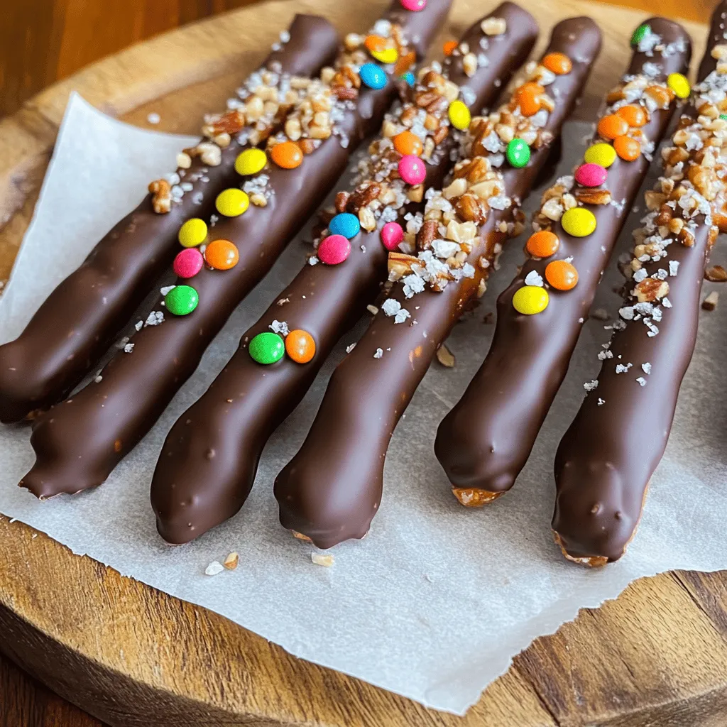 - 1 cup pretzel rods - 1 cup dark chocolate chips - 1 teaspoon coconut oil (for smoothness) - ½ cup chopped nuts (almonds, peanuts, or hazelnuts) - ½ cup colorful sprinkles - Sea salt for garnish To make chocolate dipped pretzel rods, you need just a few simple ingredients. First, grab some pretzel rods. They add a great crunch. Next, gather dark chocolate chips. They bring rich flavor and sweetness. You will also need coconut oil. This keeps the chocolate smooth and easy to dip. Chopped nuts can add a nice crunch and flavor. Almonds, peanuts, or hazelnuts work well. Colorful sprinkles make your treats look fun and festive. Last, sea salt adds a touch of balance. It enhances the sweet taste of the chocolate. This list gives you all you need for a tasty snack. Follow the [Full Recipe] for detailed steps to create your delicious treat! Melting the chocolate and coconut oil Start by gathering your dark chocolate chips and coconut oil. Place them in a microwave-safe bowl. Heat them in the microwave in 30-second bursts. Stir often until the mix is smooth and melted. This step is key for a nice coating. Dipping the pretzel rods Next, grab your pretzel rods. Dip each rod into the melted chocolate. Make sure the rod is covered well. Lift it out and let the extra chocolate drip off. This helps avoid a soggy snack. Decorating with toppings While the chocolate is still wet, add your toppings. Use chopped nuts, colorful sprinkles, or both. Press them gently to make sure they stick. This adds fun texture and makes the pretzel rods pop visually. Adding sea salt Once all the pretzel rods are coated and decorated, sprinkle a little sea salt on top. This will help balance the sweet chocolate. Just a pinch makes a big difference! Chilling the pretzel rods Now, place the decorated pretzel rods on a baking sheet lined with parchment paper. Pop them in the fridge for about 30 minutes. This helps the chocolate harden and makes the snacks ready to eat. Serving suggestions After chilling, take the pretzel rods out. Carefully remove them from the parchment paper. You can arrange them on a nice platter. They also make great gifts when packaged nicely. Enjoy your tasty treats! For the full recipe, check out the details provided earlier. To get the best chocolate-dipped pretzel rods, start with even coating. Dip your pretzel rod in the melted chocolate. Move it around gently to cover all sides. Let any extra chocolate drip off. This step helps keep the pretzel from being too messy. To handle excess chocolate, hold the pretzel rod above the bowl for a few seconds. Tap it lightly against the bowl's edge. This way, you remove any extra chocolate without losing the sheen. Using coconut oil is key for smooth chocolate. It helps the chocolate stay silky and easy to dip. Just mix one teaspoon with your dark chocolate chips while melting. This simple addition makes a big difference. Watch for chocolate seize. If you get water in your chocolate, it will clump. To avoid this, use dry utensils and bowls. Keep everything clean and dry for best results. Choosing the right toppings can make your pretzel rods pop. You can use chopped nuts, colorful sprinkles, or even crushed candies. Mix and match for fun textures and flavors. For presentation, arrange the dipped pretzel rods on a nice platter. You can even wrap them in clear bags with a ribbon for gifts. This makes your treat look extra special! For the full recipe, check out the details above. {{image_2}} You can choose from many types of chocolate for your pretzel rods. Milk chocolate is sweet and creamy. It makes the pretzels taste rich and indulgent. White chocolate, on the other hand, is sweet but has a different taste. It offers a nice contrast to the salty pretzels. You can also use flavored chocolates, like mint or raspberry. These can add a fun twist to your snack. Just melt them the same way as dark chocolate. This lets you create unique flavors that surprise your guests. While nuts and sprinkles are classic choices, think outside the box. Try crushed cookies, like Oreos, for a different texture. You can also use coconut flakes for a tropical vibe. Dried fruit, like cranberries or cherries, adds a sweet and chewy touch. For special occasions, use seasonal decorations. Around Halloween, use orange and black sprinkles. For Christmas, add red and green ones. This will make your pretzel rods festive and fun. You can easily scale this recipe up or down. If you want more rods, just double the ingredients. If you need fewer, cut the amounts in half. This lets you make just the right amount for any gathering. For parties, serve them on a platter with colorful paper. You could also package them as gifts in clear bags tied with ribbons. This makes them great for sharing or giving away. To keep your chocolate dipped pretzel rods fresh, use an airtight container. A glass jar or a plastic container works best. Line the bottom with wax paper to prevent sticking. Store them in a cool, dry place away from sunlight. This helps maintain their crunch and yummy flavor. Avoid placing them in the fridge unless it is very warm outside. Chilling can cause the chocolate to sweat and lose its shine. If you do refrigerate them, let them sit at room temperature before serving. This restores their texture. If you want to keep your pretzel rods longer, freezing is a great option. Place them in a single layer on a baking sheet. Flash freeze them for about an hour. This keeps them from sticking together. After they freeze, transfer the pretzel rods to a freezer-safe bag. Make sure to squeeze out all the air before sealing. They can last up to three months in the freezer. When you're ready to enjoy them, take them out and let them thaw at room temperature. This brings back their delicious crunch and taste. For the best quality, do not refreeze them after thawing. For the full recipe of chocolate dipped pretzel rods, refer to the recipe section above. Chocolate dipped pretzel rods last about a week at room temperature. Keep them in an airtight container to avoid moisture. If you refrigerate them, they can last up to two weeks. The cold helps the chocolate stay firm and fresh. Yes, you can use different pretzels. Stick pretzels work best, but you can use mini pretzels or pretzel twists too. Each type gives a unique taste and texture. Mini pretzels are great for bite-sized snacks, while twists add fun shapes. Absolutely! You can skip the nuts to make it nut-free. Instead of nuts, try using seeds like sunflower or pumpkin seeds. They add crunch without the nut risk. Use allergen-friendly sprinkles to keep it safe for everyone. You can find pre-made chocolate dipped pretzel rods in many places. Look for brands like Pretzel Crisps or gourmet shops. Online, check Amazon or specialty food stores. Local grocery stores may also stock them in the snack aisle. In this post, we explored how to create delicious chocolate-dipped pretzel rods. We covered the ingredients needed, like pretzel rods and chocolate chips. I shared easy steps for preparing and decorating them. You learned tips for perfecting your technique and making tasty variations. I also discussed storage tips to keep them fresh. Remember, these treats are fun to customize for any occasion. Enjoy making your own version, and impress your friends and family with these sweet snacks!