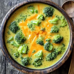 To make Copycat Panera Broccoli Cheddar Soup, gather these ingredients: - 4 cups broccoli florets, chopped - 1 cup carrots, grated - 1 medium onion, diced - 2 cloves garlic, minced - 4 cups vegetable broth - 1 cup half-and-half - 2 cups shredded sharp cheddar cheese - 3 tablespoons unsalted butter - 3 tablespoons all-purpose flour - 1 teaspoon Dijon mustard - 1/2 teaspoon paprika - Salt and pepper to taste These ingredients create a creamy, savory soup that warms the soul. If you're missing an ingredient, don't worry! Here are some easy swaps: - For half-and-half, use whole milk or heavy cream. - Swap sharp cheddar with mild cheddar or Gruyère for a different taste. - Use vegetable broth or chicken broth based on your preference. - Replace fresh broccoli with frozen broccoli for convenience. - If you need a gluten-free option, use cornstarch instead of flour. These substitutes can keep your soup tasty and fun. When shopping for ingredients, look for bright, vibrant colors. Here are some tips: - Choose broccoli with firm stalks and tight florets. - For carrots, pick ones that feel smooth and are not soft. - Select onions that are dry and heavy for their size. - Smell the garlic; it should be strong and fresh, not sprouted. Fresh produce makes all the difference in flavor. Start by melting 3 tablespoons of unsalted butter in a large pot over medium heat. Once the butter is melted, add 1 medium diced onion. Cook until the onion turns clear, about 4-5 minutes. Next, stir in 2 minced garlic cloves. Cook it for another minute until you smell the garlic. Now, sprinkle in 3 tablespoons of all-purpose flour. Stir this mixture for about 2 minutes. This step makes a roux. It adds thickness to your soup. Gradually whisk in 4 cups of vegetable broth. Make sure there are no lumps. Bring the mix to a gentle simmer. Now, add 4 cups of chopped broccoli florets and 1 cup of grated carrots. If you want, save a few broccoli florets for later. Simmer everything for about 15-20 minutes. The veggies should be tender by now. Stir in 1 cup of half-and-half, 1 teaspoon of Dijon mustard, and 1/2 teaspoon of paprika. Mix it well to combine all the flavors. Slowly add 2 cups of shredded sharp cheddar cheese. Stir until the cheese melts and the soup is creamy. Season with salt and pepper to taste. If it’s too thick, add a little more broth or half-and-half. If you saved some broccoli florets, steam them until tender, about 3-4 minutes. Use them to garnish your soup. Use fresh broccoli for the best taste. Cut it into small pieces for quicker cooking. Be patient while melting the cheese. This step makes your soup smooth and rich. Taste your soup before serving. Adjust the seasoning to suit your palate. Do not skip the roux; it helps to thicken the soup. Avoid cooking the cheese on high heat. This can make it grainy. If your soup is too thick, add more broth or half-and-half. Lastly, do not rush the simmering time. This step allows the flavors to blend well. For the full recipe, check out the suggested link. To get the right texture, start by cooking the vegetables until they are soft. This helps create a smooth soup. If you like a creamier feel, blend a portion of the soup. You can use an immersion blender or a regular blender. Just remember to let it cool a bit before blending. For a thicker soup, add more cheese or reduce the broth. Adding a few key extras can boost the flavor. Try a splash of lemon juice for brightness. A pinch of cayenne pepper adds warmth without being too spicy. You can also mix in some fresh herbs like thyme or parsley. These will give your soup a fresh taste. Always taste your soup before serving. Adjust salt and pepper as needed. Serve your broccoli cheddar soup in a bread bowl for a fun twist. It makes the meal more filling and adds flavor. For a lighter option, pair it with a simple salad. A side of crusty bread or crackers also works well. This adds texture and makes the meal more enjoyable. Garnish with extra cheese or steamed broccoli florets for a nice touch. Check out the Full Recipe for more tips! {{image_2}} You can make this soup vegan with simple swaps. Use plant-based butter instead of regular butter. Replace half-and-half with coconut milk or cashew cream for creaminess. For cheese, use nutritional yeast or a dairy-free cheese blend. This keeps the rich taste while making it vegan-friendly. To make this soup gluten-free, swap all-purpose flour for a gluten-free blend. You can use cornstarch or arrowroot powder as a thickener instead. Just mix it with some broth before adding it to the pot. Always check labels on your broth and cheese for gluten. You can spice up your soup with a few fun additions. Try adding a pinch of cayenne for heat. Incorporate cooked potatoes for extra creaminess. You can also toss in some cooked bacon or ham for a hearty twist. Experiment with different herbs like thyme or basil for added flavor. For more details, check out the Full Recipe. To store your leftover Copycat Panera Broccoli Cheddar Soup, let it cool first. Then, pour it into airtight containers. Make sure to leave some space at the top to allow for expansion when it freezes. This soup stays fresh for about 3 to 4 days in the fridge. When you’re ready to enjoy your soup again, pour it into a pot. Heat it over medium heat. Stir often to prevent sticking. If the soup is too thick, add a splash of broth or half-and-half. You can also reheat it in the microwave. Use a microwave-safe bowl and cover it loosely. Heat it in 30-second bursts, stirring in between. If you want to keep your soup for longer, freezing is a great option. Pour the cooled soup into freezer-safe containers. Leave about an inch of space at the top. It can stay in the freezer for up to 3 months. To thaw, move it to the fridge overnight. Then, reheat as mentioned above. This way, you can enjoy your creamy broccoli cheddar bliss any time! To make this soup, you start with butter and onions. Melt the butter in a pot over medium heat. Add the diced onion and cook until it is soft. This takes about 4-5 minutes. Then, add minced garlic for flavor. After that, sprinkle in the flour to make a roux. Stir for about 2 minutes. Next, whisk in vegetable broth gradually. Bring it to a simmer. Now, add broccoli and carrots and let them cook until soft, about 15-20 minutes. Finally, mix in half-and-half, mustard, paprika, and cheese. Stir until everything is creamy. For the full recipe, check the section above. Yes, you can use frozen broccoli. It saves time and still tastes great. Just make sure to thaw it first. This helps the broccoli cook evenly. Cut the pieces smaller if they are large. Frozen broccoli cooks faster than fresh. Keep an eye on it while simmering. You want it tender but not mushy. Broccoli cheddar soup lasts about 3-4 days in the fridge. Store it in an airtight container. Let the soup cool before sealing. This helps keep it fresh. If you want to eat it later, check for any off smells before reheating. Always reheat the soup until it is steaming hot. You can serve the soup with bread or a salad. A warm baguette pairs well. You can also try a side salad with greens. For a fun twist, serve it in a bread bowl. This adds a nice crunch and flavor. Enjoy your meal with a drink, like iced tea or lemonade. In this blog post, we explored how to make a delicious broccoli cheddar soup. We covered the key ingredients, shared tips for picking fresh produce, and provided a complete recipe. You learned about helpful substitutes, storage tips, and variations for different diets. To sum up, this soup is easy to make and fun to customize. Enjoy creating this comforting dish in your home kitchen!