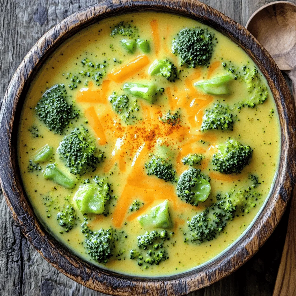 To make Copycat Panera Broccoli Cheddar Soup, gather these ingredients: - 4 cups broccoli florets, chopped - 1 cup carrots, grated - 1 medium onion, diced - 2 cloves garlic, minced - 4 cups vegetable broth - 1 cup half-and-half - 2 cups shredded sharp cheddar cheese - 3 tablespoons unsalted butter - 3 tablespoons all-purpose flour - 1 teaspoon Dijon mustard - ½ teaspoon paprika - Salt and pepper to taste These ingredients create a creamy, savory soup that warms the soul. If you're missing an ingredient, don't worry! Here are some easy swaps: - For half-and-half, use whole milk or heavy cream. - Swap sharp cheddar with mild cheddar or Gruyère for a different taste. - Use vegetable broth or chicken broth based on your preference. - Replace fresh broccoli with frozen broccoli for convenience. - If you need a gluten-free option, use cornstarch instead of flour. These substitutes can keep your soup tasty and fun. When shopping for ingredients, look for bright, vibrant colors. Here are some tips: - Choose broccoli with firm stalks and tight florets. - For carrots, pick ones that feel smooth and are not soft. - Select onions that are dry and heavy for their size. - Smell the garlic; it should be strong and fresh, not sprouted. Fresh produce makes all the difference in flavor. Start by melting 3 tablespoons of unsalted butter in a large pot over medium heat. Once the butter is melted, add 1 medium diced onion. Cook until the onion turns clear, about 4-5 minutes. Next, stir in 2 minced garlic cloves. Cook it for another minute until you smell the garlic. Now, sprinkle in 3 tablespoons of all-purpose flour. Stir this mixture for about 2 minutes. This step makes a roux. It adds thickness to your soup. Gradually whisk in 4 cups of vegetable broth. Make sure there are no lumps. Bring the mix to a gentle simmer. Now, add 4 cups of chopped broccoli florets and 1 cup of grated carrots. If you want, save a few broccoli florets for later. Simmer everything for about 15-20 minutes. The veggies should be tender by now. Stir in 1 cup of half-and-half, 1 teaspoon of Dijon mustard, and ½ teaspoon of paprika. Mix it well to combine all the flavors. Slowly add 2 cups of shredded sharp cheddar cheese. Stir until the cheese melts and the soup is creamy. Season with salt and pepper to taste. If it’s too thick, add a little more broth or half-and-half. If you saved some broccoli florets, steam them until tender, about 3-4 minutes. Use them to garnish your soup. Use fresh broccoli for the best taste. Cut it into small pieces for quicker cooking. Be patient while melting the cheese. This step makes your soup smooth and rich. Taste your soup before serving. Adjust the seasoning to suit your palate. Do not skip the roux; it helps to thicken the soup. Avoid cooking the cheese on high heat. This can make it grainy. If your soup is too thick, add more broth or half-and-half. Lastly, do not rush the simmering time. This step allows the flavors to blend well. For the full recipe, check out the suggested link. To get the right texture, start by cooking the vegetables until they are soft. This helps create a smooth soup. If you like a creamier feel, blend a portion of the soup. You can use an immersion blender or a regular blender. Just remember to let it cool a bit before blending. For a thicker soup, add more cheese or reduce the broth. Adding a few key extras can boost the flavor. Try a splash of lemon juice for brightness. A pinch of cayenne pepper adds warmth without being too spicy. You can also mix in some fresh herbs like thyme or parsley. These will give your soup a fresh taste. Always taste your soup before serving. Adjust salt and pepper as needed. Serve your broccoli cheddar soup in a bread bowl for a fun twist. It makes the meal more filling and adds flavor. For a lighter option, pair it with a simple salad. A side of crusty bread or crackers also works well. This adds texture and makes the meal more enjoyable. Garnish with extra cheese or steamed broccoli florets for a nice touch. Check out the Full Recipe for more tips! {{image_2}} You can make this soup vegan with simple swaps. Use plant-based butter instead of regular butter. Replace half-and-half with coconut milk or cashew cream for creaminess. For cheese, use nutritional yeast or a dairy-free cheese blend. This keeps the rich taste while making it vegan-friendly. To make this soup gluten-free, swap all-purpose flour for a gluten-free blend. You can use cornstarch or arrowroot powder as a thickener instead. Just mix it with some broth before adding it to the pot. Always check labels on your broth and cheese for gluten. You can spice up your soup with a few fun additions. Try adding a pinch of cayenne for heat. Incorporate cooked potatoes for extra creaminess. You can also toss in some cooked bacon or ham for a hearty twist. Experiment with different herbs like thyme or basil for added flavor. For more details, check out the Full Recipe. To store your leftover Copycat Panera Broccoli Cheddar Soup, let it cool first. Then, pour it into airtight containers. Make sure to leave some space at the top to allow for expansion when it freezes. This soup stays fresh for about 3 to 4 days in the fridge. When you’re ready to enjoy your soup again, pour it into a pot. Heat it over medium heat. Stir often to prevent sticking. If the soup is too thick, add a splash of broth or half-and-half. You can also reheat it in the microwave. Use a microwave-safe bowl and cover it loosely. Heat it in 30-second bursts, stirring in between. If you want to keep your soup for longer, freezing is a great option. Pour the cooled soup into freezer-safe containers. Leave about an inch of space at the top. It can stay in the freezer for up to 3 months. To thaw, move it to the fridge overnight. Then, reheat as mentioned above. This way, you can enjoy your creamy broccoli cheddar bliss any time! To make this soup, you start with butter and onions. Melt the butter in a pot over medium heat. Add the diced onion and cook until it is soft. This takes about 4-5 minutes. Then, add minced garlic for flavor. After that, sprinkle in the flour to make a roux. Stir for about 2 minutes. Next, whisk in vegetable broth gradually. Bring it to a simmer. Now, add broccoli and carrots and let them cook until soft, about 15-20 minutes. Finally, mix in half-and-half, mustard, paprika, and cheese. Stir until everything is creamy. For the full recipe, check the section above. Yes, you can use frozen broccoli. It saves time and still tastes great. Just make sure to thaw it first. This helps the broccoli cook evenly. Cut the pieces smaller if they are large. Frozen broccoli cooks faster than fresh. Keep an eye on it while simmering. You want it tender but not mushy. Broccoli cheddar soup lasts about 3-4 days in the fridge. Store it in an airtight container. Let the soup cool before sealing. This helps keep it fresh. If you want to eat it later, check for any off smells before reheating. Always reheat the soup until it is steaming hot. You can serve the soup with bread or a salad. A warm baguette pairs well. You can also try a side salad with greens. For a fun twist, serve it in a bread bowl. This adds a nice crunch and flavor. Enjoy your meal with a drink, like iced tea or lemonade. In this blog post, we explored how to make a delicious broccoli cheddar soup. We covered the key ingredients, shared tips for picking fresh produce, and provided a complete recipe. You learned about helpful substitutes, storage tips, and variations for different diets. To sum up, this soup is easy to make and fun to customize. Enjoy creating this comforting dish in your home kitchen!