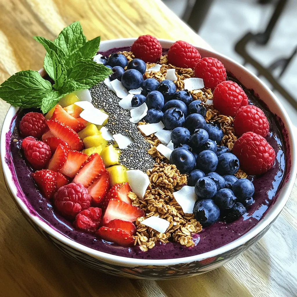 To make a tasty açaí bowl, you need simple ingredients. Here is what you will need: - 2 packets frozen açaí puree (about 100g each) - 1 ripe banana - ½ cup almond milk (or any milk of choice) These three items create the base of your bowl. The açaí puree gives a deep, fruity flavor. The banana adds creaminess and natural sweetness. Almond milk helps blend everything smoothly. You can add sweeteners for extra flavor. Here are some options: - 1 tablespoon honey or agave syrup (optional) If you like your bowl sweeter, add honey or agave syrup. These sweeteners blend well without overpowering the açaí flavor. Toppings make your açaí bowl fun and colorful. Here are some great choices: - ½ cup granola - ½ cup mixed berries (strawberries, blueberries, raspberries) - 1 tablespoon chia seeds - 1 tablespoon coconut flakes - Mint leaves for garnish Granola adds a nice crunch. Mixed berries bring bright colors and more flavor. Chia seeds and coconut flakes add texture and nutrients. Finish with a mint leaf for a fresh touch. You can find the full recipe to create your perfect açaí bowl. Enjoy customizing and exploring flavors! To start, gather your ingredients. You need two packets of frozen açaí puree, a ripe banana, and half a cup of almond milk. If you like, add a tablespoon of honey or agave syrup for sweetness. 1. Place the frozen açaí puree, banana, almond milk, and honey in a blender. 2. Blend until smooth and creamy. If the mix is too thick, add more almond milk. 3. Once blended, pour the mixture into a bowl. This is your rich açaí base. Now comes the fun part—layering your toppings! 1. Start with half a cup of granola. Place it on one side of the bowl. 2. Next, take half a cup of mixed berries. Arrange strawberries, blueberries, and raspberries beside the granola. This adds color and freshness. 3. Sprinkle one tablespoon of chia seeds and coconut flakes over the top. This creates a nice contrast with the vibrant fruits. 4. Finally, add a sprig of mint leaves for a pop of green. It makes your bowl look beautiful. Your açaí bowl is ready to serve! 1. Grab a spoon and dig in right away. 2. Enjoy the mix of flavors and textures. The crunch of granola pairs well with soft fruit. 3. Feel free to share your bowl with friends. They will love it! For more details, check the Full Recipe. This simple and delicious açaí bowl will surely brighten your day! To get that smooth and creamy texture, use frozen açaí puree. Add a ripe banana and some almond milk to your blender. Blend until it is smooth. If it’s too thick, add a bit more milk. If it’s too runny, add more frozen açaí. You want it thick enough to hold your toppings well. Start with granola as your base. This adds crunch and flavor. Next, place your mixed berries on the side. Try to arrange them by color for a pretty look. Then, sprinkle chia seeds and coconut flakes on top. This layering makes it fun to eat and looks great in the bowl. You can prepare your açaí base the night before. Just blend the açaí, banana, and milk, then store in the fridge. In the morning, layer your toppings before serving. This saves time and keeps your breakfast fresh. Remember, you can switch up the toppings each day for variety. Check out the Full Recipe to explore more ideas! {{image_2}} You can add a tropical twist to your açaí bowl. Start with your base of açaí, banana, and almond milk. Then, mix in fresh mango and pineapple. They add a sweet, juicy flavor that brightens the bowl. Just chop the fruits and blend them in. You can also top with extra mango and pineapple for more texture. This bowl feels like a vacation in every bite! If you have nut allergies, don’t worry! You can still enjoy açaí bowls. Substitute almond milk with oat milk or coconut milk. Use nut-free granola or leave it out. You can sprinkle sunflower seeds or pumpkin seeds on top instead. These seeds give a nice crunch and add nutrition without nuts. Always check labels to ensure no hidden nuts in your ingredients. Making a vegan açaí bowl is easy and delicious! Stick to plant-based ingredients. Use agave syrup instead of honey for sweetness. Choose granola that is certified vegan. You can also add plant-based yogurt on top for creaminess. Don't forget fresh fruits like bananas and berries. They enhance the flavor and make the bowl colorful. You’ll love how creamy and satisfying a vegan açaí bowl can be! If you have leftover açaí bowl, store it in the fridge. Use an airtight container to keep it fresh. The bowl stays good for about one day. If you wait too long, the toppings may get soggy. To enjoy it again, just stir it up before eating. You can freeze açaí puree for later use. This is a great way to save time. Pour the puree into ice cube trays. Once frozen, pop out the cubes and place them in a ziplock bag. This method keeps the puree fresh for up to three months. When you need it, just blend a few cubes with your favorite fruits and milk. For best results, choose glass or BPA-free plastic containers. These keep your açaí bowl fresh longer. Glass containers do not absorb smells. Plastic ones are lightweight and easy to store. Ensure your container is tight-sealing to block air. This helps maintain the delicious taste and texture of your açaí bowl. Açaí is a small, dark purple berry from Brazil. It grows on açaí palm trees in the Amazon rainforest. People love açaí for its taste and health benefits. It is rich in antioxidants, fiber, and heart-healthy fats. This berry helps with energy and boosts your immune system. You will find açaí in smoothie bowls, drinks, and desserts. The vibrant color and unique flavor make it fun to eat. Açaí bowls are popular because they are tasty, healthy, and customizable. You can use fresh açaí, but it is not common. Fresh açaí spoils quickly and is often hard to find. Most recipes use frozen açaí puree, as it is easier to get. Frozen puree keeps the berry's nutrients and flavor. If you find fresh açaí, you can blend it with other fruits. Just remember to add a sweetener, as fresh açaí can taste bitter. For this recipe, I recommend sticking with frozen açaí for the best results. Check the [Full Recipe] for details. You can easily adjust this recipe for different diets. Here are some ideas: - Dairy-Free: Use almond, coconut, or oat milk instead of regular milk. - Sweeteners: If you prefer no added sugar, skip the honey or agave. Use ripe bananas for natural sweetness. - Nut-Free: Swap granola with seeds or puffed rice to avoid nuts. - Vegan: Ensure your sweeteners and granola are vegan-friendly. Feel free to get creative and make this bowl fit your needs! Making a homemade açaí bowl is easy and fun. We covered essential ingredients and optional flavors. Then, I shared step-by-step instructions for preparing the base and layering toppings. You learned tips for perfect consistency and storage options. Finally, we explored fun variations, including tropical and vegan-friendly bowls. Now, you can enjoy a delicious açaí bowl that suits your taste. Customize it and make it your own. Happy blending!