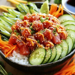 To make your Easy Spicy Tuna Sushi Bowls, you need fresh and quality ingredients. Here’s what you will need: - 1 cup sushi rice - 1 ½ cups water - 1 tablespoon rice vinegar - 1 tablespoon sugar - ¼ teaspoon salt - 8 oz sushi-grade tuna, diced - 2 tablespoons mayonnaise (preferably Kewpie) - 1 tablespoon sriracha (adjust to taste) - 1 cucumber, thinly sliced - 1 avocado, sliced - 1 carrot, julienned - 2 green onions, thinly sliced - Sesame seeds for garnish - Nori sheets, cut into strips (optional) - Soy sauce for drizzling Having the right tools makes cooking easier. Here’s what you will need for this recipe: - Medium pot for cooking rice - Bowl for mixing sushi vinegar - Large bowl for sushi rice - Cutting board and knife for chopping veggies - Serving bowls for assembling your sushi bowls You can make this dish your own by adding extra flavors. Consider these optional ingredients: - Avocado slices for creaminess - Extra veggies like radish or bell pepper for crunch - Pickled ginger as a tasty side - Spicy mayo made with more sriracha and mayo - Sesame oil for added flavor With these ingredients, you can create a delicious and satisfying meal. You can find the full recipe for Easy Spicy Tuna Sushi Bowls in the article. Start by rinsing the sushi rice. Use cold water and rinse until it runs clear. This step removes excess starch, making the rice less sticky. In a medium pot, mix the rinsed rice with 1 ½ cups of water. Bring this to a boil over medium heat. Once it boils, lower the heat, cover, and let it cook for 18-20 minutes. The rice should be tender when done. After cooking, let it sit covered for 10 more minutes. This resting time helps the rice finish cooking evenly. While the rice cooks, prepare the sushi vinegar. In a small bowl, mix 1 tablespoon of rice vinegar with 1 tablespoon of sugar and ¼ teaspoon of salt. Stir until the sugar and salt dissolve fully. This vinegar adds a nice tang to the rice. Once the rice is ready, gently fold the sushi vinegar into it. Let the rice cool a bit before using it in your bowls. Next, take 8 ounces of sushi-grade tuna and dice it into small pieces. In a bowl, combine the diced tuna with 2 tablespoons of mayonnaise and 1 tablespoon of sriracha. Mix well to ensure the tuna is coated evenly. You can adjust the amount of sriracha to make it spicier or milder based on your taste. This spicy tuna mixture is the star of your sushi bowls. Now, it’s time to build your beautiful sushi bowls. Start by dividing the sushi rice among serving bowls. On top of the rice, add the spicy tuna mixture. Then, layer on thin slices of cucumber, avocado, and julienned carrot. Finish with thinly sliced green onions. For a nice touch, sprinkle sesame seeds on top. If you like, you can add nori strips around the edges. Finally, drizzle some soy sauce over everything for extra flavor. For the full recipe, check the instructions above. Enjoy your meal! Perfect sushi rice is key to great bowls. Rinse the sushi rice well. This removes excess starch. Use cold water until it runs clear. This helps the rice stay fluffy. For cooking, use a ratio of 1 cup rice to 1.5 cups water. Bring it to a boil, then lower the heat. Cover and simmer for 18 to 20 minutes. Let it sit for 10 minutes after cooking. This resting time helps the rice firm up. Gently fold in the sushi vinegar for flavor. The spicy tuna mix can be made for everyone. Start with 1 tablespoon of sriracha. Mix it in with the tuna and mayo. Taste and adjust the spice as you like. If you want it milder, add less sriracha. For more heat, add more sriracha. You can also add hot sauce on top. This way, each person can adjust it to their taste. A well-presented bowl is a feast for the eyes. Use a wide, shallow bowl for a beautiful look. Start with a base of fluffy sushi rice. Layer on the spicy tuna, then add colorful veggies. Use slices of avocado, cucumber, and julienned carrot for color. Finish with a sprinkle of sesame seeds. You can add nori strips around the edge for style. Drizzle soy sauce on top for flavor. A stunning bowl makes the meal more fun. For the full recipe, check the details above. {{image_2}} If you don't have tuna, you can use salmon. Salmon gives a similar taste and texture. You can also try cooked shrimp or crab. Both options work well and taste great in sushi bowls. For a quick fix, canned tuna works, too. Just make sure it's good quality. For a vegetarian or vegan bowl, skip the fish altogether. Try using marinated tofu instead. It adds protein and absorbs flavors well. You can also add more veggies, like bell peppers or radishes. Another great option is using avocado as a star ingredient. This gives your bowl a creamy texture. You can get creative with your toppings. Try adding pickled ginger for a tangy bite. Seaweed salad is a lovely addition, adding flavor and texture. You can also mix in edamame for extra crunch. If you love heat, add jalapeños or more sriracha. Each topping can change the taste of your bowl. So, mix and match based on what you love! For the complete method and flavors, check out the Full Recipe. Store your leftover sushi bowls in an airtight container. Make sure to keep the rice separate from the toppings. This prevents sogginess and keeps flavors fresh. Leftover bowls will last in the fridge for up to two days. Always check for freshness before eating. Reheating sushi rice can be tricky. Start by adding a splash of water to the rice. Place it in a microwave-safe bowl, cover it with a damp paper towel, and heat for 30 seconds at a time. Stir between intervals to avoid hot spots. The rice should be warm, not hot, to keep its texture. You can freeze some sushi ingredients for future use. Sushi rice can be frozen in portions. Just let it cool completely before placing it in a freezer bag. Tuna can also be frozen, but make sure it's sushi-grade. Wrap it tightly to prevent freezer burn. Other veggies like cucumbers and avocados do not freeze well, so use them fresh. For the full recipe, visit the link. You should use sushi rice. It has short grains and is sticky. This type of rice helps the bowl stay together. The stickiness makes it easy to eat with chopsticks. Other types of rice, like basmati or jasmine, won't work as well. Yes, you can use cooked tuna. While traditional sushi uses raw tuna, cooked tuna works too. Canned tuna is a popular choice. Just mix it with mayonnaise and sriracha like in the recipe. This will give you a tasty and safe meal. To make gluten-free sushi bowls, choose gluten-free soy sauce. Most soy sauces contain wheat, which is not gluten-free. Additionally, check the mayonnaise you use. Kewpie mayonnaise may contain gluten, so opt for a gluten-free brand. This way, everyone can enjoy your meal. Yes, sushi-grade tuna is safe to eat raw. It comes from fish that meet strict quality standards. Stores usually label it as sushi-grade. However, always buy from a trusted source. This ensures freshness and safety. Following these tips helps you enjoy your spicy tuna sushi bowls worry-free. In this post, we explored how to make easy spicy tuna sushi bowls. We covered ingredients, tools, and step-by-step instructions. You learned tips for perfect sushi rice and ways to customize your bowls. For those with dietary needs, we discussed substitutes and storage tips. Sushi bowls are fun and flexible. With practice, you can impress friends and family. Enjoy the flavor and creativity in your cooking!