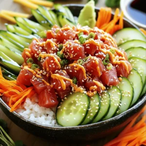 To make your Easy Spicy Tuna Sushi Bowls, you need fresh and quality ingredients. Here’s what you will need: - 1 cup sushi rice - 1 ½ cups water - 1 tablespoon rice vinegar - 1 tablespoon sugar - ¼ teaspoon salt - 8 oz sushi-grade tuna, diced - 2 tablespoons mayonnaise (preferably Kewpie) - 1 tablespoon sriracha (adjust to taste) - 1 cucumber, thinly sliced - 1 avocado, sliced - 1 carrot, julienned - 2 green onions, thinly sliced - Sesame seeds for garnish - Nori sheets, cut into strips (optional) - Soy sauce for drizzling Having the right tools makes cooking easier. Here’s what you will need for this recipe: - Medium pot for cooking rice - Bowl for mixing sushi vinegar - Large bowl for sushi rice - Cutting board and knife for chopping veggies - Serving bowls for assembling your sushi bowls You can make this dish your own by adding extra flavors. Consider these optional ingredients: - Avocado slices for creaminess - Extra veggies like radish or bell pepper for crunch - Pickled ginger as a tasty side - Spicy mayo made with more sriracha and mayo - Sesame oil for added flavor With these ingredients, you can create a delicious and satisfying meal. You can find the full recipe for Easy Spicy Tuna Sushi Bowls in the article. Start by rinsing the sushi rice. Use cold water and rinse until it runs clear. This step removes excess starch, making the rice less sticky. In a medium pot, mix the rinsed rice with 1 ½ cups of water. Bring this to a boil over medium heat. Once it boils, lower the heat, cover, and let it cook for 18-20 minutes. The rice should be tender when done. After cooking, let it sit covered for 10 more minutes. This resting time helps the rice finish cooking evenly. While the rice cooks, prepare the sushi vinegar. In a small bowl, mix 1 tablespoon of rice vinegar with 1 tablespoon of sugar and ¼ teaspoon of salt. Stir until the sugar and salt dissolve fully. This vinegar adds a nice tang to the rice. Once the rice is ready, gently fold the sushi vinegar into it. Let the rice cool a bit before using it in your bowls. Next, take 8 ounces of sushi-grade tuna and dice it into small pieces. In a bowl, combine the diced tuna with 2 tablespoons of mayonnaise and 1 tablespoon of sriracha. Mix well to ensure the tuna is coated evenly. You can adjust the amount of sriracha to make it spicier or milder based on your taste. This spicy tuna mixture is the star of your sushi bowls. Now, it’s time to build your beautiful sushi bowls. Start by dividing the sushi rice among serving bowls. On top of the rice, add the spicy tuna mixture. Then, layer on thin slices of cucumber, avocado, and julienned carrot. Finish with thinly sliced green onions. For a nice touch, sprinkle sesame seeds on top. If you like, you can add nori strips around the edges. Finally, drizzle some soy sauce over everything for extra flavor. For the full recipe, check the instructions above. Enjoy your meal! Perfect sushi rice is key to great bowls. Rinse the sushi rice well. This removes excess starch. Use cold water until it runs clear. This helps the rice stay fluffy. For cooking, use a ratio of 1 cup rice to 1.5 cups water. Bring it to a boil, then lower the heat. Cover and simmer for 18 to 20 minutes. Let it sit for 10 minutes after cooking. This resting time helps the rice firm up. Gently fold in the sushi vinegar for flavor. The spicy tuna mix can be made for everyone. Start with 1 tablespoon of sriracha. Mix it in with the tuna and mayo. Taste and adjust the spice as you like. If you want it milder, add less sriracha. For more heat, add more sriracha. You can also add hot sauce on top. This way, each person can adjust it to their taste. A well-presented bowl is a feast for the eyes. Use a wide, shallow bowl for a beautiful look. Start with a base of fluffy sushi rice. Layer on the spicy tuna, then add colorful veggies. Use slices of avocado, cucumber, and julienned carrot for color. Finish with a sprinkle of sesame seeds. You can add nori strips around the edge for style. Drizzle soy sauce on top for flavor. A stunning bowl makes the meal more fun. For the full recipe, check the details above. {{image_2}} If you don't have tuna, you can use salmon. Salmon gives a similar taste and texture. You can also try cooked shrimp or crab. Both options work well and taste great in sushi bowls. For a quick fix, canned tuna works, too. Just make sure it's good quality. For a vegetarian or vegan bowl, skip the fish altogether. Try using marinated tofu instead. It adds protein and absorbs flavors well. You can also add more veggies, like bell peppers or radishes. Another great option is using avocado as a star ingredient. This gives your bowl a creamy texture. You can get creative with your toppings. Try adding pickled ginger for a tangy bite. Seaweed salad is a lovely addition, adding flavor and texture. You can also mix in edamame for extra crunch. If you love heat, add jalapeños or more sriracha. Each topping can change the taste of your bowl. So, mix and match based on what you love! For the complete method and flavors, check out the Full Recipe. Store your leftover sushi bowls in an airtight container. Make sure to keep the rice separate from the toppings. This prevents sogginess and keeps flavors fresh. Leftover bowls will last in the fridge for up to two days. Always check for freshness before eating. Reheating sushi rice can be tricky. Start by adding a splash of water to the rice. Place it in a microwave-safe bowl, cover it with a damp paper towel, and heat for 30 seconds at a time. Stir between intervals to avoid hot spots. The rice should be warm, not hot, to keep its texture. You can freeze some sushi ingredients for future use. Sushi rice can be frozen in portions. Just let it cool completely before placing it in a freezer bag. Tuna can also be frozen, but make sure it's sushi-grade. Wrap it tightly to prevent freezer burn. Other veggies like cucumbers and avocados do not freeze well, so use them fresh. For the full recipe, visit the link. You should use sushi rice. It has short grains and is sticky. This type of rice helps the bowl stay together. The stickiness makes it easy to eat with chopsticks. Other types of rice, like basmati or jasmine, won't work as well. Yes, you can use cooked tuna. While traditional sushi uses raw tuna, cooked tuna works too. Canned tuna is a popular choice. Just mix it with mayonnaise and sriracha like in the recipe. This will give you a tasty and safe meal. To make gluten-free sushi bowls, choose gluten-free soy sauce. Most soy sauces contain wheat, which is not gluten-free. Additionally, check the mayonnaise you use. Kewpie mayonnaise may contain gluten, so opt for a gluten-free brand. This way, everyone can enjoy your meal. Yes, sushi-grade tuna is safe to eat raw. It comes from fish that meet strict quality standards. Stores usually label it as sushi-grade. However, always buy from a trusted source. This ensures freshness and safety. Following these tips helps you enjoy your spicy tuna sushi bowls worry-free. In this post, we explored how to make easy spicy tuna sushi bowls. We covered ingredients, tools, and step-by-step instructions. You learned tips for perfect sushi rice and ways to customize your bowls. For those with dietary needs, we discussed substitutes and storage tips. Sushi bowls are fun and flexible. With practice, you can impress friends and family. Enjoy the flavor and creativity in your cooking!
