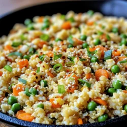 - 1 medium head of cauliflower - 2 tablespoons coconut oil - 2 cloves garlic - 1 small onion - 1 cup mixed vegetables - 2 large eggs - 3 tablespoons soy sauce - 1 tablespoon sesame oil - Salt and pepper - 2 green onions - Optional: 1 teaspoon chili flakes Cauliflower fried rice is a great meal. It is light yet filling. This dish uses fresh ingredients, making it healthy. The main ingredient, cauliflower, is low in carbs. It is a smart swap for regular rice. You get the same texture but with fewer calories. You can use coconut oil for cooking. It adds a nice flavor and is good for you. Garlic and onion bring a lot of taste to this dish. They also make your kitchen smell amazing. I love adding mixed vegetables. You can use peas, carrots, or corn. They bring color and extra nutrients. If you want more protein, you can add eggs. They help make the dish more satisfying. Soy sauce and sesame oil add depth. You can control the salt with them. If you like heat, add chili flakes. They give a nice kick to the dish. Don't forget the green onions! They add freshness and crunch. You can find the full recipe in the section above. Enjoy your cooking! - Cut the cauliflower into quarters. - Grate it into rice-sized pieces. - Set aside for later use. - Heat coconut oil in a large skillet. - Add minced garlic and diced onion. - Cook until fragrant and the onion is soft. - Stir in mixed vegetables like carrots, peas, and corn. - Cook for 3-4 minutes until tender. - Push the vegetables to one side of the skillet. - Pour beaten eggs into the empty side. - Scramble the eggs until they are fully cooked. - Mix the eggs into the vegetable mixture. - Add the grated cauliflower to the skillet. - Pour in soy sauce and sesame oil. - Stir everything together. - Cook for 5-7 minutes until the cauliflower is tender. - Season with salt, pepper, and chili flakes if desired. - Toss in chopped green onions just before serving. This simple and tasty dish brings together fresh flavors in a quick meal. For the complete process, check the Full Recipe. To get the best texture in your cauliflower rice, avoid over-processing. If you chop it too fine, it can become mushy when cooked. Use fresh cauliflower for great taste and a nice crunch. Look for heads that feel firm and heavy. Adjust soy sauce to match your taste. Start with less, then add more if needed. You can also play with spices and herbs. Try garlic powder, ginger, or even curry for fun twists. These choices can make your dish truly special. Keep an eye on cooking time for the right texture. If you like it softer, cook a bit longer. If you enjoy crunchiness, reduce the time. Each cook has their own preference, so feel free to make it your own. {{image_2}} You can easily add more protein to your cauliflower fried rice. For a classic touch, incorporate diced chicken or shrimp. Both cook quickly and add great flavor. If you prefer a vegetarian dish, use tofu. Simply cube the tofu, sauté it until golden, and mix it in. This adds a nice texture and boosts the protein count. Variety in vegetables is key to making this dish fun. Instead of mixed vegetables, you can substitute with bell peppers or broccoli. Both add bright color and crunch. For a nutrient boost, toss in leafy greens like spinach. They cook down nicely and blend well with the other ingredients. Changing the flavor can keep this meal exciting. Try adding curry powder or fresh ginger for a warm, spicy kick. You can also experiment with different sauces. Instead of soy sauce, try teriyaki or hoisin for a sweet twist. Each variation brings a new taste to your plate, making this dish endlessly customizable and fun. For the full recipe, check out the detailed instructions above. After making cauliflower fried rice, store your leftovers in an airtight container. This helps keep it fresh. Consume it within 3-4 days for the best taste. If you want to save some for later, freeze it in portion-sized containers. This way, you can enjoy it anytime. Be sure to thaw it before reheating to maintain its texture. For the best texture, use a skillet to reheat the fried rice. This method warms it evenly and keeps it from getting soggy. You can also use a microwave if you're in a hurry. Just be sure to stir it halfway through heating. To make cauliflower rice, start with a medium head of cauliflower. First, remove the leaves and cut the cauliflower into quarters. Then, use a grater or food processor to pulse it into rice-sized pieces. Aim for about a quarter inch in size. Once it's grated, set it aside for later use in your cauliflower fried rice dish. Yes, you can make this dish vegan! Instead of using eggs, try these substitutes: - 1/4 cup of silken tofu, blended until smooth - 1/4 cup of chickpea flour mixed with water - 1 tablespoon of ground flaxseed mixed with 2.5 tablespoons of water (let it sit to thicken) These options will add a nice texture and keep your dish delicious! Cauliflower fried rice pairs well with many dishes. Here are some ideas: - Grilled chicken or shrimp - Stir-fried tofu for a vegetarian option - A fresh salad for a light side - Spring rolls or dumplings for a fun twist These pairings enhance your meal and add variety. Cauliflower fried rice is a great choice! It is low in carbs and calories. Cauliflower is high in fiber and vitamins, especially Vitamin C and K. The mixed vegetables add more nutrients. Using coconut oil offers healthy fats. Overall, this dish supports a balanced diet while being tasty and filling. Yes, you can use frozen cauliflower rice! Here are some tips for preparation: - Thaw the rice before cooking. This helps it cook evenly. - Adjust the cooking time since frozen rice may need extra time to heat through. - Drain any excess moisture after thawing to avoid sogginess. Using frozen cauliflower rice is a great time-saver while still enjoying a delicious meal. For the full recipe, check out the details above! Cauliflower fried rice blends fresh veggies and good flavors for a tasty dish. You can easily customize it with protein or different spices. Remember to use fresh cauliflower and avoid over-processing for the best texture. Storing leftovers is simple and allows for quick meals later. This dish not only tastes great but is also healthy. Enjoy experimenting with it. Your dinner routine just got a flavorful upgrade!