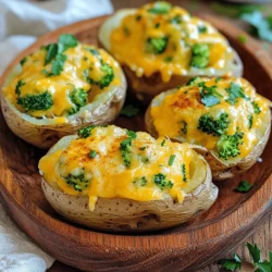 Cheesy broccoli cheddar potato skins are a tasty and fun dish. They mix creamy cheese, tender broccoli, and crispy potato skins. This recipe is perfect for a snack or a side dish. - 4 large russet potatoes - 2 cups fresh broccoli florets, chopped - 1 cup sharp cheddar cheese, grated - ½ cup cream cheese, softened - 1 tablespoon olive oil - 2 green onions, thinly sliced - Salt and pepper to taste - 1 teaspoon garlic powder - 1 teaspoon paprika You can find the full recipe in the main article. These ingredients make a great blend of flavors. The sharp cheddar adds a rich taste, while the cream cheese gives a smooth texture. The broccoli brings a fresh crunch that pairs well with the crispy potatoes. Using fresh ingredients is key for the best taste. Russet potatoes hold up well and create a sturdy shell. When you bake them, they become fluffy inside. The seasonings like garlic powder and paprika bring out the flavors. Feel free to adjust the ingredients based on what you like. You can add more cheese or change the veggies. This recipe is all about making it your own! - Preheat the oven and prepare potatoes Start by preheating your oven to 400°F (200°C). Scrub the russet potatoes well under cold water. Dry them with a towel. Use a fork to prick each potato several times. This lets steam escape while baking. - Blanch the broccoli florets Bring a small pot of water to a boil. Add the fresh broccoli florets. Blanch them for about 3 minutes. They should turn bright green and tender. After that, drain and set the broccoli aside. - Bake the potatoes and prepare the filling Place the potatoes directly on the oven rack. Bake for 45 to 60 minutes. The potatoes are done when they feel tender when pierced with a fork. Let them cool for a few minutes after baking. Cut each potato in half lengthwise. Scoop out a portion of the flesh, leaving about a quarter-inch shell. - Stuff and bake the potato skins In a mixing bowl, combine the scooped-out potato, blanched broccoli, cheddar cheese, cream cheese, olive oil, green onions, garlic powder, paprika, salt, and pepper. Mix until creamy. Stuff the potato skins generously with this mixture. Top each with extra cheddar cheese if you like. Place the stuffed skins on a baking sheet. Bake them for an additional 15 to 20 minutes. Look for bubbling and golden cheese. - Cooling and serving suggestions Once done, remove the potato skins from the oven. Let them cool for a few minutes before serving. For a nice touch, serve them on a rustic wooden platter. Garnish with fresh parsley and a drizzle of sour cream or Greek yogurt. This adds creaminess and flavor to each bite. Enjoy your cheesy broccoli cheddar potato skins! For the complete recipe, check out the Full Recipe section. - Choosing the right potatoes: I always use large russet potatoes for this dish. Their thick skin holds up well and gives a nice, crispy bite. Look for potatoes that are firm and free of blemishes. - How to achieve a creamy filling: To get a creamy filling, mash the scooped potato with cream cheese. Blend it well with the broccoli and cheese. This mix should be smooth and rich. - Best cheeses to use for melting: Sharp cheddar is my go-to choice. It melts well and adds great flavor. You can also mix in some mozzarella for extra gooeyness. For a twist, try gouda or pepper jack for added taste. - Serving and garnishing ideas: Serve your potato skins on a rustic platter. Add a sprinkle of fresh parsley for color. A drizzle of sour cream or Greek yogurt gives a nice creamy touch. You can also serve with a side of salsa for some zest. For more delicious details, check out the Full Recipe. {{image_2}} You can switch out the broccoli for other veggies. Cauliflower works well and offers a mild flavor. Spinach is another great choice. It adds a nice green color and a boost of nutrients. Just remember to chop them small so they mix well. Want to kick up the taste? Adding spices can make a big difference. Try a pinch of cayenne for heat. You can also use fresh herbs like thyme or parsley for a fresh touch. These small changes can bring new life to your cheesy filling. If you need a gluten-free option, use gluten-free cream cheese. For a vegan version, swap the cheddar cheese for a plant-based alternative. You can also replace cream cheese with cashew cream. This keeps the dish creamy while fitting your diet. These adjustments help everyone enjoy this tasty treat! To store leftover potato skins, let them cool first. Place them in an airtight container. They will stay fresh for up to three days in the fridge. Make sure to separate layers with parchment paper to avoid sticking. To reheat without losing texture, use an oven. Set it to 350°F (175°C). Place the potato skins on a baking sheet, and bake for about 10 to 15 minutes. This keeps them crispy and warm. You can also use an air fryer for a quick reheating option. Set it to 350°F (175°C) and cook for about 5 minutes. Yes, you can freeze cheesy broccoli cheddar potato skins! Wrap each skin tightly in plastic wrap or foil. Place them in a freezer-safe bag. They can last for up to three months. When ready to eat, thaw them in the fridge overnight and reheat as mentioned above. Enjoy the tasty treat later! How long do these potato skins last in the fridge? These potato skins can stay fresh in the fridge for about 3 to 5 days. Store them in an airtight container to keep them tasty. Can I make these in advance? Yes! You can prepare the potato skins a day before. Just bake, stuff, and then cover them. When ready, bake them again to heat up. What can I serve with cheesy broccoli cheddar potato skins? These skins pair well with a simple salad or some creamy soup. You can also serve them with ranch or sour cream for dipping. Are there any substitutions for the cream cheese? If you need a substitute, try using Greek yogurt or ricotta. Both will give a nice creamy texture and taste. You’ve learned how to make delicious cheesy broccoli cheddar potato skins. We covered the ingredients, step-by-step instructions, and helpful tips. I shared variations for different tastes and dietary needs and gave storage advice to keep your leftovers fresh. Whether you’re cooking for yourself or a group, these potato skins are a hit. Enjoy trying new flavors and adjustments. Remember, cooking is fun!