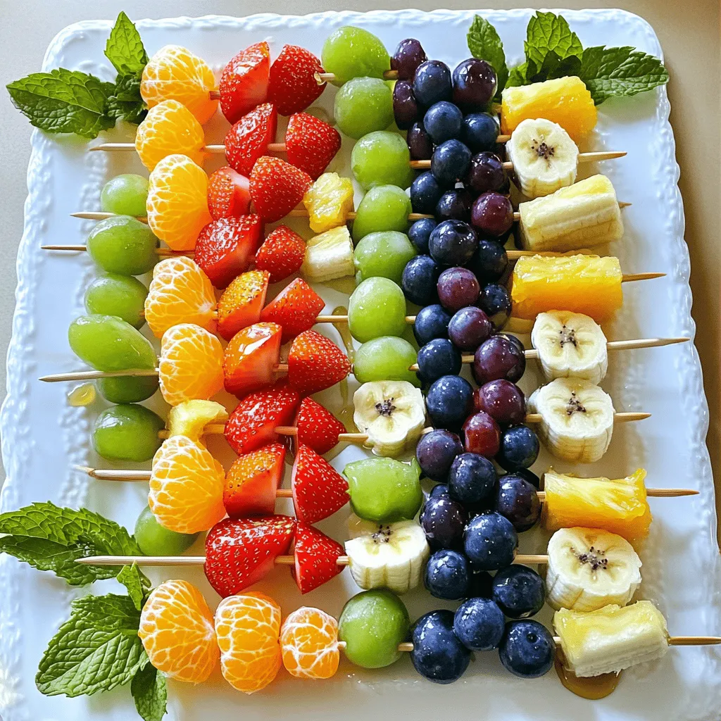 - Fresh fruits: - 1 cup strawberries, hulled and halved - 1 cup orange segments - 1 cup pineapple chunks - 1 cup green grapes - 1 cup blueberries - 1 banana, sliced - Optional ingredients: - 2 tablespoons honey - Fresh mint leaves for garnish When selecting fruits, aim for freshness and ripeness. Look for bright colors and firm texture. Ripe strawberries should be red, with no white spots. Choose oranges that feel heavy for their size. Pineapples should smell sweet at the base. Grapes must be plump and crisp. Blueberries should be deep blue, with a light bloom. For bananas, pick ones with a few brown spots for the best flavor. Seasonal fruits can boost taste and nutrition. In summer, juicy peaches or nectarines work great. In fall, consider apples or pears for added flavor. Always choose what is in season for the best results! Gather these tools to make your skewers: - Skewers (wooden or metal) - Mixing bowl for preparation - Serving platter This equipment will help you prepare and present your rainbow fruit skewers beautifully. Enjoy creating this colorful treat! Start by washing all your fruits under cold running water. This step is key to keeping your skewers fresh. Hull the strawberries and slice them in half. For the oranges, segment them into easy-to-handle pieces. If your pineapple isn't pre-cut, chop it into chunks. Finally, slice the banana into thick rounds. Each fruit should be ready for fun stacking! Grab your wooden or metal skewers. Begin by threading a strawberry half onto the skewer. Next, add an orange segment. Follow this with a pineapple chunk, then a green grape. Add a blueberry and finish with a banana slice. Keep repeating this process until the skewer is filled. Leave some space at the ends for easy handling. Aim for a colorful pattern; this makes each skewer look like a rainbow! If you want a sweet kick, drizzle honey over the assembled skewers. This not only adds flavor but also makes the fruits shine. After that, place the skewers on a serving platter. If you have a bit of time, let them chill in the fridge for about 15 minutes. This step enhances the flavors and makes them extra refreshing. Just before serving, add fresh mint leaves for a lovely touch. Enjoy these fun treats! To make the best skewers, cutting fruit well is key. Use a sharp knife for smooth cuts. Cut strawberries in half to show their bright red color. Slice bananas thick enough so they stay on the skewer but thin enough to eat easily. Keep orange segments intact for juiciness. For grapes and blueberries, simply wash them and leave them whole. When you assemble the skewers, start with the heavier fruit. This will help keep them balanced. Push the fruit onto the skewer gently to avoid squishing them. If you want to make them colorful, alternate the fruit as you thread them. This creates a fun pattern. For a great display, use a large platter. You can arrange the skewers in a circle or fan shape. Place some mint leaves around the plate for a pop of green. For parties, consider themes. You could use colors from a holiday or special event. For a summer picnic, use bright colors and place the skewers in a mason jar. Rainbow fruit skewers are fun on their own, but you can add dips. Yogurt makes a great dip. You could also use chocolate sauce for a treat. At special occasions, serve these skewers for dessert or snacks. They are easy to grab and eat, making them perfect for kids and adults alike. For the full recipe, check out the steps to make these colorful treats. {{image_2}} You can swap fruits based on what you like. Instead of strawberries, use raspberries for a tart twist. For oranges, try kiwi for a zesty kick. In summer, peaches and plums are sweet and juicy. In fall, apples and pears add a crisp touch. Use whatever fruits are in season for the best taste. Making rainbow fruit skewers vegan is easy. Just skip the honey or use agave syrup. For gluten-free, no changes are needed, as fruits are naturally gluten-free. If you want a low-sugar option, focus on berries and melons. These fruits are tasty but have less sugar. Adding yogurt dip can make these skewers even more fun. You could drizzle some chocolate over the top too. It adds a nice touch of sweetness. For extra crunch, sprinkle nuts or granola on top. This makes your skewers not just colorful but also exciting to eat. The options are endless! Check out the [Full Recipe] for more ideas. To keep your skewers fresh, wrap them tightly in plastic wrap. Place them in an airtight container. This helps to keep moisture in and air out. Store the skewers in the fridge. They will stay good for about two days. You can freeze fruit skewers, but it’s best to freeze the fruits first. Cut the fruits and place them on a baking sheet. Freeze them for a few hours until firm. After freezing, put the fruits in a zip-top bag. This helps keep them fresh for later use. However, freezing the assembled skewers can make the fruits mushy when thawed. If you want to make skewers for an event, prep the fruits a day before. Cut and store them in separate bags. Assemble the skewers on the day of the event. This keeps them looking fresh and colorful. You can also place them in a glass with water to keep them hydrated. This way, they stay vibrant and tasty. For the best presentation, garnish with mint just before serving. For the full recipe, check the section above. For rainbow fruit skewers, I love using bright and tasty fruits. Here are my top picks: - Strawberries - Oranges - Pineapple - Green grapes - Blueberries - Bananas These fruits not only look great together but also taste amazing. Strawberries bring sweetness, while oranges add a zesty kick. Pineapple offers a tropical vibe, and green grapes provide a nice crunch. Blueberries are juicy, and bananas add creaminess. You can mix and match to create your own colorful skewers. You can prepare rainbow fruit skewers ahead of time, which is perfect for parties. Here are some tips: - Wash and cut the fruits a few hours before your event. - Store them in an airtight container to keep them fresh. - Assemble the skewers just before serving for the best look. If you need to make them even earlier, keep the fruit separate. This way, they stay fresh and don't get mushy. Absolutely! You can customize your fruit combinations to fit your taste. Here are some fun ideas: - Swap strawberries for raspberries or cherries. - Use kiwi for a unique green color. - Try mango or papaya for tropical flavors. Feel free to get creative! You can even add a twist with different shapes or sizes of fruit. Rainbow fruit skewers are best enjoyed fresh. However, if you have leftovers, you can store them safely. Here are some guidelines: - Keep them in the fridge for up to two days. - Make sure they’re in an airtight container. After that, the fruits might lose their texture and taste. Always check for any signs of spoilage before eating leftovers. Enjoy your colorful, tasty treats! Rainbow fruit skewers bring fun and vibrant flavors to any table. We covered essential ingredients, choosing the best fruits, and key tools needed for a perfect assembly. You learned step-by-step instructions and tips that make the process easy and enjoyable. Presentation ideas can impress at any gathering, while variations help you customize to your taste. Remember, you can store any leftovers properly for later enjoyment. Creating these colorful skewers is not just about taste; it’s about sharing joy with others. Enjoy making your rainbow fruit skewers and delight in the smiles they bring!