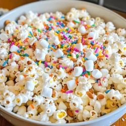 - 8 cups popped popcorn (plain, unsalted) - 1 cup white chocolate chips - 1 cup birthday cake mix (dry) - 1/2 cup rainbow sprinkles - 1 cup mini marshmallows - 1/2 cup roasted almonds or pecans (optional) - 1/4 teaspoon almond extract (optional) - Pinch of salt To make Birthday Cake Popcorn Snack Mix, you need a few simple ingredients. First, start with 8 cups of popped popcorn. I like to use plain, unsalted popcorn for this mix. It lets the other flavors shine. Next, grab 1 cup of white chocolate chips. These give our mix a sweet, creamy taste. If you want a fun cake flavor, add 1 cup of dry birthday cake mix. This is crucial for that birthday cake vibe. For color and texture, use 1/2 cup of rainbow sprinkles. They add a joyful look and extra sweetness. I also add 1 cup of mini marshmallows for a chewy element that everyone loves. If you want a bit of crunch, you can include 1/2 cup of roasted almonds or pecans. This is optional, but it brings a nice contrast to the softness of the mix. For an extra birthday cake flavor, add 1/4 teaspoon of almond extract. It gives a lovely aroma. Finally, don't forget a pinch of salt to balance the sweetness. With these ingredients ready, you are set to create a delicious and festive snack mix. You can find the Full Recipe to help guide you through the steps! Pop the popcorn according to package instructions. Once it pops, place it in a large bowl. Let it cool completely. This step is key. You want crisp popcorn for the best taste. Next, take your white chocolate chips. Use a microwave-safe bowl to melt them. Microwave in 30-second bursts. Stir between each round. Keep going until smooth. This melting method helps prevent burning. Now, sprinkle the dry birthday cake mix over the popcorn. Add a pinch of salt to enhance flavor. If you like, drizzle almond extract on top. Stir gently to coat the popcorn evenly. This adds a fun cake-like flavor. Time for the fun stuff! Fold in rainbow sprinkles, mini marshmallows, and nuts if you choose to use them. Make sure everything mixes well. Be gentle to keep the popcorn intact. This mix adds color and texture. Spread the mixture on a parchment-lined baking sheet. This keeps it from sticking. Let it sit at room temperature for about 30 minutes. The chocolate needs to harden completely for the best crunch. Once set, break the mix into pieces. You can make them big or small. Place them in a large bowl or fun bags. Now, your Birthday Cake Popcorn Snack Mix is ready to enjoy! To get the best popcorn, start with plain, unsalted kernels. I like to use an air popper. This method keeps the popcorn light and fluffy. Once popped, let it cool. This prevents the chocolate from melting when you mix it in. Don't skip the pinch of salt. It brings out the sweet flavors in your Birthday Cake Popcorn Snack Mix. Customization makes your snack mix unique. Try adding different nuts like pecans or walnuts. You can also switch up the sprinkles. Use chocolate or candy sprinkles for a fun twist. If you want more flavor, add some crushed cookies. You can use cake mix flavors like chocolate or red velvet. This lets you create different themes for parties. Serving is key to making this snack fun. Use colorful bowls or bags for a festive look. You can also layer the mix in clear jars. This makes a great gift or party favor. For parties, set up a snack bar. Let guests scoop their mix into bags. This adds an interactive element to your event. {{image_2}} To make this fun treat gluten-free, choose a gluten-free cake mix. Many brands offer great options that taste just as good as regular cake mix. This small change allows everyone to enjoy the snack without worry. Just swap the regular cake mix for the gluten-free version in the recipe. Your Birthday Cake Popcorn Snack Mix remains delicious and fun! You can easily make a vegan version of this snack. First, use dairy-free chocolate chips instead of white chocolate. Next, skip the mini marshmallows or find vegan ones. You can also use a plant-based butter or coconut oil for a richer flavor. These swaps keep the snack tasty while making it plant-based. Enjoy a guilt-free treat that still feels like a party! Want to mix it up? Try different cake flavors! For example, chocolate cake mix gives a rich taste. Red velvet cake mix adds a fun color. You can even swap the sprinkles for crushed cookies or dried fruit. Each change brings a new twist. Let your creativity shine with your Birthday Cake Popcorn Snack Mix! To keep your Birthday Cake Popcorn Snack Mix fresh, store it in an airtight container. This helps to lock in the crunch and flavor. I recommend using a glass jar or a plastic container with a tight-sealing lid. If you have any leftovers, make sure to let the mix cool completely before sealing. This prevents moisture from building up inside the container. You can keep your Birthday Cake Popcorn Snack Mix for about a week. If stored properly, it stays tasty and crunchy. Just remember, the longer it sits, the softer it may become. If you want to enjoy it longer, consider freezing it. Yes, you can freeze this treat! To freeze, place the mix in a freezer-safe bag. Remove as much air as you can before sealing. When you want to enjoy it again, take it out and let it thaw at room temperature. Enjoy your Birthday Cake Popcorn Snack Mix whenever you like! Yes, you can make this snack mix ahead of time. It stays fresh for days. Just follow these steps: - Make the mix: Prepare the Birthday Cake Popcorn Snack Mix as per the Full Recipe. - Store it: Once it cools, place it in an airtight container. - Keep it cool: Store in a cool, dry place. Avoid heat and moisture to keep it crunchy. Setting the mix takes about 30 minutes. After mixing, spread it on a baking sheet. Let it sit at room temperature. This time allows the chocolate to harden. Absolutely! You can switch white chocolate with: - Milk chocolate: For a creamy taste. - Dark chocolate: For a richer flavor. - Butterscotch chips: For a fun twist. Just remember to melt it the same way. Serving your snack mix can be fun and easy. Here are some ideas: - Snack bowls: Use colorful bowls for a bright display. - Individual bags: Fill small bags for guests to grab. - Cupcake liners: Place portions in cupcake liners for easy serving. These ideas make your mix look festive and inviting! In this post, we explored how to make a fun Birthday Cake Popcorn Snack Mix. You learned about the simple ingredients, from popcorn to rainbow sprinkles. We covered each step, including how to mix and serve. You also picked up tips for storage, variations, and serving ideas. This treat is perfect for parties or just a snack. Don’t hesitate to get creative with flavors and toppings. Enjoy making this tasty mix, and share it with friends! It's a joyful addition to any celebration.