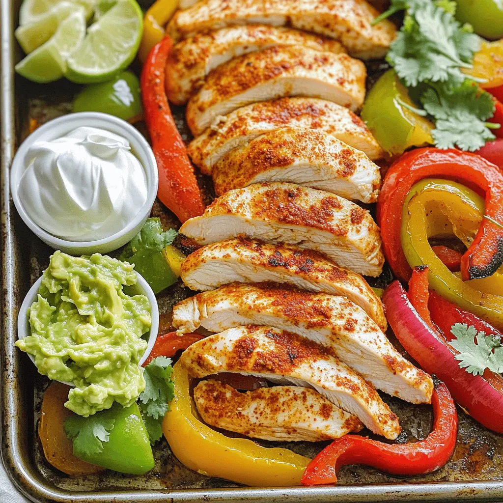 - 1.5 lbs boneless, skinless chicken breasts, sliced into thin strips - 1 red bell pepper, sliced - 1 green bell pepper, sliced - 1 yellow onion, sliced For the Chicken Fajita Sheet Pan Dinner, chicken is the star. I love using boneless, skinless chicken breasts because they cook quickly. You can slice them into thin strips for even cooking. Fresh bell peppers add color and crunch. I use red and green to balance flavors. A yellow onion brings sweetness that pairs well with chicken. - 2 tablespoons olive oil - 2 teaspoons chili powder - 1 teaspoon cumin - 1 teaspoon garlic powder - 1 teaspoon onion powder - ½ teaspoon smoked paprika - Salt and pepper to taste Seasoning is key in this dish. Olive oil helps the spices stick to the chicken and veggies. Chili powder adds a warm kick. Cumin gives a nice, earthy flavor. Garlic and onion powders enhance the taste. Smoked paprika adds a subtle smokiness. Don’t forget to salt and pepper to your liking. - Tortillas, for serving - Optional toppings: sour cream, guacamole, chopped cilantro, lime wedges Serving the fajitas in warm tortillas makes each bite special. You can choose flour or corn tortillas based on your taste. For extra flavor, add toppings like sour cream or guacamole. Fresh cilantro and lime juice brighten the dish, making it more delicious. For the full recipe, check out the Sizzling Chicken Fajita Sheet Pan Dinner. 1. Preheat the oven: Start by setting your oven to 425°F (220°C). This high heat helps to cook the chicken and veggies quickly while adding a nice char to them. 2. Prepare the chicken and vegetables: Take 1.5 lbs of boneless, skinless chicken breasts and slice them into thin strips. Next, slice one red bell pepper, one green bell pepper, and one yellow onion. Make sure all pieces are roughly the same size for even cooking. 1. Season and mix ingredients: In a large bowl, combine the chicken strips, sliced bell peppers, and onion. Drizzle 2 tablespoons of olive oil over the mixture. Then, sprinkle 2 teaspoons of chili powder, 1 teaspoon of cumin, 1 teaspoon of garlic powder, 1 teaspoon of onion powder, ½ teaspoon of smoked paprika, and salt and pepper to taste. Toss everything together until the chicken and veggies are well coated with the spices and oil. 2. Spread mixture on baking sheet: Line a large baking sheet with parchment paper for easy cleanup. Spread the seasoned chicken and veggie mixture evenly on the baking sheet. Avoid overcrowding the pan; this allows everything to cook evenly. 3. Baking time and temperature: Place the baking sheet in the preheated oven. Bake for 20-25 minutes. The chicken should reach an internal temperature of 165°F (75°C), and the veggies should be tender and slightly charred. Once done, take it out, and let it rest for a few minutes before serving. You can enjoy this dish in warm tortillas with your choice of toppings. For the full recipe, check out the [Full Recipe]. To ensure perfectly cooked chicken, always slice your chicken breasts into thin strips. This helps them cook evenly. Use a meat thermometer to check the chicken's internal temperature. It should reach 165°F (75°C). This step keeps your meal safe and tasty. Avoid overcrowding the pan. If you place too much food in one area, it can steam instead of roast. This means your veggies won’t get those nice char marks. Spread your chicken and veggies evenly on the baking sheet for the best results. When it comes to tortillas, soft flour tortillas are a great choice. They wrap well around the filling. Corn tortillas are another option if you prefer a gluten-free meal. Both types hold up well with toppings. For toppings, get creative! Sour cream adds a creamy touch. Guacamole brings a fresh taste. Chopped cilantro adds color and flavor. Lime wedges give a zesty kick. Mix and match to find your favorite combo. These choices will make your Chicken Fajita Sheet Pan Dinner even better. For the full recipe, check the earlier section! {{image_2}} You can change up the chicken in this recipe. Try using turkey or shrimp. Both options cook well and add a new flavor. If you want to swap veggies, bell peppers are great, but you can also use zucchini, mushrooms, or corn. Each will give a different taste and texture to your meal. For a spicy kick, add jalapeños or a pinch of cayenne pepper. You can also use chipotle powder for a smoky heat. If you're looking for a vegetarian option, replace chicken with black beans or chickpeas. This keeps the dish filling and tasty. Adding extra spices, like smoked paprika or cumin, can enhance the flavor even more. You can find the Full Recipe to see how easy it is to make these changes! To keep your Chicken Fajita Sheet Pan Dinner fresh, store leftovers in an airtight container. This helps prevent moisture loss and keeps flavors intact. Place the container in the fridge. It will stay good for about three to four days. If you want to keep it longer, consider freezing it. Use freezer-safe bags to save space. Just make sure to remove as much air as possible before sealing. When you're ready to enjoy your leftovers, you want to keep them tasty. The best way to reheat chicken fajitas is in the oven. Preheat your oven to 350°F (175°C). Spread the chicken and veggies on a baking sheet. Heat for about 10-15 minutes or until warm. This method helps keep the chicken juicy and the veggies crisp. If you're in a hurry, you can use the microwave. Place the fajitas in a microwave-safe dish and cover it with a damp paper towel. Heat in short bursts of 30 seconds until warm, stirring in between. This helps keep moisture in, so your meal does not dry out. How long to cook chicken fajitas in the oven? You should cook chicken fajitas in the oven for 20 to 25 minutes. The chicken should reach 165°F. Make sure the vegetables are tender and slightly charred. Can I make this recipe ahead of time? Yes, you can make this recipe ahead. Prep the chicken and veggies and store them in the fridge. Just bake them when you're ready to eat. What to serve with Chicken Fajita Sheet Pan Dinner? You can serve your fajitas with warm tortillas. Add toppings like sour cream, guacamole, or fresh cilantro. These add flavor and fun. Is it possible to freeze leftovers? Yes, you can freeze leftovers. Just let them cool, then place them in airtight containers. Freeze for up to three months. Can I use frozen vegetables? You can use frozen vegetables, but they may cook differently. They might be a bit softer. Thaw them first, then mix with the chicken and spices for best results. For the full recipe, check here. This blog post covered how to make a Chicken Fajita Sheet Pan Dinner. We discussed key ingredients, preparation steps, and cooking methods. I shared helpful tips for perfect cooking and serving suggestions. You learned about ingredient variations and how to store leftovers. Enjoy this easy recipe for a tasty meal. Make it your own and have fun!