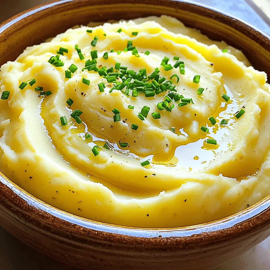 - 2 lbs Yukon Gold potatoes - 4 cloves garlic - 1 cup heavy cream Yukon Gold potatoes work best for creamy garlic mashed potatoes. Their natural sweetness and buttery texture make every bite delightful. Garlic adds a bold flavor that brings life to the dish. Heavy cream gives the potatoes a rich, smooth finish. - ¼ cup cream cheese - Fresh chives for garnish Cream cheese makes the mash even creamier. Fresh chives add color and a mild onion taste. You can mix in these options for extra flavor and fun. - Salt and pepper Salt and pepper are key to enhancing all the flavors in your mashed potatoes. Adjust these to suit your taste. A little seasoning can turn a good dish into a great one. For the full recipe, check out the details on how to make this rich and flavorful dish. Start by boiling the Yukon Gold potatoes. Wash and peel them. Then, cut the potatoes into small cubes. Place the cubed potatoes in a large pot. Cover them with cold water and add a good pinch of salt. Bring the pot to a boil over high heat. Once boiling, lower the heat to medium. Let the potatoes simmer for about 15 to 20 minutes. You want them soft enough to mash easily. While the potatoes cook, it's time to sauté the garlic. Melt the butter in a small saucepan over low heat. Add the minced garlic to the melted butter. Stir it well and let it cook for 2 to 3 minutes. The goal is to get the garlic fragrant without browning it. This step is key. Garlic adds a rich flavor that makes the mashed potatoes special. Once the potatoes are tender, drain the water. Return the potatoes to the pot. Now, you can choose how to mash them. You can use a potato masher for a rustic texture or a ricer for a smoother finish. Mash the potatoes until they are creamy. Then, gradually stir in the heavy cream and the garlic butter mixture. If you want extra creaminess, add cream cheese at this point. Mix until everything is well combined. Taste and adjust the salt and pepper as needed. For the full recipe, check out the detailed instructions above. To make creamy garlic mashed potatoes, use Yukon Gold potatoes. They have the right starch content. This gives a fluffy texture that mashes well. Heavy cream and butter also play key roles. They add richness and smoothness to the mash. You can enhance the flavor with spices. Try adding thyme or rosemary for a fresh taste. A pinch of nutmeg can also add warmth. If you want a twist, mix in roasted garlic or even sour cream. These variations make each bite special. Avoid overcooking or undercooking the potatoes. Perfectly cooked potatoes are tender but not falling apart. Drain them well after boiling. If you don’t mash thoroughly, you’ll get lumps. Use a potato masher or ricer for the best results. For the full recipe, check out the instructions above. {{image_2}} To make cheesy garlic mashed potatoes, I love adding cheese. You can use sharp cheddar, cream cheese, or even Parmesan. Each cheese brings a unique flavor. Start with adding about one cup of shredded cheese to the mix. Stir it in after you mash the potatoes. The cheese melts into the warm potatoes, making them rich and gooey. This twist adds a delightful creaminess and depth to your dish. Herbs can elevate garlic mashed potatoes. Try adding fresh herbs like parsley, rosemary, or thyme. Chop them finely and mix in after mashing the potatoes. I suggest starting with one tablespoon of fresh herbs. This simple addition brightens the flavor and gives a fresh touch. Not only does it taste great, but it also makes your dish look beautiful. For a vegan version, swap out butter and cream. Use olive oil instead of butter for a smooth finish. Instead of heavy cream, try coconut milk or almond milk. These alternatives keep the dish creamy while being plant-based. You can also add a bit of nutritional yeast. It gives a cheesy flavor without dairy. This vegan option is just as tasty and satisfying as the original. For the full recipe, check out the detailed instructions above. To keep your creamy garlic mashed potatoes fresh, place them in an airtight container. They will stay good in the fridge for about three to five days. Make sure to let them cool before sealing. This helps keep moisture at bay and avoids that unpleasant fridge smell. When reheating, you want to keep that creamy texture. The best method is to use a stovetop. Place the potatoes in a pot over low heat. Add a splash of heavy cream or milk to the pot. Stir gently until warm. You can also use a microwave, but be careful. Heat in short bursts and stir in between to avoid hot spots. If you want to save some for later, freezing works well. Scoop the mashed potatoes into freezer-safe bags or containers. Leave some space for expansion. They can last up to two months in the freezer. When you are ready to eat, thaw in the fridge overnight. To reheat, use the stovetop method for the best texture. Yes, you can use other potatoes. Different types change the texture and taste. - Russet Potatoes: They are starchy and give a fluffy mash. - Red Potatoes: These are waxy and create a creamier texture. - Fingerling Potatoes: They have a unique taste and add character. Yukon Gold potatoes are my favorite. They blend creaminess and flavor well. Lumpy mashed potatoes can be fixed easily. Here are some tips: - Use a Ricer: A ricer makes smooth potatoes. - Add More Liquid: If they are dry, add more cream or butter. - Mix Gently: Over-mixing can make them gummy. Check for lumps as you mash. This helps you catch them early. Creamy garlic mashed potatoes pair well with many dishes: - Roasted Chicken: The flavors complement each other. - Grilled Steak: The richness balances the meat's flavors. - Vegetable Stir-fry: Add some color and crunch to your plate. These potatoes are great for any meal. For the full recipe, you will need 2 pounds of Yukon Gold potatoes, 4 cloves of garlic, 1 cup of heavy cream, and ½ cup of unsalted butter. The prep time is about 10 minutes, and total cooking time is 35 minutes. This recipe serves 4-6 people. Creamy garlic mashed potatoes are easier to make than you think. We covered essential ingredients, like Yukon Gold potatoes and heavy cream, that lend a rich taste. I shared handy tips to achieve that perfect creamy texture. You learned about variations and how to store leftovers properly. Remember, pay attention to cooking times and mashing techniques. This will help you avoid common mistakes. Give it a try, and enjoy your homemade dish!