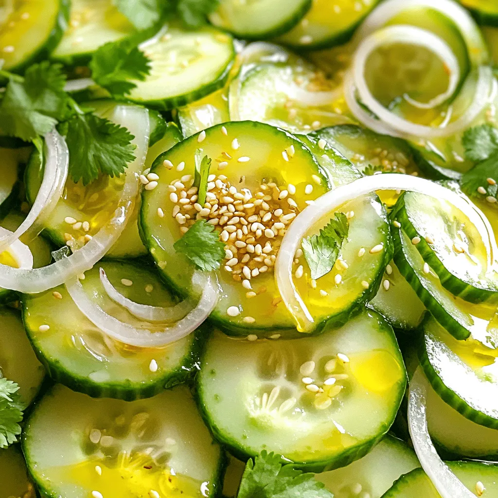 - 2 large cucumbers, thinly sliced - ¼ cup sesame oil - 2 tablespoons fresh ginger, grated - 2 tablespoons rice vinegar - 1 tablespoon soy sauce or tamari - 1 teaspoon sugar or honey - 2 green onions, sliced - 1 tablespoon sesame seeds, toasted - Handful of fresh cilantro or mint leaves - Salt and pepper to taste To make this Sesame Ginger Cucumber Salad fresh and crunchy, you need a few key ingredients. First, the cucumbers bring a cool crunch. Fresh ginger adds a spicy kick, while sesame oil gives a rich flavor. Rice vinegar balances everything with a bit of tang. You can also add soy sauce or tamari for a salty touch. Sugar or honey can sweeten it slightly. Green onions give a nice bite, adding layers to the flavor. For garnishing, toasted sesame seeds add a nutty crunch. Fresh cilantro or mint leaves brighten the dish. Don't forget salt and pepper to enhance the taste. This recipe is simple yet so satisfying. For the full recipe, check out the details above. Enjoy your cooking! 1. Slicing the cucumbers Start by washing the cucumbers. Use a sharp knife or a mandoline to slice them thinly. Thin slices help the cucumbers soak up the dressing better. Place the slices in a large mixing bowl. 2. Preparing the dressing In another bowl, mix the sesame oil, grated ginger, rice vinegar, soy sauce, and sugar or honey if you want some sweetness. Whisk these together until they blend well. This dressing gives the salad a bright, tangy flavor. 1. Combining cucumbers and dressing Pour the dressing over the sliced cucumbers. Toss gently to coat all the cucumber slices evenly. You want every piece to have that tasty dressing. 2. Adding additional ingredients Next, add the sliced green onions and toasted sesame seeds. Mix everything again. Taste the salad and add salt and pepper as needed. This step is key to balance the flavors. 1. Importance of marinating time Let the salad sit in the fridge for about 15 to 20 minutes. This time lets the flavors blend and the cucumbers soften slightly. Marinating makes each bite burst with flavor. 2. Final touch before serving Before serving, give the salad a gentle toss. Garnish with fresh cilantro or mint leaves for a fragrant touch. This makes the salad even more appealing. For the complete recipe, check out the Full Recipe. When you slice cucumbers, aim for thin and even pieces. Using a mandoline makes this easy. A mandoline cuts uniform slices in seconds. If you don’t have one, use a sharp knife. Focus on keeping the thickness consistent. This helps the cucumbers soak up the dressing well. To boost the taste, adjust the dressing ingredients. You might add more ginger for a stronger kick. If you like it sweeter, use more honey or sugar. Marinating the salad is key. Let it sit for about 15-20 minutes. This time allows flavors to mix and deepen. This salad pairs well with grilled chicken or fish. It also goes great with rice dishes. For presentation, use a large bowl to show off the colors. Garnish with fresh herbs on top. A sprinkle of sesame seeds adds a nice touch too. For the full experience, check the Full Recipe for more details. {{image_2}} You can change the flavor by using different vinegars. Rice vinegar works well, but you can try apple cider vinegar or white vinegar. Each option brings a unique taste to the salad. Adding proteins, like chicken or tofu, makes the salad more filling. Grilled chicken adds a smoky flavor. Tofu gives a nice texture and absorbs the dressing well. If you want some heat, add chili flakes for spice. Start with a pinch and taste to find your ideal heat level. You can also experiment with herbs. Fresh mint or basil gives a nice twist. Try adding cilantro for a fresh taste that pairs well with cucumber. Create a cucumber salad wrap by using large lettuce leaves. This makes for a fun, low-carb option. Just spoon the salad into the lettuce and roll it up. Serving as a side dish or appetizer is great too. This salad pairs well with grilled meats or fish. It adds a fresh and crunchy element that everyone loves. For the full recipe, you can check the details above. After making your sesame ginger cucumber salad, store leftovers in the fridge. Use airtight containers for the best results. This keeps the salad fresh and crunchy. If you do not have a container, wrap it tightly with plastic wrap. Make sure no air can get in. This helps preserve the flavors. The salad stays fresh for about 2 to 3 days in the fridge. After that, the cucumbers may become soggy. Look for signs of spoilage, such as a strong odor or discoloration. If you notice these signs, it’s best to throw it away. Fresh ingredients are key to the best taste. To revitalize leftovers, add a splash of rice vinegar or sesame oil. This refreshes the flavor and gives a new life to the salad. You can also mix in some fresh cucumbers or herbs. For a creative use of day-old salad, try it in a wrap or on top of rice. This adds a crunchy element to your meal. Enjoy the versatility of this dish! You can easily make this salad gluten-free. Just swap out soy sauce for tamari. Tamari is a gluten-free soy sauce. This change keeps the flavor but removes gluten. For this salad, I recommend using English cucumbers or Persian cucumbers. They are sweeter and have fewer seeds. Their thin skins mean you don’t need to peel them. This keeps the salad crunchy and fresh. Yes, you can make this salad ahead of time. I suggest you prepare it about an hour before serving. This gives the flavors time to blend. If you want to make it earlier, marinate it in the fridge for up to four hours. Just toss it again before serving. Yes, this salad is vegan! All the ingredients are plant-based. If you use sugar, make sure it's vegan-friendly. You can also replace honey with maple syrup for a vegan option. This way, everyone can enjoy this fresh treat. For the full recipe, check out the details above. This blog covered all the key elements for a fresh cucumber salad. We discussed essential and optional ingredients, from cucumbers to sesame oil and fresh ginger. The recipe also emphasized marinating time for flavor. I shared tips for slicing and enhancing taste. You can explore variations to fit your palate. Proper storage ensures your salad stays fresh and tasty. Remember, this dish is versatile and perfect for many meals. Enjoy experimenting with your cucumber salad creation!