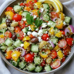 To make a tasty Mediterranean quinoa salad, you will need a few key ingredients. Here’s the list of what you need: - 1 cup quinoa, rinsed - 2 cups water - 1 cucumber, diced - 1 cup cherry tomatoes, halved - 1 bell pepper (any color), diced - 1/2 red onion, finely chopped - 1/2 cup Kalamata olives, pitted and halved - 1/2 cup feta cheese, crumbled (optional) - 1/4 cup fresh parsley, chopped - 1/4 cup olive oil - 2 tablespoons lemon juice - 1 teaspoon dried oregano - Salt and pepper to taste Quinoa forms the base of this dish. It is not only filling but also rich in protein. The fresh vegetables provide crunch and flavor. The olives and feta add a salty touch. The herbs and spices bring everything together, making each bite delightful. I love how easy it is to customize this salad. You can add more veggies or change the cheese. This flexibility makes it great for any meal. If you follow the Full Recipe, you will create a vibrant and healthy dish that everyone will enjoy. Rinse and Combine with Water Start by rinsing 1 cup of quinoa under cold water. This step removes any bitter taste. After rinsing, combine the quinoa with 2 cups of water in a medium pot. Boil and Simmer Process Bring the pot to a boil over high heat. Once it starts boiling, reduce the heat to low. Cover the pot and let it simmer for about 15 minutes. The quinoa is done when it is fluffy and all the water is absorbed. Fluffing and Cooling Remove the pot from heat and let it sit, covered, for 5 more minutes. This resting time helps the quinoa finish cooking. Then, fluff the quinoa with a fork and set it aside to cool. Chopping the Vegetables While the quinoa cools, chop the vegetables. Dice 1 cucumber, halve 1 cup of cherry tomatoes, and dice 1 bell pepper. Finely chop 1/2 of a red onion. These will add color and crunch to your salad. Mixing Ingredients in a Large Bowl In a large bowl, combine the cooled quinoa with the chopped vegetables. Add 1/2 cup of pitted and halved Kalamata olives and 1/4 cup of fresh parsley. Stir everything together to mix well. Whisking the Dressing Ingredients In a small bowl, whisk together 1/4 cup of olive oil, 2 tablespoons of lemon juice, and 1 teaspoon of dried oregano. Season with salt and pepper to taste. This simple dressing adds flavor to your salad. Tossing the Salad Pour the dressing over the quinoa salad. Toss everything together until all the ingredients are well-coated. Adding Optional Feta Cheese If you want to add some creaminess, gently fold in 1/2 cup of crumbled feta cheese. This step is optional but delicious! Refrigeration for Flavor Development Taste the salad and adjust the seasonings if needed. For the best flavor, refrigerate the salad for at least 30 minutes before serving. This allows all the flavors to meld together. Enjoy your Mediterranean Quinoa Salad! For the complete recipe, check the Full Recipe. - Perfectly Fluffy Quinoa To cook quinoa well, rinse it first. This removes the bitter coating called saponin. Use two cups of water for every cup of quinoa. Once it boils, reduce the heat. Cover and let it simmer for about 15 minutes. After cooking, let it sit covered for another 5 minutes. Then, fluff it with a fork. This keeps the grains separate and light. - Enhancing Flavor Profiles To boost flavors, add salt to the water while cooking quinoa. This adds taste right from the start. You can also use broth instead of water. This gives the quinoa a richer flavor. Adding fresh herbs, like parsley or basil, before serving brightens the dish. Lemon juice adds a fresh zing as well. - Presentation Tips Serve your Mediterranean quinoa salad in a large, shallow bowl. This allows the colors to shine. Top it with fresh parsley sprigs and lemon wedges. This makes it look inviting and fresh. - Pairing Ideas with Other Dishes This salad pairs well with grilled chicken or fish. It also complements roasted vegetables nicely. For a heartier meal, add chickpeas or grilled shrimp. Each addition brings new flavors and textures. - Caloric Breakdown A serving of Mediterranean quinoa salad has about 200-300 calories. This depends on the amount of feta cheese you use. Quinoa itself is high in protein and fiber, making it filling. - Health Benefits of Ingredients Quinoa is a gluten-free grain. It is rich in protein, fiber, and important vitamins. Vegetables like cucumbers and tomatoes add vitamins A and C. Kalamata olives provide healthy fats. If you add feta cheese, it brings calcium and protein. Each ingredient contributes to a balanced meal. {{image_2}} You can easily change this salad to fit your taste. Adding protein is a great way to make it heartier. Chickpeas are a fantastic option. They add fiber and a nice texture. You can also grill some chicken for a warm, filling touch. When it comes to dressings, feel free to experiment. A balsamic vinaigrette can give it a sweet twist. Or try a yogurt-based dressing for creaminess. Each dressing will change the salad’s flavor, so have fun with it! Using seasonal vegetables makes this salad even better. In summer, add fresh corn or zucchini. They bring a sweet crunch. In fall, think about roasted butternut squash. It adds warmth and flavor. You can also include fruits for a unique twist. Try diced apples or pomegranate seeds in winter. They add color and a sweet burst. Each season offers new ideas for this salad. If you want a vegan option, skip the feta cheese. You can add avocado for creaminess instead. It pairs well with the other flavors. For gluten-free needs, quinoa is already a perfect choice! Just make sure all dressings and added ingredients are gluten-free. This way, everyone can enjoy this tasty salad without worry. For the complete recipe and more ideas, check out the full recipe. To keep your Mediterranean quinoa salad fresh, first, store it in the fridge. Place it in an airtight container and cover it tightly. This method helps keep the flavors intact. You can enjoy it for up to three days. For long-term storage, freezing is a great option. However, remember that ingredients like cucumbers and tomatoes can lose their crunch when frozen. To freeze, put the salad in a freezer-safe container. Make sure to leave some space for expansion. You can store it in the freezer for up to two months. When ready to eat, thaw it in the fridge overnight. To keep your ingredients crisp, store them separately when possible. Keep the dressing in a small container. Add it just before serving. This step avoids soggy vegetables. For the best taste, chop your veggies fresh. If you prepare them too early, they may lose their texture. Always use fresh herbs, as they add a burst of flavor and color. This way, your salad stays bright and appetizing. What is the best way to cook quinoa? To cook quinoa, rinse it first. Then, combine 1 cup of quinoa with 2 cups of water in a pot. Bring it to a boil, then lower the heat. Cover and simmer for 15 minutes until fluffy and the water is gone. Let it sit for 5 minutes, then fluff with a fork. Can I make this salad ahead of time? Yes, you can! It tastes even better the next day. Just make sure to store it in an airtight container in the fridge. Letting the flavors blend overnight is a great idea. What can I use instead of feta cheese? If you want a substitute for feta cheese, try goat cheese or a dairy-free version. You can also skip the cheese altogether if you prefer a lighter meal. How long does Mediterranean Quinoa Salad last in the fridge? This salad can last up to 4 days in the fridge. Just keep it in a sealed container and make sure to stir it well before serving. Is this salad gluten-free? Yes, Mediterranean Quinoa Salad is gluten-free. Quinoa itself is naturally gluten-free, making it a great choice for those avoiding gluten. Can I substitute olive oil? Absolutely! If you want to substitute olive oil, you can use avocado oil or a light vegetable oil. Both will work well in the dressing. What can I use instead of Kalamata olives? If you don’t have Kalamata olives, you can use green olives or black olives. Both will add a nice briny flavor to the salad. This article covered how to create a Mediterranean quinoa salad. We discussed key ingredients, steps for cooking quinoa, and preparing the salad. I shared tips for flavor and serving, along with variations for every season. Remember, you can adjust ingredients to fit your taste and diet. With these easy steps, you can enjoy a healthy and tasty meal. Make it your own, and have fun while cooking! Enjoy your salad as a fresh, nutritious dish any time.