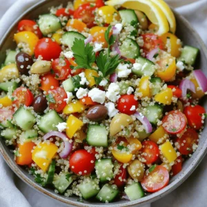 To make a tasty Mediterranean quinoa salad, you will need a few key ingredients. Here’s the list of what you need: - 1 cup quinoa, rinsed - 2 cups water - 1 cucumber, diced - 1 cup cherry tomatoes, halved - 1 bell pepper (any color), diced - 1/2 red onion, finely chopped - 1/2 cup Kalamata olives, pitted and halved - 1/2 cup feta cheese, crumbled (optional) - 1/4 cup fresh parsley, chopped - 1/4 cup olive oil - 2 tablespoons lemon juice - 1 teaspoon dried oregano - Salt and pepper to taste Quinoa forms the base of this dish. It is not only filling but also rich in protein. The fresh vegetables provide crunch and flavor. The olives and feta add a salty touch. The herbs and spices bring everything together, making each bite delightful. I love how easy it is to customize this salad. You can add more veggies or change the cheese. This flexibility makes it great for any meal. If you follow the Full Recipe, you will create a vibrant and healthy dish that everyone will enjoy. Rinse and Combine with Water Start by rinsing 1 cup of quinoa under cold water. This step removes any bitter taste. After rinsing, combine the quinoa with 2 cups of water in a medium pot. Boil and Simmer Process Bring the pot to a boil over high heat. Once it starts boiling, reduce the heat to low. Cover the pot and let it simmer for about 15 minutes. The quinoa is done when it is fluffy and all the water is absorbed. Fluffing and Cooling Remove the pot from heat and let it sit, covered, for 5 more minutes. This resting time helps the quinoa finish cooking. Then, fluff the quinoa with a fork and set it aside to cool. Chopping the Vegetables While the quinoa cools, chop the vegetables. Dice 1 cucumber, halve 1 cup of cherry tomatoes, and dice 1 bell pepper. Finely chop 1/2 of a red onion. These will add color and crunch to your salad. Mixing Ingredients in a Large Bowl In a large bowl, combine the cooled quinoa with the chopped vegetables. Add 1/2 cup of pitted and halved Kalamata olives and 1/4 cup of fresh parsley. Stir everything together to mix well. Whisking the Dressing Ingredients In a small bowl, whisk together 1/4 cup of olive oil, 2 tablespoons of lemon juice, and 1 teaspoon of dried oregano. Season with salt and pepper to taste. This simple dressing adds flavor to your salad. Tossing the Salad Pour the dressing over the quinoa salad. Toss everything together until all the ingredients are well-coated. Adding Optional Feta Cheese If you want to add some creaminess, gently fold in 1/2 cup of crumbled feta cheese. This step is optional but delicious! Refrigeration for Flavor Development Taste the salad and adjust the seasonings if needed. For the best flavor, refrigerate the salad for at least 30 minutes before serving. This allows all the flavors to meld together. Enjoy your Mediterranean Quinoa Salad! For the complete recipe, check the Full Recipe. - Perfectly Fluffy Quinoa To cook quinoa well, rinse it first. This removes the bitter coating called saponin. Use two cups of water for every cup of quinoa. Once it boils, reduce the heat. Cover and let it simmer for about 15 minutes. After cooking, let it sit covered for another 5 minutes. Then, fluff it with a fork. This keeps the grains separate and light. - Enhancing Flavor Profiles To boost flavors, add salt to the water while cooking quinoa. This adds taste right from the start. You can also use broth instead of water. This gives the quinoa a richer flavor. Adding fresh herbs, like parsley or basil, before serving brightens the dish. Lemon juice adds a fresh zing as well. - Presentation Tips Serve your Mediterranean quinoa salad in a large, shallow bowl. This allows the colors to shine. Top it with fresh parsley sprigs and lemon wedges. This makes it look inviting and fresh. - Pairing Ideas with Other Dishes This salad pairs well with grilled chicken or fish. It also complements roasted vegetables nicely. For a heartier meal, add chickpeas or grilled shrimp. Each addition brings new flavors and textures. - Caloric Breakdown A serving of Mediterranean quinoa salad has about 200-300 calories. This depends on the amount of feta cheese you use. Quinoa itself is high in protein and fiber, making it filling. - Health Benefits of Ingredients Quinoa is a gluten-free grain. It is rich in protein, fiber, and important vitamins. Vegetables like cucumbers and tomatoes add vitamins A and C. Kalamata olives provide healthy fats. If you add feta cheese, it brings calcium and protein. Each ingredient contributes to a balanced meal. {{image_2}} You can easily change this salad to fit your taste. Adding protein is a great way to make it heartier. Chickpeas are a fantastic option. They add fiber and a nice texture. You can also grill some chicken for a warm, filling touch. When it comes to dressings, feel free to experiment. A balsamic vinaigrette can give it a sweet twist. Or try a yogurt-based dressing for creaminess. Each dressing will change the salad’s flavor, so have fun with it! Using seasonal vegetables makes this salad even better. In summer, add fresh corn or zucchini. They bring a sweet crunch. In fall, think about roasted butternut squash. It adds warmth and flavor. You can also include fruits for a unique twist. Try diced apples or pomegranate seeds in winter. They add color and a sweet burst. Each season offers new ideas for this salad. If you want a vegan option, skip the feta cheese. You can add avocado for creaminess instead. It pairs well with the other flavors. For gluten-free needs, quinoa is already a perfect choice! Just make sure all dressings and added ingredients are gluten-free. This way, everyone can enjoy this tasty salad without worry. For the complete recipe and more ideas, check out the full recipe. To keep your Mediterranean quinoa salad fresh, first, store it in the fridge. Place it in an airtight container and cover it tightly. This method helps keep the flavors intact. You can enjoy it for up to three days. For long-term storage, freezing is a great option. However, remember that ingredients like cucumbers and tomatoes can lose their crunch when frozen. To freeze, put the salad in a freezer-safe container. Make sure to leave some space for expansion. You can store it in the freezer for up to two months. When ready to eat, thaw it in the fridge overnight. To keep your ingredients crisp, store them separately when possible. Keep the dressing in a small container. Add it just before serving. This step avoids soggy vegetables. For the best taste, chop your veggies fresh. If you prepare them too early, they may lose their texture. Always use fresh herbs, as they add a burst of flavor and color. This way, your salad stays bright and appetizing. What is the best way to cook quinoa? To cook quinoa, rinse it first. Then, combine 1 cup of quinoa with 2 cups of water in a pot. Bring it to a boil, then lower the heat. Cover and simmer for 15 minutes until fluffy and the water is gone. Let it sit for 5 minutes, then fluff with a fork. Can I make this salad ahead of time? Yes, you can! It tastes even better the next day. Just make sure to store it in an airtight container in the fridge. Letting the flavors blend overnight is a great idea. What can I use instead of feta cheese? If you want a substitute for feta cheese, try goat cheese or a dairy-free version. You can also skip the cheese altogether if you prefer a lighter meal. How long does Mediterranean Quinoa Salad last in the fridge? This salad can last up to 4 days in the fridge. Just keep it in a sealed container and make sure to stir it well before serving. Is this salad gluten-free? Yes, Mediterranean Quinoa Salad is gluten-free. Quinoa itself is naturally gluten-free, making it a great choice for those avoiding gluten. Can I substitute olive oil? Absolutely! If you want to substitute olive oil, you can use avocado oil or a light vegetable oil. Both will work well in the dressing. What can I use instead of Kalamata olives? If you don’t have Kalamata olives, you can use green olives or black olives. Both will add a nice briny flavor to the salad. This article covered how to create a Mediterranean quinoa salad. We discussed key ingredients, steps for cooking quinoa, and preparing the salad. I shared tips for flavor and serving, along with variations for every season. Remember, you can adjust ingredients to fit your taste and diet. With these easy steps, you can enjoy a healthy and tasty meal. Make it your own, and have fun while cooking! Enjoy your salad as a fresh, nutritious dish any time.