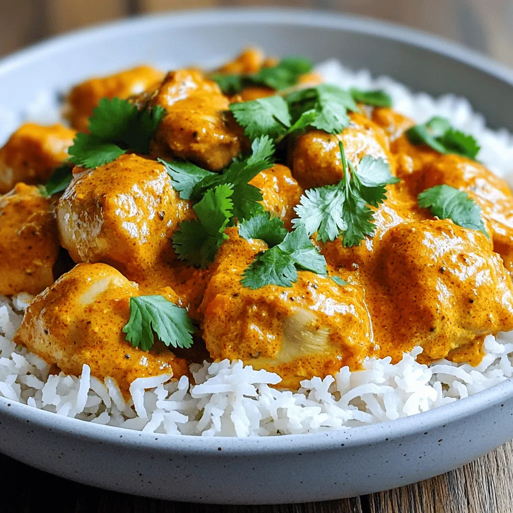 To make a great Instant Pot butter chicken, you need these key items: - 1.5 lbs chicken thighs, boneless and skinless, cut into bite-sized pieces - 1 large onion, finely chopped - 4 cloves garlic, minced - 1 tablespoon ginger, minced - 1 tablespoon garam masala - 1 tablespoon ground cumin - 1 teaspoon turmeric powder - 1 teaspoon cayenne pepper (adjust for heat preference) - 1 can (14 oz) crushed tomatoes - 1 cup coconut milk - 1 tablespoon sugar (optional, to balance acidity) - 3 tablespoons butter - Salt and pepper to taste - Fresh cilantro for garnish - Cooked basmati rice or naan bread for serving These ingredients create a rich and creamy sauce. The spices bring warmth and depth. You can add these items for extra flavor: - 1 teaspoon smoked paprika - 1 tablespoon lemon juice - ½ cup plain yogurt These options can brighten the dish. They enhance the overall taste without overpowering it. Feel free to swap ingredients for your taste: - Use chicken breast instead of thighs for a leaner option. - Swap coconut milk with heavy cream for a richer sauce. - Use vegetable broth instead of crushed tomatoes for a lighter flavor. Experimenting can lead to your perfect version of this dish. It’s all about what you enjoy! For the full recipe, check out the detailed steps to create this dish. Start by turning the Instant Pot to the 'Sauté' setting. Add three tablespoons of butter and let it melt. Once melted, add one large, finely chopped onion, four minced garlic cloves, and one tablespoon of minced ginger. Sauté this mixture for about 3-5 minutes until the onions turn translucent. This step builds a solid flavor base. Next, add one tablespoon of garam masala, one tablespoon of ground cumin, one teaspoon of turmeric powder, and one teaspoon of cayenne pepper. Stir well and cook for another minute. This brings out the spice aromas. Now, add 1.5 pounds of boneless, skinless chicken thighs, cut into bite-sized pieces. Stir to coat the chicken in the spices. Cook for about 3-4 minutes, stirring occasionally, until the chicken is lightly browned. Pour in one can of crushed tomatoes and one cup of coconut milk. If you prefer, add one tablespoon of sugar to balance the acidity. Stir everything to combine well. Make sure nothing is stuck to the bottom to avoid a burn notice. Close the Instant Pot lid and seal the steam vent. Set it to 'Manual' or 'Pressure Cook' mode for 10 minutes at high pressure. After cooking, let the pressure release naturally for about 10 minutes. Then, perform a quick release for any remaining steam. Open the lid, stir the butter chicken, and season with salt and pepper. If it’s too thick, add a splash of water or more coconut milk to your liking. Finally, garnish with fresh cilantro and serve hot over basmati rice or with warm naan bread. You can find the full recipe for more details. To get the right heat, start with cayenne pepper. Use one teaspoon for a mild dish. If you like more spice, add more cayenne. You can also use fresh chilies for a kick. Taste as you go. This helps you find what works for you. After cooking, check the sauce. If it's too thick, add a splash of water or more coconut milk. Stir well to mix. For a creamy texture, let it simmer for a few minutes. This will help blend the flavors. The right consistency should be rich but not too runny. Sauté your onions, garlic, and ginger first. This step adds a lot of flavor. Cook until the onions are soft and clear. Use the 'Sauté' mode on your Instant Pot. This helps build a strong base for your butter chicken. The spices will bloom better when mixed with the sautéed mix. For the full recipe, check out the detailed steps provided. {{image_2}} You can make butter chicken lighter. Use skinless chicken breast instead of thighs. This change lowers the fat. Try using light coconut milk instead of full-fat. It cuts calories but keeps the flavor. You can also reduce butter to one tablespoon or use olive oil. These options help you enjoy your meal without extra guilt. To make a vegetarian version, swap chicken for paneer or chickpeas. Paneer gives a creamy texture, while chickpeas add protein. Use the same spices and cooking method. Another fun option is to use tofu. Firm tofu absorbs the sauce well and adds heartiness. Always season the tofu well before cooking for the best taste. Spice mixes can change the taste of your butter chicken. If you want a more southern Indian flavor, add curry leaves and mustard seeds. For a richer taste, include fenugreek leaves. You can also adjust the heat level. More cayenne pepper boosts the spice. Less makes it milder. Taste as you go to find what you like. For the full recipe, refer to the [Full Recipe]. To store your butter chicken, let it cool first. This step helps keep the dish fresh. Once cooled, transfer it to an airtight container. Make sure to seal it tightly. Place the container in the fridge. Your butter chicken will stay good for about three to four days. Freezing butter chicken is easy. Use a freezer-safe container or a heavy-duty freezer bag. Pour the cooled butter chicken into the container, leaving some space at the top. This space allows for expanding as it freezes. Seal the container well and label it with the date. It can last for up to three months in the freezer. When you’re ready to enjoy the leftovers, thaw the butter chicken in the fridge overnight. You can reheat it on the stove over low heat. Stir it often to keep it from sticking. If it seems thick, add a splash of water or coconut milk. This keeps the dish creamy and tasty. You can also use the microwave for quick reheating. Just cover it with a microwave-safe lid to trap moisture. You can make butter chicken on the stove. Start by sautéing onions, garlic, and ginger in a pot. Then, add spices like garam masala and cumin. Next, include chicken pieces and brown them. After that, mix in crushed tomatoes and coconut milk. Let it simmer until the chicken cooks through. This method takes about 30-40 minutes. Butter chicken pairs well with various sides. Here are some great options: - Basmati rice - Naan bread - Roti - Quinoa - Steamed vegetables You can also enjoy it with a fresh salad for a crisp contrast. Butter chicken lasts about 3-4 days in the fridge. Store it in an airtight container. Make sure it cools down before putting it away. This helps keep the flavors fresh and tasty. Yes, you can use other meats. Try chicken breast for a leaner option. Lamb or beef can work too, but adjust the cooking time. For a seafood twist, shrimp is a great choice. Just be careful not to overcook it. In this blog post, we explored the key ingredients and steps for making Instant Pot butter chicken. You learned about essential and optional ingredients to enhance flavor and substitutes for a personal touch. We also covered tips for spice levels, consistency, and sautéing techniques. Variations for health-conscious eaters and storage methods were shared, plus answers to common questions. Now, you can create a delicious butter chicken dish, tailored to your taste. Enjoy the process and flavor!