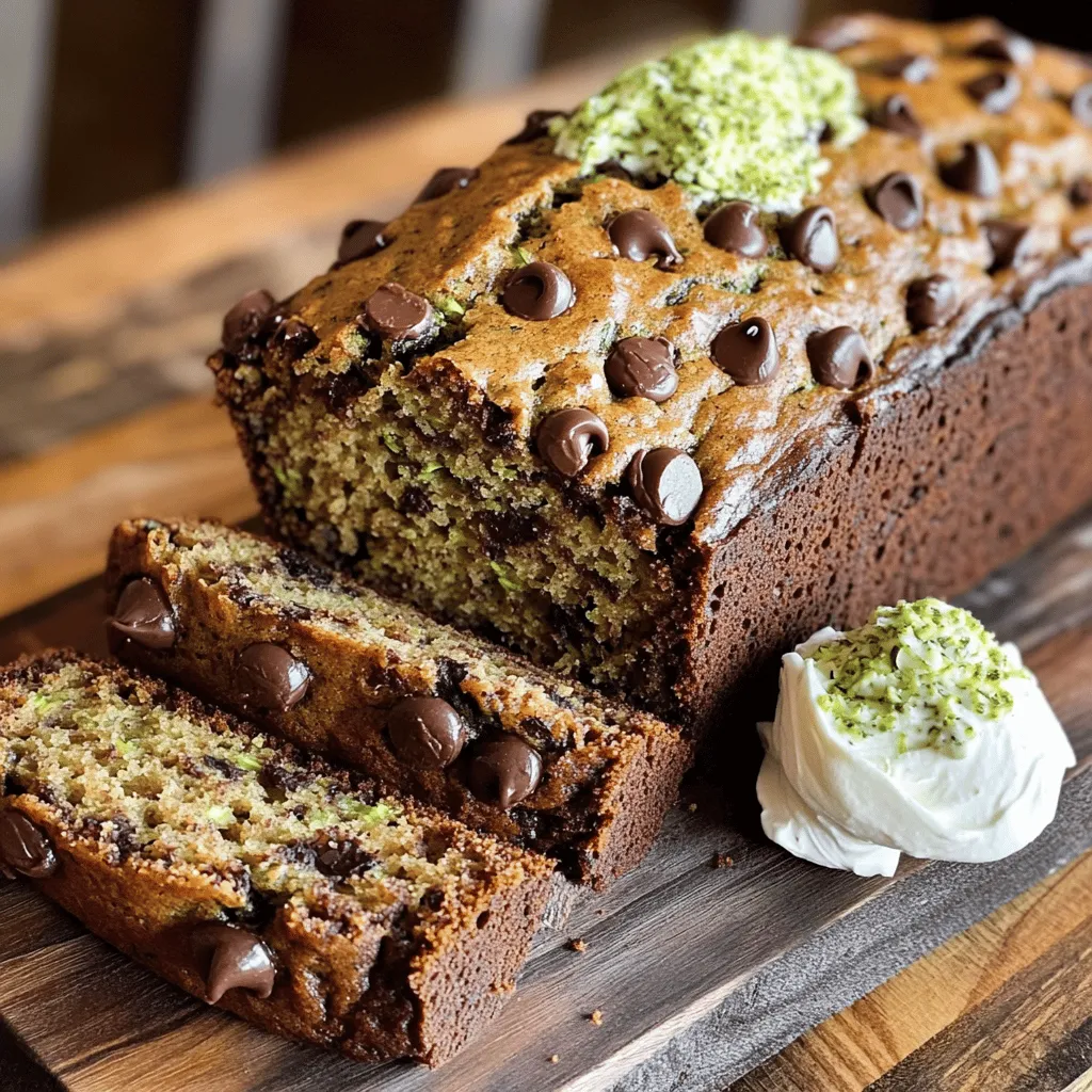 - 1 ½ cups grated zucchini (about 1 medium zucchini) - 1 cup all-purpose flour - ½ cup whole wheat flour - 1 teaspoon baking soda - ½ teaspoon baking powder - ½ teaspoon salt - 1 teaspoon ground cinnamon - ⅓ cup vegetable oil - ½ cup brown sugar, packed - ½ cup granulated sugar - 2 large eggs - 1 teaspoon vanilla extract - ½ cup semi-sweet chocolate chips - ¼ cup chopped walnuts (optional) Each slice of Chocolate Chip Zucchini Bread has about 150 calories. Zucchini adds moisture and fiber. This helps keep the bread soft and light. Plus, zucchini is low in calories but high in nutrients. It gives you vitamins and minerals with every bite. Using whole wheat flour adds extra fiber, making it a smart choice. The sugars balance with the chocolate, making each slice a treat. The walnuts, if you add them, add healthy fats and protein. So, while this bread is sweet, it also has healthy perks. Enjoying it gives you a boost of energy without too much guilt. If you want to dive deeper, check out the Full Recipe to get all the details! - Preheat the oven to 350°F (175°C) and grease a 9x5 inch loaf pan. - Grate 1 medium zucchini. Sprinkle a pinch of salt on it. Let it sit for 10 minutes. Then, squeeze out extra moisture using a clean towel. - In a large bowl, mix together: - 1 cup all-purpose flour - ½ cup whole wheat flour - 1 teaspoon baking soda - ½ teaspoon baking powder - ½ teaspoon salt - 1 teaspoon ground cinnamon - In a separate bowl, whisk: - ⅓ cup vegetable oil - ½ cup brown sugar - ½ cup granulated sugar - 2 large eggs - 1 teaspoon vanilla extract - Add the drained zucchini to the wet mixture and stir well. - Gradually fold the wet mix into the dry ingredients. Do not overmix. - Gently fold in: - ½ cup semi-sweet chocolate chips - ¼ cup chopped walnuts (optional) - Pour the batter into the prepared loaf pan. Smooth the top with a spatula. - Bake for 50-60 minutes. Check doneness with a toothpick. If it comes out clean, it’s done. To make sure your Chocolate Chip Zucchini Bread stays moist, squeeze out excess water from the zucchini. Let the grated zucchini sit with a pinch of salt for 10 minutes, then wring it out in a clean towel. This helps keep the bread soft and fluffy. Avoid overmixing the batter. Stir gently until the dry and wet ingredients just come together. Overmixing can make the bread tough. For serving, slice the bread and place it on a wooden board. You can add a dollop of whipped cream cheese on the side for a tasty touch. Pair this bread with coffee or a glass of cold milk for a delightful treat. Be careful not to overbake your bread. Check it after 50 minutes by inserting a toothpick. If it comes out clean, your bread is ready. Also, make sure to prepare the zucchini correctly. Grate it fine and remove the moisture. Using wet zucchini can lead to soggy bread. For the full recipe, check here: [Full Recipe]. {{image_2}} You can easily make this bread gluten-free. Use gluten-free all-purpose flour instead of regular flour. Look for a blend that contains xanthan gum for texture. You may need to add a bit more moisture. This helps keep the bread soft and moist. For those following a vegan diet, egg replacements work well. You can use flaxseed meal mixed with water. Two tablespoons of flaxseed meal and three tablespoons of water replace one egg. For dairy-free options, swap out the vegetable oil with melted coconut oil or applesauce. This keeps the bread moist and adds a slight sweetness. Want to spice things up? You can add nutmeg or ginger to the batter. Just a quarter teaspoon of either will enhance the flavor. You can also mix in dried fruits or nuts for added texture. Try raisins, cranberries, or chopped pecans for a twist. These little changes make each loaf unique and delicious. For the full recipe and details on making this tasty treat, check out the [Full Recipe]. To keep your Chocolate Chip Zucchini Bread fresh, use an airtight container. I recommend a plastic or glass container. This helps keep moisture inside. If you prefer to store it at room temperature, it can last for 2-3 days. If you want to extend its life, place it in the fridge. In the fridge, it stays fresh for up to a week. Just make sure to wrap it well to avoid drying out. If you want to keep your bread longer, freezing is a great option. First, let the bread cool completely. Then wrap it tightly in plastic wrap. Next, place the wrapped bread in a freezer bag. This way, it can last for about 3 months in the freezer. When you’re ready to enjoy it, take it out and let it thaw in the fridge overnight. You can also thaw it at room temperature for a few hours. To warm it up, pop slices in the toaster. This brings back the fresh-baked taste. Enjoy your delicious Chocolate Chip Zucchini Bread anytime! For the full recipe, check out the section above. Yes, you can use frozen zucchini. First, thaw it completely. You can do this by placing it in the fridge overnight or using the microwave. After thawing, drain the zucchini well. This step is key because excess water can make your bread too wet. Squeeze the zucchini in a clean towel or cheesecloth to remove extra moisture. This will help keep your Chocolate Chip Zucchini Bread moist but not soggy. To check if your bread is done, look for a few signs. First, the bread should have a nice golden-brown color on top. You can also gently press the top; it should spring back without leaving a dent. If you like, use a toothpick to test the center. It should come out clean or with a few moist crumbs. Even if the toothpick test is good, check that the edges of the bread pull away slightly from the pan. This means it’s ready! If you have extra zucchini, there are many fun ways to use it! You can make zucchini muffins or add it to pancakes for a healthy twist. Grate zucchini into salads for added crunch and nutrition. You can also use it in savory dishes like stir-fries or fritters. If you want something sweet, try a zucchini chocolate cake or zucchini brownies. These options keep the fun going in the kitchen while using up those extra veggies. For more ideas, check out the Full Recipe and explore different ways to enjoy zucchini! This blog shared the key elements to make delicious Chocolate Chip Zucchini Bread. We covered the list of ingredients, preparation steps, and baking tips for great texture. I shared tasty variations for gluten-free and vegan diets too. Remember to store your bread properly to keep it fresh. Baking is all about fun and trying new things. So, enjoy making this bread and let your creativity shine!