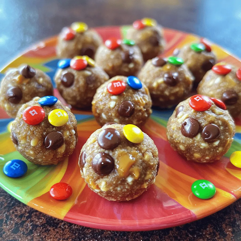 To make these tasty bites, gather these simple ingredients: - 1 cup rolled oats - ½ cup creamy peanut butter - ⅓ cup honey or maple syrup - ½ cup mini chocolate chips - ¼ cup M&M's or dairy-free chocolate candies - ¼ cup ground flaxseed - 1 teaspoon vanilla extract - A pinch of salt These ingredients create a fun mix of flavors and textures. Rolled oats give a hearty base. Creamy peanut butter adds richness. Honey or maple syrup provides sweetness. Mini chocolate chips and M&M's bring joy and color. Ground flaxseed gives a boost of nutrition. Vanilla extract enhances the flavor, while a pinch of salt balances sweetness. - Calories per serving: About 150 - Protein, carbs, and fat content: Each bite has around 4 grams of protein, 15 grams of carbs, and 8 grams of fat. - Health benefits of main ingredients: - Rolled oats supply fiber, which helps digestion. - Peanut butter offers healthy fats and protein. - Honey or maple syrup gives energy from natural sugars. - Flaxseed is rich in omega-3 fatty acids, great for heart health. These bites make a great snack for kids and adults. You can feel good about enjoying them. Check the [Full Recipe] for step-by-step instructions. 1. Mix dry ingredients: In a large bowl, add the rolled oats, ground flaxseed, and a pinch of salt. Stir well to combine. 2. Combine wet ingredients: In another bowl, mix the creamy peanut butter, honey (or maple syrup), and vanilla extract. Make sure it’s smooth and creamy. 3. Combine wet and dry ingredients: Pour the wet mixture into the dry mix. Stir until everything is blended well. 1. Rolling the mixture into bites: Take a small amount of the mixture and roll it into a ball about 1 inch wide. If it sticks to your hands, wet them slightly. 2. Chill time duration and method: Place the energy bites on a parchment-lined sheet. Chill them in the fridge for at least 30 minutes to firm up. 3. Tips for handling the mix: If it feels too sticky, you can add a bit more oats or ground flaxseed. This helps with rolling. You want them to hold together well! For the full recipe, check out the detailed instructions provided earlier. Enjoy making these fun and tasty energy bites! To make your No Bake Monster Cookie Energy Bites sweeter, you can add more honey or maple syrup. Taste the mix before rolling to find the right balance. If you want a nut-free option, you can use sun butter or soy nut butter instead of peanut butter. These alternatives give a similar taste and texture without nuts. If your mixture feels too sticky, wet your hands with a little water. This will help you roll the bites without a mess. These energy bites pair great with fresh fruits like apples or bananas. You can also blend them into smoothies for a tasty twist. They are perfect for snacks at parties, school lunches, or after workouts. For a fun presentation, place the bites on a colorful plate. Sprinkling some extra mini chocolate chips and M&M's around them makes it look festive. If you want to impress your guests, use cupcake liners to serve them. This adds a nice touch that your friends will love. For the full recipe, check out the [Full Recipe]. {{image_2}} You can easily change the flavor of your No Bake Monster Cookie Energy Bites. Here are a few fun ideas: - Add-ins like coconut flakes: Mixing in unsweetened coconut can add a nice chew and sweetness. - Alternative mix-ins for customization: Try adding dried fruit like raisins or cranberries for a fruity twist. You can also swap in your favorite nuts or seeds. - Adjusting texture with seeds or nuts: Sunflower seeds or almond slices can add crunch and extra nutrition. These small changes can make a big difference. Experiment with different flavors to find your favorite combination! If you have dietary needs, you can still enjoy these energy bites with some simple swaps: - Vegan and gluten-free options: Use maple syrup instead of honey. Look for gluten-free oats to keep it safe for gluten-free diets. - Nut-free substitutions: Replace peanut butter with sunflower seed butter for a nut-free option. It still tastes great! - Low-sugar adaptations: Cut back on the chocolate chips or use dark chocolate for less sugar. You can also use a sugar substitute to lower the sweetness. These options allow everyone to enjoy No Bake Monster Cookie Energy Bites, no matter their diet! For the full recipe, check out the details above. To keep your No Bake Monster Cookie Energy Bites fresh, store them in an airtight container. This helps keep moisture out and flavor in. You can refrigerate them for up to a week. If you want to keep them longer, freezing is a great option. They can last up to three months in the freezer. Just wrap them tightly in plastic before placing them in a freezer-safe bag. For best results, label your container with the date. When you're ready to enjoy your energy bites after chilling, you can eat them straight from the fridge. They taste great cold! If they are too firm, let them sit at room temperature for a few minutes. This softens them slightly. You can also pair them with fresh fruit or yogurt for a fun snack. If you froze them, simply take them out and let them thaw in the fridge overnight before serving. Enjoy! Can I use old-fashioned oats instead of rolled oats? Yes, you can use old-fashioned oats. They will work well in this recipe. The texture may differ slightly, but they will still taste great. How long do these energy bites last in the fridge? These energy bites last about a week in the fridge. Store them in an airtight container to keep them fresh. Can I use a different nut butter than peanut butter? Absolutely! You can use almond butter, sunflower seed butter, or any nut butter you like. Just make sure it’s creamy for the best results. Are these energy bites suitable for kids? Yes, they are perfect for kids! These bites are fun, tasty, and packed with energy. They make a great snack for school or playtime. Can I make these ahead of time? Yes, you can make these energy bites ahead of time. Just store them in the fridge for easy snacking later. What to do if the mixture is too dry? If your mixture is too dry, add a little more honey or nut butter. This will help bind the ingredients better. Can you freeze the energy bites? Yes, you can freeze these energy bites! They freeze well and can last for about three months. Just thaw them in the fridge before eating. How to prevent sticking while rolling? To prevent sticking, wet your hands slightly before rolling the bites. This will help keep the mixture from sticking to your fingers. Are these energy bites healthy? Yes, these energy bites are healthy. They contain oats, nut butter, and flaxseed, which are full of nutrients. What’s the protein content per bite? Each energy bite has about 3 grams of protein. This is great for a quick energy boost! How can I increase the fiber content? To boost fiber, add more ground flaxseed or some chia seeds. Both are high in fiber and will enhance the texture. You can find the full recipe above and enjoy these easy-to-make bites! These No Bake Monster Cookie Energy Bites are easy to make and fun to eat. You learned about the tasty ingredients, the health benefits, and how to prepare them step by step. The tips for variations and storage show you how to customize and keep these bites fresh. Try these energy bites for a quick snack or party treat. Enjoy them anytime for a boost of energy!