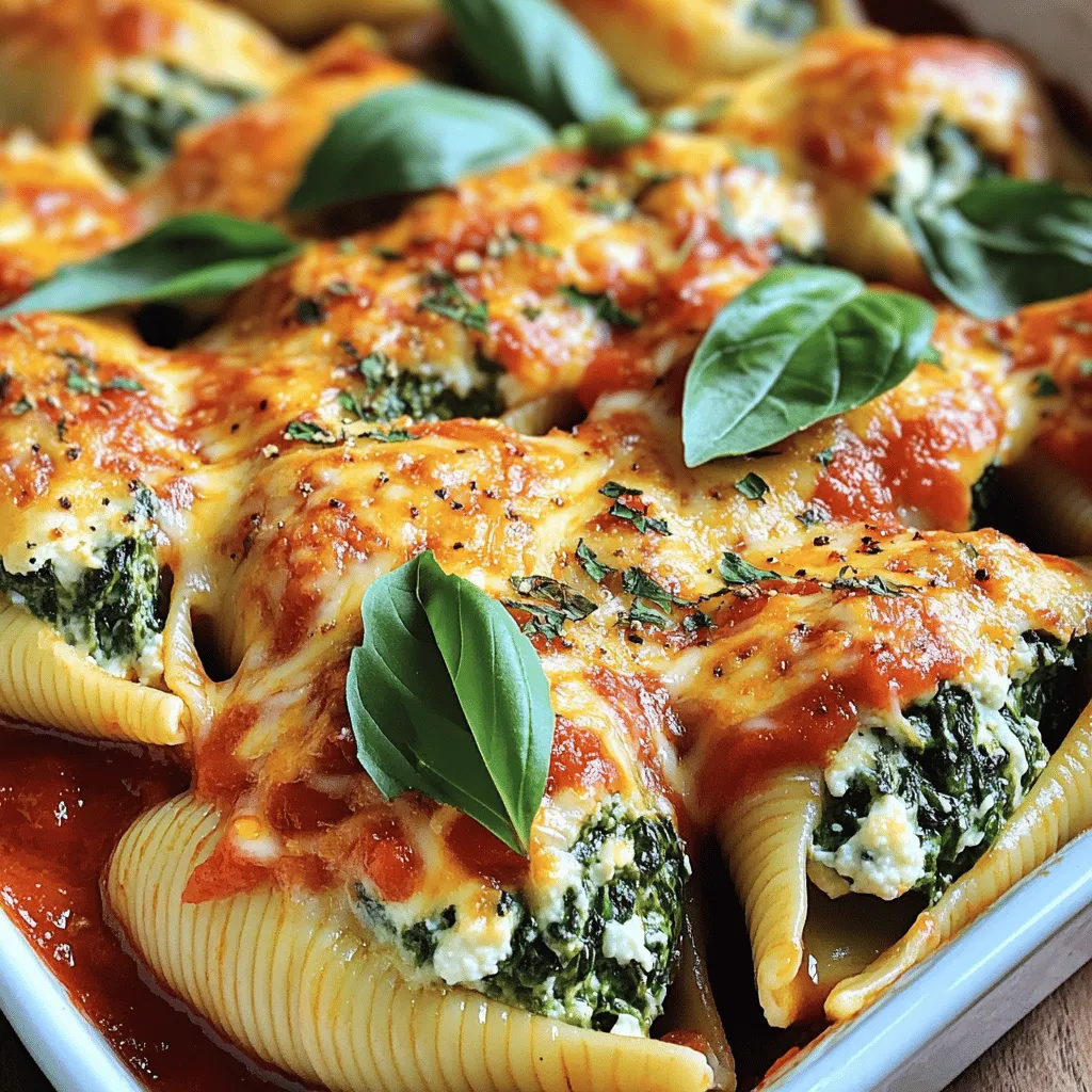 - 20 jumbo pasta shells - 1 cup ricotta cheese - 1 cup fresh spinach, chopped - 1 cup shredded mozzarella cheese - ½ cup grated Parmesan cheese - 2 cloves garlic, minced - 1 teaspoon Italian seasoning - ½ teaspoon red pepper flakes (optional) - 2 cups marinara sauce - Salt and pepper to taste - Fresh basil leaves for garnish To make these spinach ricotta stuffed shells, you need simple yet fresh ingredients. Each ingredient plays a role in the flavor and texture of the dish. The jumbo pasta shells hold the creamy filling, while ricotta cheese gives a rich taste. Spinach adds a nice pop of green and nutritional value. The mozzarella cheese melts beautifully on top, creating a gooey layer. Parmesan adds a salty punch to the filling. Garlic and Italian seasoning bring warmth and depth. If you like a little heat, the red pepper flakes are a great touch. Marinara sauce bathes the shells and keeps them moist. - Calories per serving: 350 - Macronutrient breakdown: - Protein: 20g - Carbohydrates: 40g - Fat: 15g This dish is a balanced meal. It offers protein from cheese and shells. Spinach boosts the vitamins while keeping the dish light. With each bite, you enjoy both flavor and nutrition. For the full recipe, check out the instructions above! First, cook the jumbo shells. Follow the package instructions carefully. I usually boil them for about 10 minutes. They should be al dente, or firm to the bite. After cooking, drain them in a colander. Let them cool for a few minutes, so you can handle them easily. In a large bowl, combine the ricotta cheese and chopped spinach. I like to mix in half a cup of mozzarella cheese for extra creaminess. Add the grated Parmesan cheese next. Mince two cloves of garlic and toss them in. Sprinkle in the Italian seasoning and red pepper flakes if you want some heat. Season with salt and pepper. Mix everything until it is well combined. Now, it's time to fill the pasta shells. Use a spoon or a piping bag to make it easy. Carefully fill each shell with the ricotta and spinach mixture. Don't overstuff; a little filling goes a long way. Next, grab a baking dish. Spread a thin layer of marinara sauce on the bottom. This keeps the shells from sticking. Place the stuffed shells in the dish, seam side up. Pour the remaining marinara sauce over the shells. Sprinkle the rest of the mozzarella cheese on top. Cover the dish with aluminum foil. Bake in your preheated oven at 375°F (190°C) for 25 minutes. After that, remove the foil and bake for another 10-15 minutes. You want the cheese to be bubbly and golden. Let the dish cool for a few minutes before serving. Garnish with fresh basil leaves for a nice touch. For the full recipe, check the earlier section! To make perfect spinach ricotta stuffed shells, cook the shells until al dente. This means they should be firm but not hard. If they are too soft, they may break when you fill them. After cooking, drain the shells and cool them slightly. For a tastier filling, add fresh herbs like parsley or basil. A pinch of nutmeg can also bring out the flavors. If you like a little heat, include red pepper flakes for a spicy kick. These stuffed shells pair well with a simple salad. A Caesar or mixed greens salad adds freshness. Garlic bread is also a great side that everyone loves. When serving, arrange the shells neatly on a plate. Drizzle extra marinara sauce over them for color. Garnish with fresh basil for a bright touch. Using the right tools makes cooking easier. A large mixing bowl helps combine the filling well. A spoon or piping bag is great for filling the shells without mess. For baking, choose a deep dish. A 9x13 inch baking pan works well for even cooking. Cover it with aluminum foil to keep the shells moist while baking. For the full recipe, check out the main article. {{image_2}} You can change up your spinach ricotta stuffed shells in fun ways. First, try different cheeses. Instead of ricotta, use cottage cheese for a lighter taste. Goat cheese adds a tangy kick. Mixing mozzarella and provolone gives a nice stretch and flavor. Next, think about adding meat or more veggies. Ground beef or Italian sausage adds richness. If you want a veggie-packed option, try mushrooms, zucchini, or artichokes. These swaps keep the dish fresh and exciting. If you need to make this dish gluten-free, choose gluten-free pasta shells. Many brands offer tasty options that cook well. Check the package for cooking times, as they can vary. For vegan adaptations, swap ricotta with blended tofu or cashew cream. Use nutritional yeast to get a cheesy flavor. Instead of mozzarella, you can use vegan cheese or skip it entirely. These changes make the dish plant-based but still delicious. Explore the [Full Recipe] for more ideas! To store your leftover spinach ricotta stuffed shells, first let them cool. Place them in an airtight container. Store in the fridge for up to three days. If you want to keep them longer, consider freezing. For freezing, place the stuffed shells in a single layer on a baking sheet. Freeze them until solid, then transfer to a freezer-safe container or bag. They can last for up to three months this way. Label the container with the date for easy tracking. When it's time to enjoy your stuffed shells again, here are some methods for reheating: - Oven: Preheat to 350°F (175°C). Place the shells in a baking dish. Add a splash of marinara sauce to keep them moist. Cover with foil and heat for about 20 minutes. - Microwave: Place a few shells on a microwave-safe plate. Add a bit of sauce on top. Heat in short bursts of 1-2 minutes. Check often to avoid overheating. To maintain texture and flavor, avoid reheating multiple times. If you have a lot, reheat only what you will eat. Enjoy your stuffed shells just like the first time! How do you prevent the shells from breaking? To prevent breaking, cook the shells until just al dente. Be gentle when draining and rinsing them. Lay them flat on a towel to cool. This will help keep their shape. Can I make this recipe ahead of time? Yes, you can prepare these shells a day early. Assemble them, cover well, and store in the fridge. Bake them right before serving. What can I use instead of ricotta cheese? You can use cottage cheese or cream cheese as a substitute. Both will give a good texture and flavor. What temperature should stuffed shells be served at? Stuffed shells taste best when served hot. Aim for about 165°F (74°C) for safe eating. How long do stuffed shells last in the fridge? They can last in the fridge for up to three days. Just make sure to store them in an airtight container. Can I use a different sauce besides marinara? Absolutely! You can try Alfredo sauce or a homemade pesto. Both pair well with the flavors of the stuffed shells. For the full recipe, check the detailed instructions above. In this post, we explored a delicious stuffed pasta shell recipe. We covered the key ingredients, step-by-step cooking instructions, and helpful tips. With options for dietary needs and storage advice, it’s easy to make this dish your own. Whether you serve it for a family dinner or a special occasion, it’s sure to please. Enjoy creating your own version of these comforting stuffed shells, and don’t hesitate to get creative with variations that suit your taste or needs. Happy cooking!