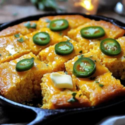 To make this tasty Jalapeno Cheddar Cornbread, you need the following: - 1 cup cornmeal - 1 cup all-purpose flour - 1 tablespoon baking powder - ½ teaspoon salt - 1 cup buttermilk - ¼ cup unsalted butter, melted - 2 large eggs - 1 cup shredded sharp cheddar cheese - 2-3 jalapeños, finely chopped (remove seeds for less heat) These ingredients work together to create a fluffy, flavorful cornbread. The cornmeal adds a sweet, rich taste. The cheddar cheese gives it a creamy texture. Jalapeños bring a kick of heat that balances the flavors. Want to make your cornbread even better? Try adding these optional ingredients: - 1 tablespoon honey (for a touch of sweetness) - Fresh herbs like cilantro or chives - Cooked bacon bits for a smoky flavor These add-ins can take your cornbread to the next level. Honey will enhance the sweetness, while herbs and bacon add depth. You can easily swap some ingredients. Here are a few ideas: - Use whole wheat flour instead of all-purpose for a hearty twist. - If you don’t have buttermilk, mix milk with a bit of vinegar or lemon juice. - For a dairy-free option, try almond milk and a plant-based butter. These substitutions keep the recipe flexible. Experiment to find the flavors you love best. This is the fun part of cooking! For the full recipe, check out the detailed steps. Start by preheating your oven to 400°F (200°C). Grease an 8-inch square baking pan or a cast-iron skillet. In a large mixing bowl, whisk together: - 1 cup cornmeal - 1 cup all-purpose flour - 1 tablespoon baking powder - ½ teaspoon salt Make sure everything is mixed well. In another bowl, combine: - 1 cup buttermilk - ¼ cup unsalted butter, melted - 2 large eggs Mix these wet ingredients until smooth. Gradually add the wet mix to the dry mix. Stir gently until the two combine, but don’t overmix. This keeps the cornbread light. Now fold in: - 1 cup shredded sharp cheddar cheese - 2-3 finely chopped jalapeños (remove seeds for less heat) - 1 tablespoon honey (optional) Gently mix these in until everything is well combined. Pour the batter into your prepared pan. Smooth the top with a spatula. Place it in the oven and bake for 20-25 minutes. You want the top to turn golden brown. A toothpick inserted into the center should come out clean. To check if your cornbread is done, look for a golden top. The edges should pull slightly away from the pan. If you insert a toothpick, it should come out clean. If it has batter on it, give it a few more minutes in the oven. Let it cool for a few minutes before slicing. This makes it easier to cut. For the best flavor, serve warm. You can add a sprinkle of cheese and a slice of jalapeño on top. Enjoy the warm, cheesy, and spicy goodness of your Jalapeno Cheddar Cornbread! For the complete recipe, refer to the Full Recipe. To get the best texture in your cornbread, use a mix of cornmeal and flour. The cornmeal gives a nice crunch, while the flour adds fluffiness. Make sure you don't overmix your batter. Just stir until the dry and wet ingredients blend. This keeps the bread light. Letting your batter rest for a few minutes can also help. It allows the cornmeal to soak up the liquid. For more flavor, consider adding extras to your batter. Chopped green onions, roasted corn, or even crumbled bacon can boost taste. You can also use different types of cheese. Pepper jack or gouda add a nice twist. A tablespoon of honey adds a subtle sweetness that pairs well with jalapeños. The Full Recipe gives you a solid base, but feel free to get creative! One common mistake is not measuring ingredients accurately. Too much flour can make your cornbread tough. Also, don’t skip preheating the oven. A hot oven helps your cornbread rise properly. Lastly, resist the urge to open the oven door too soon. This can cause your bread to sink. Give it at least 20 minutes before checking for doneness. {{image_2}} You can mix up the cheese in your jalapeño cheddar cornbread. While sharp cheddar gives a nice kick, try using pepper jack for extra heat. Creamy mozzarella adds a mild flavor, making the bread soft and chewy. You could also use gouda for a smoky touch. Each cheese brings its own flavor, so feel free to experiment. Spices can change the flavor of your cornbread. Consider adding garlic powder for a savory twist. A pinch of cumin adds warmth, while smoked paprika gives a nice depth. If you love heat, try cayenne pepper or red pepper flakes. Just remember, start with a little. You can always add more if you want a spicier kick. You can choose to make your cornbread sweet or savory. For a sweet version, add a tablespoon of honey or sugar to the batter. This will balance the heat of the jalapeños. If you prefer it savory, skip the sweeteners and focus on herbs and spices instead. The choice is yours, and each version is delicious. For the full recipe, check out the details above. Once your jalapeño cheddar cornbread cools, store it in an airtight container. This keeps it fresh and moist. You can also wrap it in plastic wrap or aluminum foil for extra protection. Place it in the fridge if you plan to eat it within a few days. For longer storage, use the freezer. To freeze your cornbread, cut it into squares. This makes it easy to grab just what you need. Wrap each piece well in plastic wrap, then place them in a freezer bag. This method helps prevent freezer burn. When you’re ready to eat, thaw it in the fridge overnight. Reheat in the oven at 350°F (175°C) for about 10-15 minutes. You can also microwave it for a quick fix, but the oven gives a better texture. For the best taste, eat your cornbread within a few days if stored in the fridge. If frozen, use it within three months for top quality. To keep it fresh, avoid cutting the entire loaf if you don't need to. Only cut what you plan to eat. This helps keep the rest moist. Enjoy every bite of this flavorful comfort food! For the full recipe, check out the details above. You can serve Jalapeno Cheddar Cornbread with many tasty dishes. This cornbread pairs well with chili, soups, and stews. It adds a nice crunch and flavor. You might also enjoy it with grilled meats or BBQ. For a lighter option, try it with a fresh salad. If you want a fun twist, serve it with honey or butter. Each bite will satisfy your cravings and warm your heart. To make your cornbread less spicy, you can adjust the jalapeños. Remove the seeds and membranes for less heat. You can also use fewer jalapeños or skip them altogether. If you want some flavor without the kick, try sweet peppers instead. Another great tip is to add more cheese. The cheese can help balance the spice and make it creamy. You can still enjoy a tasty cornbread without the burn! Yes, you can use other types of milk in this recipe. Regular milk or a plant-based milk works well. If you use regular milk, add a splash of vinegar or lemon juice to mimic buttermilk. This will give your cornbread that nice tangy flavor. You can also use whole milk for a richer taste. Just keep in mind that the texture may change slightly, but it will still be yummy. This blog post covered all you need for making Jalapeno Cheddar Cornbread. We explored essential ingredients, optional flavors, and substitutions. I shared step-by-step instructions, tips for great texture, and common mistakes. We also discussed fun variations with cheeses and spices. Lastly, I provided storage tips for keeping leftovers fresh. Remember, cooking is about having fun and being creative. Enjoy your cornbread journey!