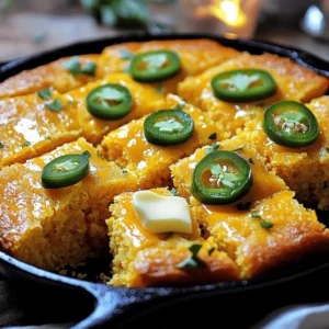 To make this tasty Jalapeno Cheddar Cornbread, you need the following: - 1 cup cornmeal - 1 cup all-purpose flour - 1 tablespoon baking powder - ½ teaspoon salt - 1 cup buttermilk - ¼ cup unsalted butter, melted - 2 large eggs - 1 cup shredded sharp cheddar cheese - 2-3 jalapeños, finely chopped (remove seeds for less heat) These ingredients work together to create a fluffy, flavorful cornbread. The cornmeal adds a sweet, rich taste. The cheddar cheese gives it a creamy texture. Jalapeños bring a kick of heat that balances the flavors. Want to make your cornbread even better? Try adding these optional ingredients: - 1 tablespoon honey (for a touch of sweetness) - Fresh herbs like cilantro or chives - Cooked bacon bits for a smoky flavor These add-ins can take your cornbread to the next level. Honey will enhance the sweetness, while herbs and bacon add depth. You can easily swap some ingredients. Here are a few ideas: - Use whole wheat flour instead of all-purpose for a hearty twist. - If you don’t have buttermilk, mix milk with a bit of vinegar or lemon juice. - For a dairy-free option, try almond milk and a plant-based butter. These substitutions keep the recipe flexible. Experiment to find the flavors you love best. This is the fun part of cooking! For the full recipe, check out the detailed steps. Start by preheating your oven to 400°F (200°C). Grease an 8-inch square baking pan or a cast-iron skillet. In a large mixing bowl, whisk together: - 1 cup cornmeal - 1 cup all-purpose flour - 1 tablespoon baking powder - ½ teaspoon salt Make sure everything is mixed well. In another bowl, combine: - 1 cup buttermilk - ¼ cup unsalted butter, melted - 2 large eggs Mix these wet ingredients until smooth. Gradually add the wet mix to the dry mix. Stir gently until the two combine, but don’t overmix. This keeps the cornbread light. Now fold in: - 1 cup shredded sharp cheddar cheese - 2-3 finely chopped jalapeños (remove seeds for less heat) - 1 tablespoon honey (optional) Gently mix these in until everything is well combined. Pour the batter into your prepared pan. Smooth the top with a spatula. Place it in the oven and bake for 20-25 minutes. You want the top to turn golden brown. A toothpick inserted into the center should come out clean. To check if your cornbread is done, look for a golden top. The edges should pull slightly away from the pan. If you insert a toothpick, it should come out clean. If it has batter on it, give it a few more minutes in the oven. Let it cool for a few minutes before slicing. This makes it easier to cut. For the best flavor, serve warm. You can add a sprinkle of cheese and a slice of jalapeño on top. Enjoy the warm, cheesy, and spicy goodness of your Jalapeno Cheddar Cornbread! For the complete recipe, refer to the Full Recipe. To get the best texture in your cornbread, use a mix of cornmeal and flour. The cornmeal gives a nice crunch, while the flour adds fluffiness. Make sure you don't overmix your batter. Just stir until the dry and wet ingredients blend. This keeps the bread light. Letting your batter rest for a few minutes can also help. It allows the cornmeal to soak up the liquid. For more flavor, consider adding extras to your batter. Chopped green onions, roasted corn, or even crumbled bacon can boost taste. You can also use different types of cheese. Pepper jack or gouda add a nice twist. A tablespoon of honey adds a subtle sweetness that pairs well with jalapeños. The Full Recipe gives you a solid base, but feel free to get creative! One common mistake is not measuring ingredients accurately. Too much flour can make your cornbread tough. Also, don’t skip preheating the oven. A hot oven helps your cornbread rise properly. Lastly, resist the urge to open the oven door too soon. This can cause your bread to sink. Give it at least 20 minutes before checking for doneness. {{image_2}} You can mix up the cheese in your jalapeño cheddar cornbread. While sharp cheddar gives a nice kick, try using pepper jack for extra heat. Creamy mozzarella adds a mild flavor, making the bread soft and chewy. You could also use gouda for a smoky touch. Each cheese brings its own flavor, so feel free to experiment. Spices can change the flavor of your cornbread. Consider adding garlic powder for a savory twist. A pinch of cumin adds warmth, while smoked paprika gives a nice depth. If you love heat, try cayenne pepper or red pepper flakes. Just remember, start with a little. You can always add more if you want a spicier kick. You can choose to make your cornbread sweet or savory. For a sweet version, add a tablespoon of honey or sugar to the batter. This will balance the heat of the jalapeños. If you prefer it savory, skip the sweeteners and focus on herbs and spices instead. The choice is yours, and each version is delicious. For the full recipe, check out the details above. Once your jalapeño cheddar cornbread cools, store it in an airtight container. This keeps it fresh and moist. You can also wrap it in plastic wrap or aluminum foil for extra protection. Place it in the fridge if you plan to eat it within a few days. For longer storage, use the freezer. To freeze your cornbread, cut it into squares. This makes it easy to grab just what you need. Wrap each piece well in plastic wrap, then place them in a freezer bag. This method helps prevent freezer burn. When you’re ready to eat, thaw it in the fridge overnight. Reheat in the oven at 350°F (175°C) for about 10-15 minutes. You can also microwave it for a quick fix, but the oven gives a better texture. For the best taste, eat your cornbread within a few days if stored in the fridge. If frozen, use it within three months for top quality. To keep it fresh, avoid cutting the entire loaf if you don't need to. Only cut what you plan to eat. This helps keep the rest moist. Enjoy every bite of this flavorful comfort food! For the full recipe, check out the details above. You can serve Jalapeno Cheddar Cornbread with many tasty dishes. This cornbread pairs well with chili, soups, and stews. It adds a nice crunch and flavor. You might also enjoy it with grilled meats or BBQ. For a lighter option, try it with a fresh salad. If you want a fun twist, serve it with honey or butter. Each bite will satisfy your cravings and warm your heart. To make your cornbread less spicy, you can adjust the jalapeños. Remove the seeds and membranes for less heat. You can also use fewer jalapeños or skip them altogether. If you want some flavor without the kick, try sweet peppers instead. Another great tip is to add more cheese. The cheese can help balance the spice and make it creamy. You can still enjoy a tasty cornbread without the burn! Yes, you can use other types of milk in this recipe. Regular milk or a plant-based milk works well. If you use regular milk, add a splash of vinegar or lemon juice to mimic buttermilk. This will give your cornbread that nice tangy flavor. You can also use whole milk for a richer taste. Just keep in mind that the texture may change slightly, but it will still be yummy. This blog post covered all you need for making Jalapeno Cheddar Cornbread. We explored essential ingredients, optional flavors, and substitutions. I shared step-by-step instructions, tips for great texture, and common mistakes. We also discussed fun variations with cheeses and spices. Lastly, I provided storage tips for keeping leftovers fresh. Remember, cooking is about having fun and being creative. Enjoy your cornbread journey!