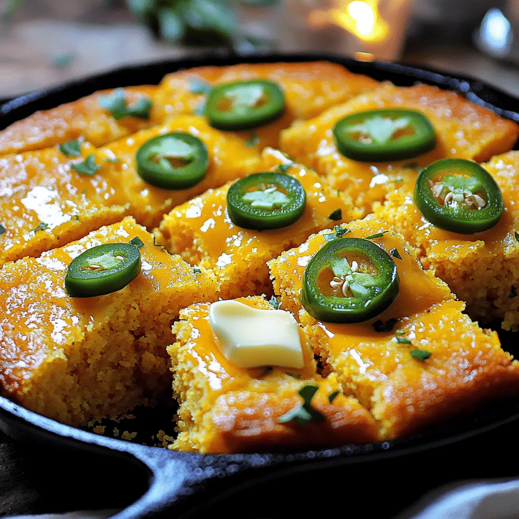 To make this tasty Jalapeno Cheddar Cornbread, you need the following: - 1 cup cornmeal - 1 cup all-purpose flour - 1 tablespoon baking powder - ½ teaspoon salt - 1 cup buttermilk - ¼ cup unsalted butter, melted - 2 large eggs - 1 cup shredded sharp cheddar cheese - 2-3 jalapeños, finely chopped (remove seeds for less heat) These ingredients work together to create a fluffy, flavorful cornbread. The cornmeal adds a sweet, rich taste. The cheddar cheese gives it a creamy texture. Jalapeños bring a kick of heat that balances the flavors. Want to make your cornbread even better? Try adding these optional ingredients: - 1 tablespoon honey (for a touch of sweetness) - Fresh herbs like cilantro or chives - Cooked bacon bits for a smoky flavor These add-ins can take your cornbread to the next level. Honey will enhance the sweetness, while herbs and bacon add depth. You can easily swap some ingredients. Here are a few ideas: - Use whole wheat flour instead of all-purpose for a hearty twist. - If you don’t have buttermilk, mix milk with a bit of vinegar or lemon juice. - For a dairy-free option, try almond milk and a plant-based butter. These substitutions keep the recipe flexible. Experiment to find the flavors you love best. This is the fun part of cooking! For the full recipe, check out the detailed steps. Start by preheating your oven to 400°F (200°C). Grease an 8-inch square baking pan or a cast-iron skillet. In a large mixing bowl, whisk together: - 1 cup cornmeal - 1 cup all-purpose flour - 1 tablespoon baking powder - ½ teaspoon salt Make sure everything is mixed well. In another bowl, combine: - 1 cup buttermilk - ¼ cup unsalted butter, melted - 2 large eggs Mix these wet ingredients until smooth. Gradually add the wet mix to the dry mix. Stir gently until the two combine, but don’t overmix. This keeps the cornbread light. Now fold in: - 1 cup shredded sharp cheddar cheese - 2-3 finely chopped jalapeños (remove seeds for less heat) - 1 tablespoon honey (optional) Gently mix these in until everything is well combined. Pour the batter into your prepared pan. Smooth the top with a spatula. Place it in the oven and bake for 20-25 minutes. You want the top to turn golden brown. A toothpick inserted into the center should come out clean. To check if your cornbread is done, look for a golden top. The edges should pull slightly away from the pan. If you insert a toothpick, it should come out clean. If it has batter on it, give it a few more minutes in the oven. Let it cool for a few minutes before slicing. This makes it easier to cut. For the best flavor, serve warm. You can add a sprinkle of cheese and a slice of jalapeño on top. Enjoy the warm, cheesy, and spicy goodness of your Jalapeno Cheddar Cornbread! For the complete recipe, refer to the Full Recipe. To get the best texture in your cornbread, use a mix of cornmeal and flour. The cornmeal gives a nice crunch, while the flour adds fluffiness. Make sure you don't overmix your batter. Just stir until the dry and wet ingredients blend. This keeps the bread light. Letting your batter rest for a few minutes can also help. It allows the cornmeal to soak up the liquid. For more flavor, consider adding extras to your batter. Chopped green onions, roasted corn, or even crumbled bacon can boost taste. You can also use different types of cheese. Pepper jack or gouda add a nice twist. A tablespoon of honey adds a subtle sweetness that pairs well with jalapeños. The Full Recipe gives you a solid base, but feel free to get creative! One common mistake is not measuring ingredients accurately. Too much flour can make your cornbread tough. Also, don’t skip preheating the oven. A hot oven helps your cornbread rise properly. Lastly, resist the urge to open the oven door too soon. This can cause your bread to sink. Give it at least 20 minutes before checking for doneness. {{image_2}} You can mix up the cheese in your jalapeño cheddar cornbread. While sharp cheddar gives a nice kick, try using pepper jack for extra heat. Creamy mozzarella adds a mild flavor, making the bread soft and chewy. You could also use gouda for a smoky touch. Each cheese brings its own flavor, so feel free to experiment. Spices can change the flavor of your cornbread. Consider adding garlic powder for a savory twist. A pinch of cumin adds warmth, while smoked paprika gives a nice depth. If you love heat, try cayenne pepper or red pepper flakes. Just remember, start with a little. You can always add more if you want a spicier kick. You can choose to make your cornbread sweet or savory. For a sweet version, add a tablespoon of honey or sugar to the batter. This will balance the heat of the jalapeños. If you prefer it savory, skip the sweeteners and focus on herbs and spices instead. The choice is yours, and each version is delicious. For the full recipe, check out the details above. Once your jalapeño cheddar cornbread cools, store it in an airtight container. This keeps it fresh and moist. You can also wrap it in plastic wrap or aluminum foil for extra protection. Place it in the fridge if you plan to eat it within a few days. For longer storage, use the freezer. To freeze your cornbread, cut it into squares. This makes it easy to grab just what you need. Wrap each piece well in plastic wrap, then place them in a freezer bag. This method helps prevent freezer burn. When you’re ready to eat, thaw it in the fridge overnight. Reheat in the oven at 350°F (175°C) for about 10-15 minutes. You can also microwave it for a quick fix, but the oven gives a better texture. For the best taste, eat your cornbread within a few days if stored in the fridge. If frozen, use it within three months for top quality. To keep it fresh, avoid cutting the entire loaf if you don't need to. Only cut what you plan to eat. This helps keep the rest moist. Enjoy every bite of this flavorful comfort food! For the full recipe, check out the details above. You can serve Jalapeno Cheddar Cornbread with many tasty dishes. This cornbread pairs well with chili, soups, and stews. It adds a nice crunch and flavor. You might also enjoy it with grilled meats or BBQ. For a lighter option, try it with a fresh salad. If you want a fun twist, serve it with honey or butter. Each bite will satisfy your cravings and warm your heart. To make your cornbread less spicy, you can adjust the jalapeños. Remove the seeds and membranes for less heat. You can also use fewer jalapeños or skip them altogether. If you want some flavor without the kick, try sweet peppers instead. Another great tip is to add more cheese. The cheese can help balance the spice and make it creamy. You can still enjoy a tasty cornbread without the burn! Yes, you can use other types of milk in this recipe. Regular milk or a plant-based milk works well. If you use regular milk, add a splash of vinegar or lemon juice to mimic buttermilk. This will give your cornbread that nice tangy flavor. You can also use whole milk for a richer taste. Just keep in mind that the texture may change slightly, but it will still be yummy. This blog post covered all you need for making Jalapeno Cheddar Cornbread. We explored essential ingredients, optional flavors, and substitutions. I shared step-by-step instructions, tips for great texture, and common mistakes. We also discussed fun variations with cheeses and spices. Lastly, I provided storage tips for keeping leftovers fresh. Remember, cooking is about having fun and being creative. Enjoy your cornbread journey!