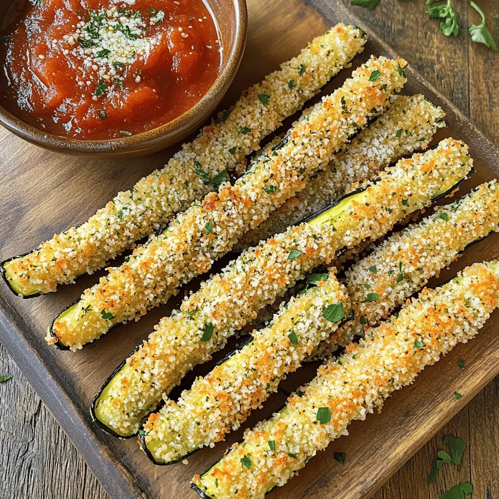 - Zucchini: Choose firm, fresh zucchinis. Look for bright green skin and no soft spots. Medium-sized zucchinis work best. They cook evenly and have great flavor. - Breadcrumbs: Panko breadcrumbs are best for this recipe. They are light and airy, giving the fries a wonderful crunch. Regular breadcrumbs can work, but they won’t be as crispy. - Seasonings: Garlic powder, onion powder, and paprika add depth to the flavor. Garlic powder gives a rich taste. Onion powder adds sweetness, while paprika brings a mild heat and a nice color. - Cheese variations: Grated cheese like mozzarella or cheddar can add a tasty twist. Sprinkle some on top before baking for extra flavor. - Extra spices: You can add spices like cayenne for heat or Italian herbs for a fresh taste. Experiment with your favorites to make these fries your own. For the full recipe, check out the instructions above! To make great zucchini fries, start with cutting. Slice the zucchini into even sticks. Aim for about ¼ inch thick. This size helps them cook well. If the pieces are too thick, they won't crisp up. If they're too thin, they might burn. Next, moisture is your enemy here. Zucchini has a lot of water. To reduce it, sprinkle salt on the cut fries. Let them sit for 10-15 minutes. This draws out excess moisture. After that, pat them dry with a paper towel. Now, let’s coat the zucchini fries. First, dip each fry in the beaten eggs. Make sure it’s coated well but not dripping. This helps the breadcrumbs stick. Then, roll the fries in the breadcrumb mix. Press lightly to ensure even coverage. This step is key for maximum crispiness. If they aren't coated well, they won't have that crunchy bite we crave. Preheat your oven to 425°F (220°C). This step is crucial for getting that golden color. A hot oven helps achieve the perfect crunch. Arrange the fries in a single layer on the baking sheet. Avoid crowding them. If they touch, they will steam instead of bake. Lightly spray or drizzle olive oil on top. This helps them brown beautifully. Bake for 20-25 minutes. Flip them halfway through for even cooking. Look for a golden brown color and crispy texture. Once done, let them cool for a few minutes. Enjoy your crispy baked zucchini fries! Don't forget to check the Full Recipe for more details. To make your zucchini fries extra crispy, use a convection oven. This setting helps circulate hot air, which cooks the fries evenly. If you only have a conventional oven, don’t worry! You can still achieve great results. Just make sure to flip the fries halfway through baking. Let the fries rest for a few minutes after baking. This resting time allows steam to escape. If you serve them right away, they may become soggy. Give them a moment to cool and firm up. Pair your crispy zucchini fries with tasty dips. Marinara sauce is a classic option that adds a rich flavor. Ranch dressing or garlic aioli also works well for a creamy contrast. For a beautiful presentation, arrange the fries on a large platter. You can add a small bowl of sauce in the center. Garnish with chopped herbs or an extra sprinkle of Parmesan cheese. This makes the dish pop and look inviting. For the full recipe, check out the Crispy Baked Zucchini Fries 🥒 section. Enjoy these healthy snacks! {{image_2}} You can easily change the flavor of your zucchini fries. One great option is to make spicy zucchini fries. Just add some cayenne pepper or chili powder to your breading mix. Start with a small amount and adjust to your heat level. This simple twist gives your fries a nice kick. Another fun option is using fresh herbs. You can add chopped parsley, basil, or even dill to your breadcrumb mix. Fresh herbs boost flavor and make your fries more colorful. These small changes can make a big difference in taste. If you want to try different cooking methods, the air fryer is a fantastic option. Preheat your air fryer to 400°F (200°C). Place the breaded zucchini fries in a single layer. Cook for about 10-15 minutes, shaking the basket halfway through. This method gives you the same crispy texture with less oil. Grilling zucchini fries can also add a smoky flavor. Slice your zucchini into thicker strips for grilling. Brush them lightly with olive oil and season as you like. Grill over medium heat for about 4-5 minutes on each side. You'll get a delicious taste that pairs well with summer meals. For the complete recipe, check the full recipe section to ensure you don’t miss any steps or ingredients! To keep your crispy baked zucchini fries fresh, store them in an airtight container. Let the fries cool completely before sealing them. This helps prevent moisture buildup, which can make them soggy. You can keep them in the fridge for up to three days. For reheating, the oven is best. Preheat it to 375°F (190°C). Place the fries on a baking sheet and heat for about 10 minutes. This helps regain their crispiness. If you're short on time, the microwave works, but be aware that it may not keep the fries crispy. You can freeze zucchini fries before or after baking. For freezing before baking, prepare the fries up to the breading step. Lay them on a baking sheet in a single layer and freeze them for about an hour. Once frozen, transfer them to a freezer bag. This way, they won't stick together. If you want to freeze them after baking, let the fries cool completely first. Place them in a freezer bag, removing as much air as possible. To maintain texture when reheating, use the oven method. Preheat to 375°F (190°C) and heat for about 15-20 minutes. Keep an eye on them so they don’t burn. For the full recipe, check out the recipe section above. Yes, you can use other vegetables for this recipe. Try carrots, sweet potatoes, or eggplant. Cut them into similar fry shapes. Each vegetable has a different taste and texture, adding variety to your snacks. For example, sweet potatoes give a sweet flavor. Eggplant offers a unique taste and goes well with the same coating. To avoid soggy fries, follow a few simple steps. First, make sure to remove excess moisture. Pat the zucchini with a paper towel before coating. Second, allow enough space on the baking sheet. If the fries touch, they will steam instead of crisp. Finally, bake them at a high temperature, like 425°F, as this helps create a crunchy exterior. Zucchini fries pair well with many tasty options. Try them with marinara sauce for a classic dip. Ranch dressing also complements the flavors. For a spicy kick, serve with sriracha or hot sauce. You can enjoy these fries as a side dish with burgers or sandwiches, or even as a snack on their own. For the full recipe, check out the Crispy Baked Zucchini Fries 🥒 section. Crispy baked zucchini fries are simple and tasty. In this post, I shared key ingredients, like zucchini and panko breadcrumbs, for crunch. I outlined steps to prepare, bread, and bake your fries perfectly. Tips for crispy results included choosing the right oven setting and serving with fun dips. You can try flavor twists and other cooking methods for variety. Remember to store leftover fries properly to enjoy them later. With these insights, your zucchini fries will impress at dinner or parties! Enjoy your cooking journey and happy baking!