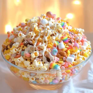- 2 cups popcorn (popped, unsalted) - 1 cup rainbow-colored cereal (like Fruit Loops) - 1 cup mini marshmallows - 1 cup pastel-colored candy-coated chocolates - 1/2 cup mixed nuts (almonds, cashews, or peanuts) - 1/2 cup dried fruit (like cranberries or apricots) - 1/4 cup edible glitter (optional) - 1/4 cup white chocolate chips (melted) - Pinch of sea salt When I create Unicorn Rainbow Snack Mix, I focus on fun and color. The popcorn serves as a light base. You can use plain, unsalted popcorn for the best taste. Rainbow-colored cereal adds a burst of color and sweetness. I love using mini marshmallows because they bring a chewy texture. For candies, pastel-colored chocolates add a pop of color and sweetness. Mixed nuts add crunch and protein. Choose your favorites like almonds or cashews. Dried fruit gives a sweet and chewy contrast; cranberries work well for a tart kick. Edible glitter is optional, but it makes your mix sparkle. A drizzle of melted white chocolate binds everything together. Finally, a pinch of sea salt enhances all the flavors. - If you want a nut-free version, use seeds like sunflower or pumpkin seeds. - Swap dried fruit for fresh fruit, but add it just before serving. - For gluten-free options, ensure your cereal is gluten-free. - Vegan? Use dairy-free chocolate chips instead of white chocolate. Using fresh ingredients is key to great flavor. Fresh popcorn tastes better and has a fun crunch. Colorful ingredients also make your mix appealing. Buy nuts and dried fruits from a trusted store. Look for bright colors in your cereal and candies. Fresh ingredients make your Unicorn Rainbow Snack Mix a true delight! To start, you need popcorn. Use plain, unsalted popcorn for the best taste. You can pop it on the stove or in the microwave. If you use the microwave, pop it in a bag or bowl. Make sure it’s light and fluffy. Next, let's melt the white chocolate. Place the white chocolate chips in a microwave-safe bowl. Heat them in 20-second bursts. Stir between each round. Stop when it is smooth and shiny. Be careful not to overheat it; burnt chocolate is hard to fix. Now, grab a large bowl. Add the popcorn, rainbow cereal, mini marshmallows, candy-coated chocolates, mixed nuts, and dried fruit. Mix these ingredients gently. You want them to combine well without crushing anything. Now, pour the melted white chocolate over the mix. Use a spoon to drizzle it evenly. Stir gently to coat all the pieces. If you want to make it magical, sprinkle on some edible glitter now. To keep the snack mix from sticking, spread it on a baking sheet lined with parchment paper. Let it cool for about 15 minutes. This will help it set and stay crunchy. For serving, consider colorful bowls or clear jars. This makes the mix look fun and inviting. You can also sprinkle more edible glitter on top for extra sparkle. Enjoy your delightful Unicorn Rainbow Snack Mix! To get the best taste, adjust the sweetness and flavor. You can add more candy if you want it sweeter. If you like it less sweet, use fewer mini marshmallows or chocolates. Balancing these flavors makes a big difference. A touch of salt enhances the taste, so sprinkle a pinch over the mix. Salt brings out the flavors and makes each bite better. Involving kids in making this snack mix is fun! Let them choose their favorite candies or fruits. You can also let them help mix the ingredients. It’s a great way to bond and enjoy the process together. Customize the mix based on what they like. If they love peanut butter, add some peanut butter chips! For storage, use airtight containers. Glass jars or plastic bins work well. They keep the mix fresh and tasty. The snack mix stays fresh for about a week at room temperature. If you want it to last longer, you can store it in the fridge. Just make sure it's in a good container. {{image_2}} You can make Unicorn Rainbow Snack Mix for any occasion! Try these fun ideas: - Birthday Party: Use colorful sprinkles and candles for a festive touch. - Halloween: Add some spooky candies like gummy worms or candy corn. - Christmas: Use red and green candies or mini candy canes for a holiday vibe. - Easter: Swap in pastel candies and chocolate eggs for a spring treat. Seasonal changes also add creativity. In summer, add dried fruits like mango or pineapple. In fall, use pumpkin spice-flavored snacks for a cozy twist. To make your mix even more exciting, try adding: - Flavored Popcorn: Look for caramel, cheese, or chocolate popcorn for a unique flavor. - Seeds: Pumpkin or sunflower seeds add crunch and nutrition. - Chocolate Alternatives: Swap white chocolate for dark chocolate or yogurt-covered treats. These additions can boost taste and make your snack mix truly special. You can make a healthier Unicorn Rainbow Snack Mix too! Here are some ideas: - Reduce Sugar: Use less candy and more nuts or fruit to lower sugar content. - Nutritional Enhancements: Add chia seeds or flaxseeds for extra fiber and nutrients. These tweaks help you enjoy a fun treat while keeping it nutritious. To keep your Unicorn Rainbow Snack Mix fresh for a few days, store it in an airtight container. This helps keep moisture out and prevents the mix from getting soggy. You can also place it in a cool, dark place, away from sunlight. Make sure to avoid opening the container too often. This action exposes the mix to air, which can affect its crunchiness. If you want to enjoy the snack mix later, consider freezing it. Use a freezer-safe bag or container to store it. Remove as much air as possible before sealing. The mix can last up to three months in the freezer. When you want to eat it, let it thaw at room temperature. Watch for signs that your snack mix has gone stale. If it loses its crunch or develops an off smell, it’s time to toss it. The colors may fade too, indicating it’s past its prime. The best containers for storing your snack mix are glass jars or plastic containers with tight lids. Glass jars help you see the colorful mix, making it fun to grab. Plastic containers are lightweight and easy to stack. Whichever container you choose, ensure it seals well to keep the mix fresh. Yes, you can make this snack mix ahead of time. Prepare it a day or two in advance. Store it in an airtight container to keep it fresh. This way, you save time on the day of your event. Just be careful not to add the edible glitter until you serve it. This keeps the mix looking bright and fun. Absolutely! Unicorn Rainbow Snack Mix is perfect for parties. Its bright colors catch everyone's eye. Serve it in clear jars or colorful bowls for a fun display. You can even add extra edible glitter on top for a magical touch. This snack mix works well for kids' parties, movie nights, or any fun gathering. You can find pre-made Unicorn Rainbow Snack Mix at specialty stores or online. Brands like GourmetGiftBaskets.com and SnackCrate offer tasty options. Check local stores for fun treats in the candy aisle. If you prefer, you can always use the Full Recipe to make your own at home. This blog post walked through making a fun Unicorn Rainbow Snack Mix. We covered ingredients, including alternatives and where to buy them. I provided step-by-step instructions for preparation, mixing, and serving. You also learned tips for storage and ways to customize your mix. Remember, using fresh ingredients can boost flavor. Experiment with different add-ins to keep things interesting. Enjoy making this colorful snack with family or friends. Your next gathering will be a hit!
