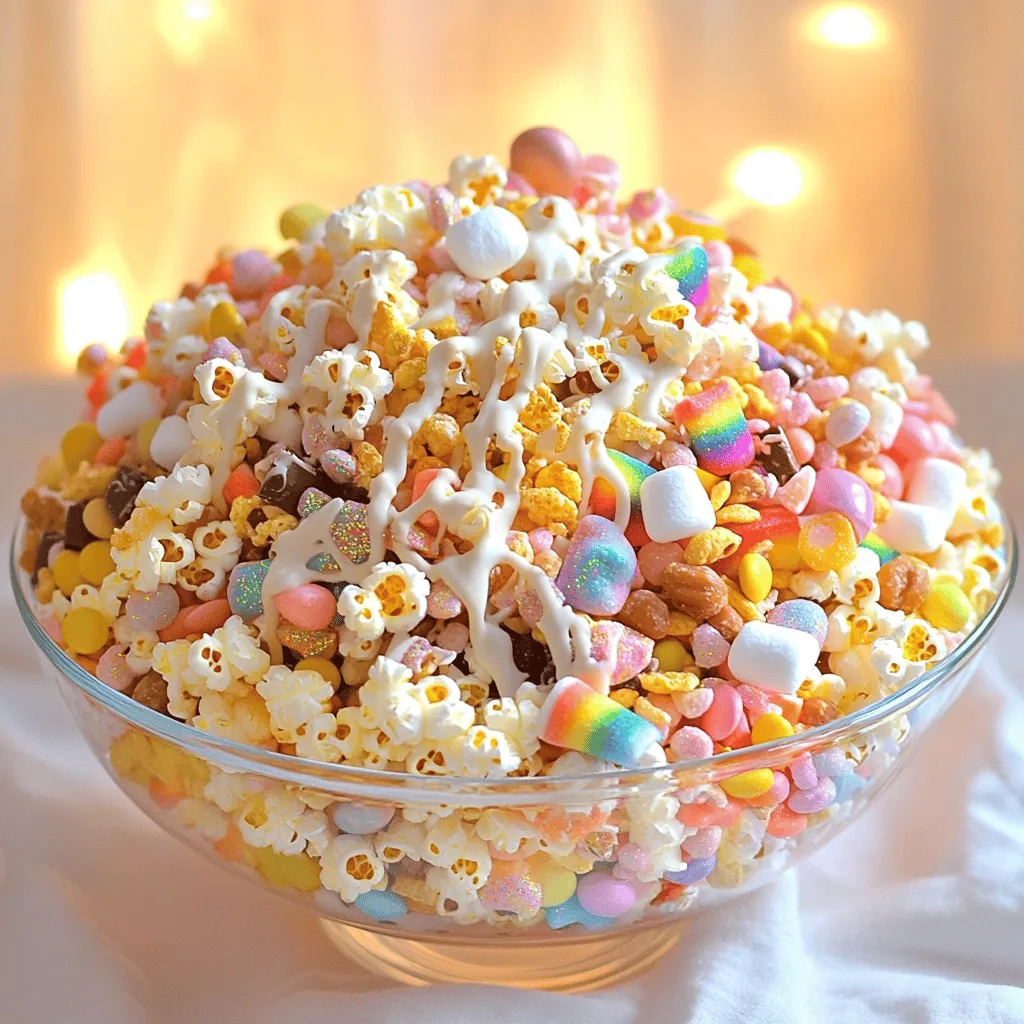 - 2 cups popcorn (popped, unsalted) - 1 cup rainbow-colored cereal (like Fruit Loops) - 1 cup mini marshmallows - 1 cup pastel-colored candy-coated chocolates - 1/2 cup mixed nuts (almonds, cashews, or peanuts) - 1/2 cup dried fruit (like cranberries or apricots) - 1/4 cup edible glitter (optional) - 1/4 cup white chocolate chips (melted) - Pinch of sea salt When I create Unicorn Rainbow Snack Mix, I focus on fun and color. The popcorn serves as a light base. You can use plain, unsalted popcorn for the best taste. Rainbow-colored cereal adds a burst of color and sweetness. I love using mini marshmallows because they bring a chewy texture. For candies, pastel-colored chocolates add a pop of color and sweetness. Mixed nuts add crunch and protein. Choose your favorites like almonds or cashews. Dried fruit gives a sweet and chewy contrast; cranberries work well for a tart kick. Edible glitter is optional, but it makes your mix sparkle. A drizzle of melted white chocolate binds everything together. Finally, a pinch of sea salt enhances all the flavors. - If you want a nut-free version, use seeds like sunflower or pumpkin seeds. - Swap dried fruit for fresh fruit, but add it just before serving. - For gluten-free options, ensure your cereal is gluten-free. - Vegan? Use dairy-free chocolate chips instead of white chocolate. Using fresh ingredients is key to great flavor. Fresh popcorn tastes better and has a fun crunch. Colorful ingredients also make your mix appealing. Buy nuts and dried fruits from a trusted store. Look for bright colors in your cereal and candies. Fresh ingredients make your Unicorn Rainbow Snack Mix a true delight! To start, you need popcorn. Use plain, unsalted popcorn for the best taste. You can pop it on the stove or in the microwave. If you use the microwave, pop it in a bag or bowl. Make sure it’s light and fluffy. Next, let's melt the white chocolate. Place the white chocolate chips in a microwave-safe bowl. Heat them in 20-second bursts. Stir between each round. Stop when it is smooth and shiny. Be careful not to overheat it; burnt chocolate is hard to fix. Now, grab a large bowl. Add the popcorn, rainbow cereal, mini marshmallows, candy-coated chocolates, mixed nuts, and dried fruit. Mix these ingredients gently. You want them to combine well without crushing anything. Now, pour the melted white chocolate over the mix. Use a spoon to drizzle it evenly. Stir gently to coat all the pieces. If you want to make it magical, sprinkle on some edible glitter now. To keep the snack mix from sticking, spread it on a baking sheet lined with parchment paper. Let it cool for about 15 minutes. This will help it set and stay crunchy. For serving, consider colorful bowls or clear jars. This makes the mix look fun and inviting. You can also sprinkle more edible glitter on top for extra sparkle. Enjoy your delightful Unicorn Rainbow Snack Mix! To get the best taste, adjust the sweetness and flavor. You can add more candy if you want it sweeter. If you like it less sweet, use fewer mini marshmallows or chocolates. Balancing these flavors makes a big difference. A touch of salt enhances the taste, so sprinkle a pinch over the mix. Salt brings out the flavors and makes each bite better. Involving kids in making this snack mix is fun! Let them choose their favorite candies or fruits. You can also let them help mix the ingredients. It’s a great way to bond and enjoy the process together. Customize the mix based on what they like. If they love peanut butter, add some peanut butter chips! For storage, use airtight containers. Glass jars or plastic bins work well. They keep the mix fresh and tasty. The snack mix stays fresh for about a week at room temperature. If you want it to last longer, you can store it in the fridge. Just make sure it's in a good container. {{image_2}} You can make Unicorn Rainbow Snack Mix for any occasion! Try these fun ideas: - Birthday Party: Use colorful sprinkles and candles for a festive touch. - Halloween: Add some spooky candies like gummy worms or candy corn. - Christmas: Use red and green candies or mini candy canes for a holiday vibe. - Easter: Swap in pastel candies and chocolate eggs for a spring treat. Seasonal changes also add creativity. In summer, add dried fruits like mango or pineapple. In fall, use pumpkin spice-flavored snacks for a cozy twist. To make your mix even more exciting, try adding: - Flavored Popcorn: Look for caramel, cheese, or chocolate popcorn for a unique flavor. - Seeds: Pumpkin or sunflower seeds add crunch and nutrition. - Chocolate Alternatives: Swap white chocolate for dark chocolate or yogurt-covered treats. These additions can boost taste and make your snack mix truly special. You can make a healthier Unicorn Rainbow Snack Mix too! Here are some ideas: - Reduce Sugar: Use less candy and more nuts or fruit to lower sugar content. - Nutritional Enhancements: Add chia seeds or flaxseeds for extra fiber and nutrients. These tweaks help you enjoy a fun treat while keeping it nutritious. To keep your Unicorn Rainbow Snack Mix fresh for a few days, store it in an airtight container. This helps keep moisture out and prevents the mix from getting soggy. You can also place it in a cool, dark place, away from sunlight. Make sure to avoid opening the container too often. This action exposes the mix to air, which can affect its crunchiness. If you want to enjoy the snack mix later, consider freezing it. Use a freezer-safe bag or container to store it. Remove as much air as possible before sealing. The mix can last up to three months in the freezer. When you want to eat it, let it thaw at room temperature. Watch for signs that your snack mix has gone stale. If it loses its crunch or develops an off smell, it’s time to toss it. The colors may fade too, indicating it’s past its prime. The best containers for storing your snack mix are glass jars or plastic containers with tight lids. Glass jars help you see the colorful mix, making it fun to grab. Plastic containers are lightweight and easy to stack. Whichever container you choose, ensure it seals well to keep the mix fresh. Yes, you can make this snack mix ahead of time. Prepare it a day or two in advance. Store it in an airtight container to keep it fresh. This way, you save time on the day of your event. Just be careful not to add the edible glitter until you serve it. This keeps the mix looking bright and fun. Absolutely! Unicorn Rainbow Snack Mix is perfect for parties. Its bright colors catch everyone's eye. Serve it in clear jars or colorful bowls for a fun display. You can even add extra edible glitter on top for a magical touch. This snack mix works well for kids' parties, movie nights, or any fun gathering. You can find pre-made Unicorn Rainbow Snack Mix at specialty stores or online. Brands like GourmetGiftBaskets.com and SnackCrate offer tasty options. Check local stores for fun treats in the candy aisle. If you prefer, you can always use the Full Recipe to make your own at home. This blog post walked through making a fun Unicorn Rainbow Snack Mix. We covered ingredients, including alternatives and where to buy them. I provided step-by-step instructions for preparation, mixing, and serving. You also learned tips for storage and ways to customize your mix. Remember, using fresh ingredients can boost flavor. Experiment with different add-ins to keep things interesting. Enjoy making this colorful snack with family or friends. Your next gathering will be a hit!