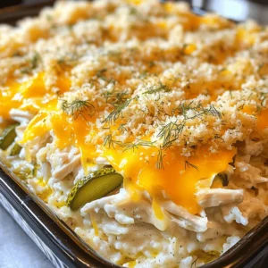 To make Pickle Ranch Chicken Casserole, you will need: - 2 cups cooked chicken, shredded - 1 cup dill pickles, chopped - 1 cup ranch dressing - 1 cup shredded cheddar cheese - 1 cup cooked rice (jasmine or basmati works well) - 1/2 cup sour cream - 1 teaspoon garlic powder - 1/2 teaspoon onion powder - 1/2 teaspoon black pepper - 1/4 teaspoon salt - 1 cup panko breadcrumbs - 1 tablespoon olive oil - Fresh dill for garnish (optional) If you don’t have some ingredients, here are good swaps: - Use Greek yogurt instead of sour cream for a tangy twist. - Swap the chicken for turkey for a different flavor. - You can replace dill pickles with sweet pickles if you want more sweetness. - For a lower-fat option, use light ranch dressing. - If you have no panko, regular breadcrumbs work too. Fresh ingredients often bring better flavor and texture. For example, fresh dill pickles add crunch. Canned ingredients may lack the same taste and can be mushy. Fresh chicken tastes juicier than canned. Always choose fresh when possible, especially for key ingredients. This choice can elevate your casserole from good to great! Start by gathering all your ingredients. This makes it easy to mix them together. In a big bowl, combine the shredded chicken and chopped dill pickles. Add the ranch dressing, shredded cheddar cheese, cooked rice, sour cream, garlic powder, onion powder, black pepper, and salt. Mix everything well until it looks smooth and creamy. This step blends the tangy pickles with the rich ranch flavor. Now, transfer this mixture into a greased 9x13 inch baking dish. Spread it evenly so every bite has the same taste. Preheat your oven to 350°F (175°C). This is key for even cooking. Once your oven is ready, put the baking dish inside. Bake for 30-35 minutes. You want the top to turn golden brown, and the casserole should be bubbly. Keep an eye on it, so it doesn’t overcook. To check if it’s done, look for a golden crust on top. You can also use a fork to poke the center. If it’s hot and bubbly, it's ready to eat. Let it cool for 5-10 minutes before serving. This helps the flavors set. Enjoy your delicious Pickle Ranch Chicken Casserole! For the full recipe, check the earlier section. To keep your casserole moist, use cooked chicken that has some fat. Shredded rotisserie chicken works great. Mix in enough ranch dressing and sour cream for creaminess. Ensure you bake it just long enough to heat through. Overbaking can dry it out. Cover the dish with foil for the first half of baking. This traps steam and keeps moisture in. You will need a few basic tools for this recipe. Here’s what I recommend: - Large mixing bowl - 9x13 inch baking dish - Whisk for mixing ingredients - Measuring cups and spoons - Spatula for spreading the mixture - Knife and cutting board for chopping These tools make the cooking process smooth and easy. One common mistake is using too little seasoning. The ranch dressing adds flavor, but don’t skip the garlic and onion powders. Another mistake is not letting the casserole rest after baking. This allows it to set and makes serving easier. Avoid using cold chicken; it should be at room temperature. Lastly, don’t forget to check the doneness. The top should be golden brown for the best texture. For the full recipe, check the main article! {{image_2}} You can make this dish vegetarian or vegan with easy swaps. Use cooked jackfruit or chickpeas instead of chicken. For a vegan ranch dressing, choose a plant-based option. Just replace sour cream with a vegan version, like cashew cream or coconut yogurt. The dish will still be creamy and tasty. Adding spices or herbs boosts flavor. Try smoked paprika or red pepper flakes for a kick. Fresh herbs like basil or parsley can brighten the dish. For extra crunch, add chopped bell peppers or green onions. These simple add-ins make the casserole even more enjoyable. You can prepare this casserole in a slow cooker or Instant Pot. For the slow cooker, mix all ingredients and cook on low for 6 hours. In an Instant Pot, use the sauté function first, then add the mixture with a cup of water. Cook on high pressure for 15 minutes. Both methods create a delicious meal with less time in the oven. Check out the Full Recipe for more details. To store leftover Pickle Ranch Chicken Casserole, let it cool first. Place it in an airtight container. This keeps the dish fresh and prevents odors. You can store it in the fridge for up to three days. If you use a glass dish, you can cover it tightly with plastic wrap. When you want to enjoy the casserole again, preheat your oven to 350°F (175°C). Place the casserole in a baking dish if it’s not already. Cover it with foil to keep moisture in. Heat for about 20-25 minutes, or until it's warm throughout. You can also use a microwave. Just heat it in a microwave-safe dish for 2-3 minutes, stirring halfway through. To freeze, cool the casserole completely. Cut it into portion sizes for easy thawing. Wrap each piece in plastic wrap, then place it in a freezer bag. This way, you can pull out just what you need. It will last in the freezer for about three months. To thaw, move it to the fridge overnight. Reheat as described above for the best taste. Enjoy your meal! Yes, you can use many types of chicken. Cooked rotisserie chicken works great. You can also use leftover grilled chicken or even poached chicken. Just make sure it's shredded or diced. This adds flavor and makes it easy to mix. If you want a leaner option, use chicken breast. For more flavor, use dark meat. The choice is yours! To make this dish gluten-free, swap out the panko breadcrumbs. Use gluten-free breadcrumbs or crushed gluten-free crackers instead. Make sure your ranch dressing is gluten-free as well. You can find many brands that cater to this need. Always check labels to be safe. With these simple swaps, everyone can enjoy this tasty casserole! This dish pairs well with many sides. You can serve it with a fresh green salad for a light option. Steamed veggies like broccoli or green beans also work well. If you like carbs, try garlic bread or a warm dinner roll. For a fun twist, serve it with pickled vegetables to match the casserole's flavor. Enjoy mixing and matching until you find your favorite pairings! In this blog post, we explored the essential ingredients for the Pickle Ranch Chicken Casserole, including fresh versus canned options. I shared step-by-step instructions to ensure perfect baking every time. You learned useful tips to keep your casserole moist and avoid common mistakes. We also discussed tasty variations and proper storage techniques for leftovers. You now have the tools to make this dish your own. Enjoy experimenting and making it a family favorite!