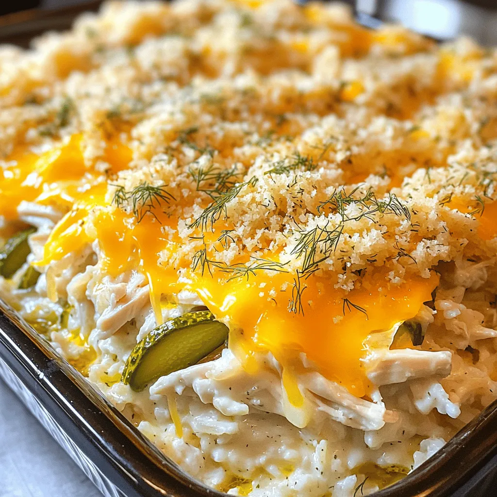 To make Pickle Ranch Chicken Casserole, you will need: - 2 cups cooked chicken, shredded - 1 cup dill pickles, chopped - 1 cup ranch dressing - 1 cup shredded cheddar cheese - 1 cup cooked rice (jasmine or basmati works well) - ½ cup sour cream - 1 teaspoon garlic powder - ½ teaspoon onion powder - ½ teaspoon black pepper - ¼ teaspoon salt - 1 cup panko breadcrumbs - 1 tablespoon olive oil - Fresh dill for garnish (optional) If you don’t have some ingredients, here are good swaps: - Use Greek yogurt instead of sour cream for a tangy twist. - Swap the chicken for turkey for a different flavor. - You can replace dill pickles with sweet pickles if you want more sweetness. - For a lower-fat option, use light ranch dressing. - If you have no panko, regular breadcrumbs work too. Fresh ingredients often bring better flavor and texture. For example, fresh dill pickles add crunch. Canned ingredients may lack the same taste and can be mushy. Fresh chicken tastes juicier than canned. Always choose fresh when possible, especially for key ingredients. This choice can elevate your casserole from good to great! Start by gathering all your ingredients. This makes it easy to mix them together. In a big bowl, combine the shredded chicken and chopped dill pickles. Add the ranch dressing, shredded cheddar cheese, cooked rice, sour cream, garlic powder, onion powder, black pepper, and salt. Mix everything well until it looks smooth and creamy. This step blends the tangy pickles with the rich ranch flavor. Now, transfer this mixture into a greased 9x13 inch baking dish. Spread it evenly so every bite has the same taste. Preheat your oven to 350°F (175°C). This is key for even cooking. Once your oven is ready, put the baking dish inside. Bake for 30-35 minutes. You want the top to turn golden brown, and the casserole should be bubbly. Keep an eye on it, so it doesn’t overcook. To check if it’s done, look for a golden crust on top. You can also use a fork to poke the center. If it’s hot and bubbly, it's ready to eat. Let it cool for 5-10 minutes before serving. This helps the flavors set. Enjoy your delicious Pickle Ranch Chicken Casserole! For the full recipe, check the earlier section. To keep your casserole moist, use cooked chicken that has some fat. Shredded rotisserie chicken works great. Mix in enough ranch dressing and sour cream for creaminess. Ensure you bake it just long enough to heat through. Overbaking can dry it out. Cover the dish with foil for the first half of baking. This traps steam and keeps moisture in. You will need a few basic tools for this recipe. Here’s what I recommend: - Large mixing bowl - 9x13 inch baking dish - Whisk for mixing ingredients - Measuring cups and spoons - Spatula for spreading the mixture - Knife and cutting board for chopping These tools make the cooking process smooth and easy. One common mistake is using too little seasoning. The ranch dressing adds flavor, but don’t skip the garlic and onion powders. Another mistake is not letting the casserole rest after baking. This allows it to set and makes serving easier. Avoid using cold chicken; it should be at room temperature. Lastly, don’t forget to check the doneness. The top should be golden brown for the best texture. For the full recipe, check the main article! {{image_2}} You can make this dish vegetarian or vegan with easy swaps. Use cooked jackfruit or chickpeas instead of chicken. For a vegan ranch dressing, choose a plant-based option. Just replace sour cream with a vegan version, like cashew cream or coconut yogurt. The dish will still be creamy and tasty. Adding spices or herbs boosts flavor. Try smoked paprika or red pepper flakes for a kick. Fresh herbs like basil or parsley can brighten the dish. For extra crunch, add chopped bell peppers or green onions. These simple add-ins make the casserole even more enjoyable. You can prepare this casserole in a slow cooker or Instant Pot. For the slow cooker, mix all ingredients and cook on low for 6 hours. In an Instant Pot, use the sauté function first, then add the mixture with a cup of water. Cook on high pressure for 15 minutes. Both methods create a delicious meal with less time in the oven. Check out the Full Recipe for more details. To store leftover Pickle Ranch Chicken Casserole, let it cool first. Place it in an airtight container. This keeps the dish fresh and prevents odors. You can store it in the fridge for up to three days. If you use a glass dish, you can cover it tightly with plastic wrap. When you want to enjoy the casserole again, preheat your oven to 350°F (175°C). Place the casserole in a baking dish if it’s not already. Cover it with foil to keep moisture in. Heat for about 20-25 minutes, or until it's warm throughout. You can also use a microwave. Just heat it in a microwave-safe dish for 2-3 minutes, stirring halfway through. To freeze, cool the casserole completely. Cut it into portion sizes for easy thawing. Wrap each piece in plastic wrap, then place it in a freezer bag. This way, you can pull out just what you need. It will last in the freezer for about three months. To thaw, move it to the fridge overnight. Reheat as described above for the best taste. Enjoy your meal! Yes, you can use many types of chicken. Cooked rotisserie chicken works great. You can also use leftover grilled chicken or even poached chicken. Just make sure it's shredded or diced. This adds flavor and makes it easy to mix. If you want a leaner option, use chicken breast. For more flavor, use dark meat. The choice is yours! To make this dish gluten-free, swap out the panko breadcrumbs. Use gluten-free breadcrumbs or crushed gluten-free crackers instead. Make sure your ranch dressing is gluten-free as well. You can find many brands that cater to this need. Always check labels to be safe. With these simple swaps, everyone can enjoy this tasty casserole! This dish pairs well with many sides. You can serve it with a fresh green salad for a light option. Steamed veggies like broccoli or green beans also work well. If you like carbs, try garlic bread or a warm dinner roll. For a fun twist, serve it with pickled vegetables to match the casserole's flavor. Enjoy mixing and matching until you find your favorite pairings! In this blog post, we explored the essential ingredients for the Pickle Ranch Chicken Casserole, including fresh versus canned options. I shared step-by-step instructions to ensure perfect baking every time. You learned useful tips to keep your casserole moist and avoid common mistakes. We also discussed tasty variations and proper storage techniques for leftovers. You now have the tools to make this dish your own. Enjoy experimenting and making it a family favorite!