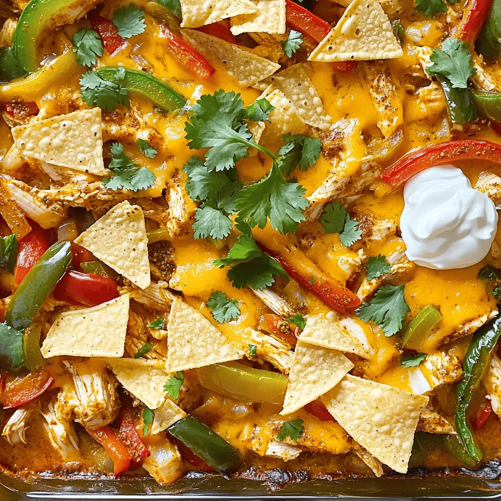 - 2 boneless, skinless chicken breasts, sliced thin - 1 red bell pepper, sliced - 1 green bell pepper, sliced - 1 yellow onion, sliced - 2 tablespoons olive oil - 2 tablespoons fajita seasoning - 1 cup shredded cheddar cheese - 1 cup salsa - 8 small flour tortillas - Fresh cilantro, for garnish - Sour cream or Greek yogurt, for serving (optional) The first step is to gather your main ingredients. You need chicken and vegetables. Choose fresh, vibrant bell peppers. They add color and crunch. The fajita seasoning brings bold flavor to the dish. You can buy it pre-made or mix your own spices. Next, we add cheese and tortillas. Shredded cheddar melts beautifully on top. It gives a creamy texture to each bite. The tortillas will create a crispy topping. This makes the dish even more appealing. You can find the full recipe to see all the steps. Enjoy cooking this dish with these simple, tasty ingredients! Preheating the Oven Start by preheating your oven to 375°F (190°C). This step is key for even cooking. Mixing Ingredients In a large bowl, combine the sliced chicken, bell peppers, onion, olive oil, and fajita seasoning. Toss well until all the pieces are coated. This mix is where the flavors start to build. Assembling the Dish Grab a 9x13 inch baking dish. Spread the chicken and vegetable mix evenly across the bottom. Pour the salsa over the top, spreading it out evenly. Now, sprinkle the shredded cheddar cheese across the mixture. This will melt and create a delicious layer. Tear the flour tortillas into bite-sized pieces and scatter them on top. This adds a nice crispy texture when it bakes. Covering and Initial Bake Cover the baking dish with aluminum foil. Bake for 25 minutes. This keeps the dish moist and helps the chicken cook through. Uncovering and Final Bake After 25 minutes, carefully remove the foil. Bake for an additional 10-15 minutes. Look for the cheese to be bubbling and golden brown. This is when it gets really tasty! Cooling and Serving Once baked, remove the dish from the oven. Let it cool for a few minutes to avoid burns. Garnish with fresh cilantro. Serve with sour cream or Greek yogurt on the side for a creamy touch. Enjoy your Easy Chicken Fajita Bake! For the complete recipe, check the [Full Recipe]. - Cutting Chicken and Vegetables: Slice the chicken and vegetables evenly. Thin slices cook faster. Aim for about a quarter-inch thickness. This ensures the chicken stays juicy while the veggies soften nicely. - Achieving Maximum Flavor: Use fresh fajita seasoning. You can also make your own with chili powder, cumin, and garlic powder. Toss the chicken and veggies well in olive oil and seasoning. Let them marinate for 15-30 minutes if you have time. This boosts the taste. - Ensuring Proper Baking: Preheat your oven to 375°F first. Cover the dish with foil for the first bake. This keeps moisture in. Remove the foil later for a crispy cheese topping. Bake until the cheese is golden and bubbly. This usually takes 10-15 extra minutes. - Ideal Accompaniments: Pair your fajita bake with rice or beans. These sides balance the flavors well. You can also enjoy it with tortilla chips for some added crunch. - Adding Garnishes: Fresh cilantro adds a bright flavor. Sour cream or Greek yogurt gives a creamy touch. You can also add avocado slices for creaminess. - Make-Ahead Tips: Prepare the chicken and veggies the night before. Store them in the fridge. You can assemble and bake the dish in the morning. This saves time and makes for a quick meal. For the full recipe, check out Easy Chicken Fajita Bake. {{image_2}} Protein Alternatives You can change the chicken to make this dish your own. Try using shrimp or beef strips instead. For a lighter option, use turkey. Each protein adds a unique flavor and texture. Vegetable Customizations Feel free to swap any veggie you like. Try zucchini, mushrooms, or corn for a twist. You could even add spinach or kale for a healthy boost. Mixing colors makes the dish pop and taste better. Different Cheeses Cheese adds creaminess and flavor. If you want a stronger taste, use pepper jack or Monterey Jack. For a milder flavor, stick with mozzarella. Mixing cheeses can also give a tasty result. Adjusting Spice Levels You can make this dish as spicy or mild as you want. If you prefer less heat, lessen the fajita seasoning. You can also leave out spicy peppers or use sweet bell peppers instead. Adding Heat with Peppers If you love spice, add jalapeños or serrano peppers. You can slice them thin and mix them in with the other veggies. This will give your dish a nice kick without overpowering. Creating a Vegetarian Version To make a vegetarian version, leave out the chicken. Replace it with extra beans or tofu for protein. You can still use all the same veggies and spices. This keeps the flavors strong and satisfying. For the full recipe, check out [Full Recipe]. Refrigeration Tips After enjoying your Easy Chicken Fajita Bake, store leftovers in an airtight container. Make sure to cool the dish to room temperature first. Place the container in the fridge. Properly stored, it will last for up to four days. If you want to keep it fresh longer, consider freezing it. Freezing Guidelines For freezing, use a freezer-safe container. You can also wrap individual portions in plastic wrap and then place them in a freezer bag. This way, you can take out just what you need later. The dish can be frozen for up to three months. Just remember to label your container with the date. Oven Method To reheat in the oven, preheat it to 350°F (175°C). Place the fajita bake in a baking dish. Cover it with foil to keep it moist. Heat for about 20-25 minutes or until it’s hot throughout. Remove the foil for the last few minutes if you want a crispy top. Microwave Method For a quick reheating option, use the microwave. Place a single portion on a microwave-safe plate. Cover it with a microwave-safe lid or wrap. Heat on high for 1-2 minutes. Check if it’s hot enough; if not, heat in 30-second intervals until warm. Can I use frozen chicken for this recipe? Yes, you can use frozen chicken. Just make sure to thaw it first. Thaw it in the fridge overnight or use the microwave. This helps the chicken cook evenly. Frozen chicken may take longer to bake. Check it with a meat thermometer; it should be 165°F (74°C). How can I make this dish gluten-free? To make this dish gluten-free, swap out the flour tortillas for corn tortillas. Many brands offer tasty gluten-free options. Also, check the fajita seasoning for gluten. Some brands have gluten-free blends. With these simple swaps, you’ll enjoy the same great taste! What to serve with Easy Chicken Fajita Bake? You can serve this dish with a fresh salad or rice. Black beans or corn are also great sides. Add sour cream or Greek yogurt for extra creaminess. Fresh cilantro on top makes it look nice and adds flavor. You can find the full recipe in the article for more details. This blog post covered how to make a tasty chicken fajita bake. We looked at the main ingredients like chicken, vegetables, and tortillas. I shared step-by-step instructions for preparing and baking. You learned useful tips for flavor and serving ideas. We also explored variations, including swaps for proteins and spices. Lastly, we discussed storage and reheating methods. Try this recipe for a fun meal. Adjust it to your taste and enjoy cooking!