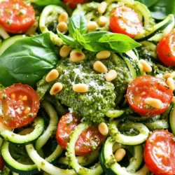 - 2 medium zucchinis, spiralized - 1 cup cherry tomatoes, halved - 1 cup fresh spinach leaves - 1/2 cup homemade or store-bought basil pesto - 1/4 cup pine nuts, toasted - 1/4 cup grated Parmesan cheese (optional) - Salt and pepper to taste - Fresh basil leaves for garnish To make a great Pesto Zoodle Salad, focus on fresh ingredients. Zucchini noodles, or zoodles, serve as the base. Zoodles have a light texture and absorb flavors well. Cherry tomatoes add sweetness and color. Fresh spinach gives a nutrient boost and a nice crunch. The pesto brings bold flavor to the salad. You can use homemade pesto for a fresh taste or store-bought for convenience. Pine nuts add a nutty crunch and a touch of richness. Grated Parmesan cheese enhances the umami flavor, but it’s optional. Don’t forget salt and pepper to lift the dish. Fresh basil leaves are the perfect garnish. They add a pop of color and fresh aroma. This simple list of ingredients creates a fresh and flavorful dish. For the Full Recipe, check the detailed instructions. To start, grab two medium zucchinis. Use a spiralizer to turn them into zoodles. If you lack a spiralizer, a vegetable peeler works too. Just make thin ribbons. Zoodles are light and soak up flavors well. This dish stays fresh and vibrant with the zoodles. Next, toast the pine nuts. Grab a small dry skillet and set it on medium heat. Add your 1/4 cup of pine nuts. Stir them often for about 3-4 minutes. They should turn golden and smell nice. Once done, set them aside to cool. Toasted pine nuts add a lovely crunch. Now, let’s mix the salad. In a large bowl, combine the zoodles, cherry tomatoes, and spinach. Pour the 1/2 cup of pesto over the zoodle mix. Toss gently so everything gets coated. Season with salt and pepper to your taste. Finally, sprinkle on the toasted pine nuts and optional Parmesan cheese. Toss lightly again. Serve it up on a platter or in bowls. Garnish with fresh basil leaves for a pop of color. Check out the Full Recipe for more details! To get the best zoodle texture, start with firm zucchinis. Look for ones without soft spots. Use a spiralizer for long, thin strands. If you don’t have one, a vegetable peeler works too. Cut the zucchinis into thin ribbons. After spiralizing, let the zoodles sit for 10 minutes. This helps remove excess water. You can also lightly salt them to draw out moisture. Pat them dry with a paper towel before mixing them into your salad. This step makes sure your salad stays crisp. Homemade pesto is simple and tasty. Use fresh basil for the best flavor. Combine basil, garlic, pine nuts, and Parmesan in a food processor. Blend until smooth. Slowly add olive oil while blending. This helps create a creamy texture. Adjust the salt and pepper to your taste. Don’t forget to taste as you go! You can also add lemon juice for a fresh zing. Store your pesto in an airtight jar. Pour a thin layer of olive oil on top to keep it fresh. When serving your pesto zoodle salad, you can add a pop of color. Use cherry tomatoes in different colors for a vibrant look. Fresh herbs, like basil or parsley, add flavor and freshness. Sprinkle toasted pine nuts on top for crunch and richness. If you want more protein, add grilled chicken or shrimp. Serve the salad cold or at room temperature. It’s a great dish for parties or lunch. For the full recipe, check out the detailed instructions above. {{image_2}} You can easily boost the protein in your pesto zoodle salad. Grilled chicken or shrimp works well. You can also use chickpeas for a plant-based option. Simply toss your choice of protein into the salad before serving. This keeps it filling and nutritious. Seasonal veggies can enhance your salad. Think about adding bell peppers or asparagus in spring. In summer, try fresh corn or snap peas. Fall brings great options like roasted butternut squash. Winter veggies like kale can add a robust flavor. Mix and match to keep the salad fresh and exciting. If you want a vegan pesto zoodle salad, swap the cheese for a nut-based alternative. You can use nutritional yeast for a cheesy flavor. Make sure your pesto is dairy-free. Many brands offer vegan pesto now. This way, you still enjoy a rich taste without animal products. For a nice crunch, add sunflower seeds or hemp hearts. This keeps the dish tasty and satisfying. For the full recipe, visit the section above. To keep your pesto zoodle salad fresh, store it in an airtight container. This helps prevent air from making the zoodles soggy. Place a paper towel inside the container. This absorbs extra moisture and keeps the salad crisp. Always store it in the fridge. The cold helps maintain its flavor and texture. You don’t need to reheat pesto zoodle salad. It tastes best cold. If you prefer warm salad, gently heat it in a skillet. Use low heat to avoid overcooking the zoodles. Stir for just a minute or two, then serve. Pesto zoodle salad lasts about 2-3 days in the fridge. After that, the zoodles may become too soft. Always check for any signs of spoilage. If it smells off or looks bad, throw it out. Enjoy your salad fresh for the best taste! Zucchini noodles, or zoodles, are a great low-carb option. They are rich in vitamins A and C. These noodles add fiber to your diet, which helps digestion. Zoodles are also low in calories, making them perfect for weight loss. They soak up flavors well, making each bite delicious. Plus, they are gluten-free, which is great for those with gluten sensitivities. Yes, you can make Pesto Zoodle Salad ahead of time. However, it’s best to store the zoodles separately from the pesto. If mixed too soon, the zoodles may become soggy. You can prep the salad and keep it in the fridge for up to two days. Just add the pesto right before serving. This keeps the salad fresh and tasty. If you don’t have a spiralizer, you can use a vegetable peeler. Just peel long strips from the zucchini. This gives you thin ribbons that work well. You can also use a box grater to create small shreds. Both methods will give you tasty zoodles for the salad. Don't worry; your salad will still be great! In this post, we explored the tasty world of Pesto Zoodle Salad. You learned about each ingredient and step, from prepping zoodles to toasting pine nuts. Tips for perfect texture and serving ideas stand out. You can add protein or seasonal veggies to mix things up. Remember to store leftovers properly to enjoy later. This dish is fun, fresh, and easy to make. It fits your healthy eating goals. Try it out, and make it your own!
